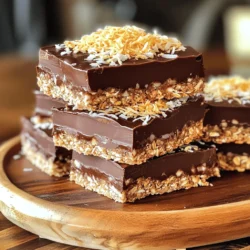 To make these tasty No-Bake Chocolate Coconut Bars, gather the following items: - 1 cup unsweetened shredded coconut - 1 cup rolled oats - 1 cup almond flour - 1/2 cup maple syrup - 1/4 cup coconut oil, melted - 1/2 cup dark chocolate chips (dairy-free if desired) - 1 teaspoon vanilla extract - A pinch of sea salt You can easily swap some ingredients for personal taste or dietary needs. If you don’t have almond flour, try using cashew flour or oat flour. For a nut-free option, you can use sunflower seed flour. Instead of maple syrup, honey or agave syrup can work as a sweetener. If you want a different flavor, use coconut milk instead of coconut oil. Lastly, any type of chocolate can replace dark chocolate chips, like milk chocolate or white chocolate. Each bar provides a delicious and nutritious treat. Here’s a quick look at what’s inside: - Calories: Approximately 180 per bar - Protein: 3g - Carbohydrates: 18g - Fat: 10g - Fiber: 3g - Sugar: 6g These bars are great for a snack or dessert. They contain healthy fats from coconut and almond flour, along with fiber from oats. Enjoy these bars as part of a balanced diet! If you want to see the full recipe, check out the recipe section. Start by gathering all your ingredients. You will need unsweetened shredded coconut, rolled oats, almond flour, maple syrup, coconut oil, dark chocolate chips, vanilla extract, and sea salt. In a large bowl, mix the shredded coconut, rolled oats, and almond flour. Make sure to mix well so they blend evenly. This step is key to a great texture. Next, we melt the dark chocolate chips. Use a microwave-safe bowl for this step. Heat the chocolate in 20-second bursts. Stir after each interval until it is smooth. Be careful not to overheat the chocolate. It should be creamy and easy to spread. Now, let's combine everything. In another bowl, whisk together maple syrup, melted coconut oil, vanilla extract, and a pinch of sea salt. Then pour this mixture over the dry ingredients. Stir until everything is coated and sticky. Line an 8x8 inch baking dish with parchment paper. Press the mixture firmly into the dish to form an even layer. Once this is done, pour the melted chocolate over the pressed mixture. Use a spatula to spread it out evenly. Place the dish in the fridge for at least two hours so the bars can set. When ready, lift the bars out using the parchment paper and cut them into squares or rectangles. Enjoy this easy no-fuss treat! For the full recipe, check the earlier section. To get the right texture, mix the dry ingredients well. This helps them stick together. When you add the wet mix, stir until everything is fully coated. This sticky mix is key for holding the bars together. Press firmly into the baking dish. A tight pack gives a great bite. Serve these bars cold for a refreshing treat. You can cut them into squares or rectangles. Place them on a nice platter for a pretty display. Try adding extra shredded coconut on top. A drizzle of melted chocolate also looks great and tastes divine. One big mistake is not letting the bars chill long enough. They need at least 2 hours to set. Skipping the parchment paper can make removal hard. Always line your dish for easy lifting. Lastly, don’t over-melt the chocolate. Stir it slowly to keep it smooth. {{image_2}} You can easily change the taste of these bars. Try adding nuts like almonds or walnuts for a crunchy texture. You can also mix in dried fruit, like cranberries or apricots, for a sweet touch. Different extracts can enhance the flavor too. For a tropical vibe, add coconut extract. For a minty twist, use peppermint extract. Each tweak makes the bars unique and fun. If you need a gluten-free version, use certified gluten-free oats. This makes the bars safe for those with gluten allergies. For a vegan option, make sure to use dairy-free chocolate chips. You can also swap maple syrup for agave nectar for a plant-based sweetener. These simple changes ensure everyone can enjoy this tasty treat. If you want a different chocolate experience, consider using white chocolate or carob chips. Both options add a new flavor while keeping the bars sweet. For a richer taste, try dark chocolate with a high cocoa content. If you prefer less sweetness, use unsweetened cocoa powder mixed into the base. Each chocolate swap can transform the recipe into something new. For the full recipe, check out the detailed instructions provided above. To keep your no-bake chocolate coconut bars fresh, store them in an airtight container. Place a layer of parchment paper between layers if stacking. This method helps avoid sticking and keeps the bars intact. Store them in the fridge for the best taste and texture. You can freeze these bars for later enjoyment. Cut them into squares or rectangles before freezing. Wrap each piece in plastic wrap and place them in a freezer-safe bag. They will stay fresh for up to three months. When you want to eat one, just take it out and let it thaw in the fridge. When stored in the fridge, these bars last about one week. If you freeze them, they can last for three months. Always check for any signs of spoilage before eating. Keeping them in a cool area helps maintain their flavor and texture. Enjoy your treats at their best! No-Bake Chocolate Coconut Bars can last for about one week in the fridge. Store them in an airtight container to keep them fresh. If you want to enjoy them later, you can freeze them. They will last up to three months in the freezer. Just make sure to wrap them well. Yes, you can use other sweeteners. Honey is a great option if you are not vegan. Agave syrup works well too. You might need to adjust the amounts based on the sweetness level you prefer. Just keep in mind that the flavor might change slightly. I recommend using dark chocolate chips for a rich flavor. You can choose dairy-free chocolate chips if you want a vegan option. You can also use semi-sweet chocolate if you like a sweeter taste. The key is to pick a chocolate you enjoy. This will make your bars even more delicious. For the best results, use high-quality chocolate. For the full recipe, check out the section above! In this post, we explored how to make tasty no-bake chocolate coconut bars. We listed key ingredients and smart substitutions. The step-by-step guide showed you how to prepare, melt, and assemble the bars. I shared tips for texture and serving ideas to avoid common errors. You also learned about fun flavor twists and how to store your bars. Now, enjoy the process and make this recipe your own!