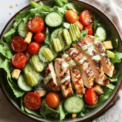 - 2 boneless, skinless chicken breasts - 1 cup buttermilk - 1 teaspoon garlic powder - 1 teaspoon paprika - Salt and pepper to taste - 2 cups romaine lettuce, chopped - 1 cup cherry tomatoes, halved - 1/2 cup sliced cucumbers - 1/3 cup sliced dill pickles - 1/2 cup Caesar dressing - 1/4 cup grated Parmesan cheese - 1/4 cup croutons For this Pickle Ranch Chicken Caesar Salad, you need fresh and tasty ingredients. The chicken breasts soak in buttermilk, which keeps them juicy. Garlic powder and paprika add flavor. You can adjust salt and pepper to your taste. To make the salad base, chop romaine lettuce into bite-sized pieces. Halve the cherry tomatoes and slice the cucumbers. Dill pickles bring a tangy punch that brightens the dish. The Caesar dressing ties everything together. Grated Parmesan cheese gives a rich, savory touch. Croutons add a satisfying crunch, making every bite exciting. - Additional vegetables like bell peppers or avocado - Homemade Caesar dressing for a personal touch Feel free to add any extra vegetables you love. Bell peppers add a sweet crunch, while avocado offers creaminess. If you want to try making your own dressing, there are many easy recipes online. You can make it as creamy or tangy as you like! For the full recipe, check the section above. First, gather your ingredients. In a bowl, mix the buttermilk, garlic powder, paprika, salt, and pepper. This marinade adds great flavor and keeps the chicken juicy. Next, immerse the chicken breasts in the mixture. Cover the bowl and refrigerate for at least one hour. This step is key for tender, tasty chicken. Now, it’s time to cook. Preheat your grill or skillet over medium heat. Once hot, take the chicken out of the marinade. Shake off any extra buttermilk. Place the chicken on the grill or skillet. Cook each side for about 6 to 7 minutes. You want nice grill marks and the chicken to be fully cooked. Let it rest for a few minutes before slicing. This helps keep it moist. In a large mixing bowl, add your chopped romaine lettuce, halved cherry tomatoes, sliced cucumbers, and dill pickles. These ingredients bring color and crunch. Drizzle Caesar dressing over the salad mixture. Toss gently to coat everything evenly. This ensures every bite is flavorful. Finally, slice the grilled chicken and place it on top of the salad. Top with grated Parmesan cheese and croutons for that satisfying crunch. You can find more details in the Full Recipe. To keep your chicken juicy, cook it for about 6-7 minutes per side. Use a meat thermometer to check for doneness; it should read 165°F. This step ensures your chicken remains moist and tender. For perfect grill marks, preheat your grill until it’s hot before placing the chicken on it. Avoid moving the chicken too soon. Let it sear for at least three minutes before flipping. This helps achieve those beautiful grill marks. To present the salad well, use large, shallow bowls. This lets the colors and textures shine. Place the sliced chicken on top of the greens for a pleasing look. Add a few extra pickles and croutons for a nice touch. For garnishing, sprinkle some grated Parmesan cheese on top. This adds flavor and elegance. You can also add fresh herbs like parsley for a pop of color. For extra flavor, consider adding spices like cumin or chili powder. They blend well with the pickle flavor. Fresh herbs, such as dill, also boost the taste. If you want to switch up the dressing, try a ranch or a yogurt-based sauce. These alternatives keep the salad fresh while adding your unique twist. For those who love heat, a spicy dressing can kick things up a notch. For the Full Recipe, refer back to the earlier section. Enjoy making your Pickle Ranch Chicken Caesar Salad! {{image_2}} You can make this salad lighter by changing the dressing. Use a low-fat Caesar dressing instead of regular. You can also try yogurt-based dressings for extra creaminess without the fat. If you want to change the protein, grilled chicken is great, but you can swap it for turkey breast or tofu. Both add protein without too many calories. To make your salad pop, consider adding toppings like avocado, bacon bits, or nuts. Each of these adds a unique taste and texture. You could also use different greens like spinach or kale instead of romaine. Try adding ingredients like olives or roasted red peppers. These bring bold flavors that can really enhance the dish. In summer, fresh corn or ripe peaches can make the salad taste even better. These seasonal ingredients add a burst of flavor and freshness. In fall, consider using roasted squash or apples. They add warmth and sweetness that work well with the other flavors. Always think about what’s fresh and in season for the best taste. For the full recipe, check out Pickle Ranch Chicken Caesar Salad. To keep your Pickle Ranch Chicken Caesar Salad fresh, store it well. Place the salad in an airtight container. Make sure to separate the chicken from the salad. This helps maintain crispness. Use a different container for the grilled chicken. You can cover it tightly with plastic wrap or foil. When it's time to enjoy your leftovers, reheat the chicken gently. Use the oven at a low temperature. This keeps the chicken juicy and tender. Avoid using the microwave, as it can dry it out. If you have extra salad left, try adding fresh ingredients. Toss in more lettuce or a few new tomatoes for a fresh taste. Your prepared salad can last in the fridge for about three days. Check for signs of spoilage before eating. Look for any off smells or discoloration in the salad. If the chicken seems slimy or has an unusual odor, it's best to discard it. Always trust your senses when checking food freshness. How can I make this salad ahead of time? You can prep the salad a few hours early. Keep the chicken separate until serving. Prepare all salad ingredients and store them in a bowl. Mix the dressing in a jar and store it alongside. This keeps everything fresh and crisp. Can I use frozen chicken for this recipe? Yes, you can use frozen chicken. Just make sure to thaw it fully before marinating. This will ensure the chicken absorbs all the flavors. Cook it as you would fresh chicken for the best results. What is the calorie count per serving? This salad has about 450 calories per serving. This count can vary based on the dressing and toppings you choose. Always check the labels for the most accurate information. Are there any allergy considerations? Yes, this salad contains dairy and gluten. The Caesar dressing may have eggs as well. If you have allergies, read the labels carefully or choose suitable alternatives. What are easy ways to adjust for dietary restrictions? You can easily swap out ingredients. Use dairy-free dressing for a vegan option. Replace chicken with chickpeas or tofu for plant-based protein. Adjust the veggies to your liking for more variety. Can I make this salad vegetarian or vegan? Absolutely! For a vegetarian option, skip the chicken and use more veggies. For vegan, replace the Caesar dressing with a vegan version. You can also use nutritional yeast instead of Parmesan for a cheesy flavor. For the Full Recipe, check the earlier section in this article! This salad brings together great flavors in a fun way. You’ll love how each bite tastes fresh and crunchy. The key is in the chicken. Marinating it makes it juicy and packed with flavor. The buttermilk tenderizes the meat, while garlic and paprika add a nice kick. Ingredients: - 2 boneless, skinless chicken breasts - 1 cup buttermilk - 1 teaspoon garlic powder - 1 teaspoon paprika - Salt and pepper to taste - 2 cups romaine lettuce, chopped - 1 cup cherry tomatoes, halved - 1/2 cup sliced cucumbers - 1/3 cup sliced dill pickles - 1/2 cup Caesar dressing - 1/4 cup grated Parmesan cheese - 1/4 cup croutons Start by mixing the buttermilk, garlic powder, paprika, salt, and pepper. This will be your marinade. Place the chicken in the bowl and let it soak for at least one hour in the fridge. This step is crucial for great taste. Next, heat your grill or skillet. Cook the chicken for about 6-7 minutes on each side. Look for a nice golden color and grill marks. Once done, let the chicken rest. This helps keep it juicy. Now, grab a large bowl. Toss in the chopped romaine, cherry tomatoes, cucumbers, and dill pickles. Drizzle with Caesar dressing and mix well. You want every bit of lettuce to get coated. Slice the chicken and place it on top of the salad. Finish with Parmesan cheese and croutons for some crunch. Trust me; this salad looks and tastes amazing! You can find the full recipe above. Enjoy making this fresh dish that everyone will love! This blog post covered the tasty Pickle Ranch Chicken Caesar Salad. You learned about the key ingredients, from buttermilk chicken to crunchy lettuce. I shared easy steps to marinate and cook the chicken and tips for perfecting your salad. You can add flavor boosts and make it your own. Remember to store any leftovers well and enjoy them later. This salad is fun, customizable, and a sure hit at any meal. Enjoy your cooking and experimenting!