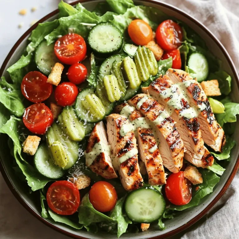 - 2 boneless, skinless chicken breasts - 1 cup buttermilk - 1 teaspoon garlic powder - 1 teaspoon paprika - Salt and pepper to taste - 2 cups romaine lettuce, chopped - 1 cup cherry tomatoes, halved - 1/2 cup sliced cucumbers - 1/3 cup sliced dill pickles - 1/2 cup Caesar dressing - 1/4 cup grated Parmesan cheese - 1/4 cup croutons For this Pickle Ranch Chicken Caesar Salad, you need fresh and tasty ingredients. The chicken breasts soak in buttermilk, which keeps them juicy. Garlic powder and paprika add flavor. You can adjust salt and pepper to your taste. To make the salad base, chop romaine lettuce into bite-sized pieces. Halve the cherry tomatoes and slice the cucumbers. Dill pickles bring a tangy punch that brightens the dish. The Caesar dressing ties everything together. Grated Parmesan cheese gives a rich, savory touch. Croutons add a satisfying crunch, making every bite exciting. - Additional vegetables like bell peppers or avocado - Homemade Caesar dressing for a personal touch Feel free to add any extra vegetables you love. Bell peppers add a sweet crunch, while avocado offers creaminess. If you want to try making your own dressing, there are many easy recipes online. You can make it as creamy or tangy as you like! For the full recipe, check the section above. First, gather your ingredients. In a bowl, mix the buttermilk, garlic powder, paprika, salt, and pepper. This marinade adds great flavor and keeps the chicken juicy. Next, immerse the chicken breasts in the mixture. Cover the bowl and refrigerate for at least one hour. This step is key for tender, tasty chicken. Now, it’s time to cook. Preheat your grill or skillet over medium heat. Once hot, take the chicken out of the marinade. Shake off any extra buttermilk. Place the chicken on the grill or skillet. Cook each side for about 6 to 7 minutes. You want nice grill marks and the chicken to be fully cooked. Let it rest for a few minutes before slicing. This helps keep it moist. In a large mixing bowl, add your chopped romaine lettuce, halved cherry tomatoes, sliced cucumbers, and dill pickles. These ingredients bring color and crunch. Drizzle Caesar dressing over the salad mixture. Toss gently to coat everything evenly. This ensures every bite is flavorful. Finally, slice the grilled chicken and place it on top of the salad. Top with grated Parmesan cheese and croutons for that satisfying crunch. You can find more details in the Full Recipe. To keep your chicken juicy, cook it for about 6-7 minutes per side. Use a meat thermometer to check for doneness; it should read 165°F. This step ensures your chicken remains moist and tender. For perfect grill marks, preheat your grill until it’s hot before placing the chicken on it. Avoid moving the chicken too soon. Let it sear for at least three minutes before flipping. This helps achieve those beautiful grill marks. To present the salad well, use large, shallow bowls. This lets the colors and textures shine. Place the sliced chicken on top of the greens for a pleasing look. Add a few extra pickles and croutons for a nice touch. For garnishing, sprinkle some grated Parmesan cheese on top. This adds flavor and elegance. You can also add fresh herbs like parsley for a pop of color. For extra flavor, consider adding spices like cumin or chili powder. They blend well with the pickle flavor. Fresh herbs, such as dill, also boost the taste. If you want to switch up the dressing, try a ranch or a yogurt-based sauce. These alternatives keep the salad fresh while adding your unique twist. For those who love heat, a spicy dressing can kick things up a notch. For the Full Recipe, refer back to the earlier section. Enjoy making your Pickle Ranch Chicken Caesar Salad! {{image_2}} You can make this salad lighter by changing the dressing. Use a low-fat Caesar dressing instead of regular. You can also try yogurt-based dressings for extra creaminess without the fat. If you want to change the protein, grilled chicken is great, but you can swap it for turkey breast or tofu. Both add protein without too many calories. To make your salad pop, consider adding toppings like avocado, bacon bits, or nuts. Each of these adds a unique taste and texture. You could also use different greens like spinach or kale instead of romaine. Try adding ingredients like olives or roasted red peppers. These bring bold flavors that can really enhance the dish. In summer, fresh corn or ripe peaches can make the salad taste even better. These seasonal ingredients add a burst of flavor and freshness. In fall, consider using roasted squash or apples. They add warmth and sweetness that work well with the other flavors. Always think about what’s fresh and in season for the best taste. For the full recipe, check out Pickle Ranch Chicken Caesar Salad. To keep your Pickle Ranch Chicken Caesar Salad fresh, store it well. Place the salad in an airtight container. Make sure to separate the chicken from the salad. This helps maintain crispness. Use a different container for the grilled chicken. You can cover it tightly with plastic wrap or foil. When it's time to enjoy your leftovers, reheat the chicken gently. Use the oven at a low temperature. This keeps the chicken juicy and tender. Avoid using the microwave, as it can dry it out. If you have extra salad left, try adding fresh ingredients. Toss in more lettuce or a few new tomatoes for a fresh taste. Your prepared salad can last in the fridge for about three days. Check for signs of spoilage before eating. Look for any off smells or discoloration in the salad. If the chicken seems slimy or has an unusual odor, it's best to discard it. Always trust your senses when checking food freshness. How can I make this salad ahead of time? You can prep the salad a few hours early. Keep the chicken separate until serving. Prepare all salad ingredients and store them in a bowl. Mix the dressing in a jar and store it alongside. This keeps everything fresh and crisp. Can I use frozen chicken for this recipe? Yes, you can use frozen chicken. Just make sure to thaw it fully before marinating. This will ensure the chicken absorbs all the flavors. Cook it as you would fresh chicken for the best results. What is the calorie count per serving? This salad has about 450 calories per serving. This count can vary based on the dressing and toppings you choose. Always check the labels for the most accurate information. Are there any allergy considerations? Yes, this salad contains dairy and gluten. The Caesar dressing may have eggs as well. If you have allergies, read the labels carefully or choose suitable alternatives. What are easy ways to adjust for dietary restrictions? You can easily swap out ingredients. Use dairy-free dressing for a vegan option. Replace chicken with chickpeas or tofu for plant-based protein. Adjust the veggies to your liking for more variety. Can I make this salad vegetarian or vegan? Absolutely! For a vegetarian option, skip the chicken and use more veggies. For vegan, replace the Caesar dressing with a vegan version. You can also use nutritional yeast instead of Parmesan for a cheesy flavor. For the Full Recipe, check the earlier section in this article! This salad brings together great flavors in a fun way. You’ll love how each bite tastes fresh and crunchy. The key is in the chicken. Marinating it makes it juicy and packed with flavor. The buttermilk tenderizes the meat, while garlic and paprika add a nice kick. Ingredients: - 2 boneless, skinless chicken breasts - 1 cup buttermilk - 1 teaspoon garlic powder - 1 teaspoon paprika - Salt and pepper to taste - 2 cups romaine lettuce, chopped - 1 cup cherry tomatoes, halved - 1/2 cup sliced cucumbers - 1/3 cup sliced dill pickles - 1/2 cup Caesar dressing - 1/4 cup grated Parmesan cheese - 1/4 cup croutons Start by mixing the buttermilk, garlic powder, paprika, salt, and pepper. This will be your marinade. Place the chicken in the bowl and let it soak for at least one hour in the fridge. This step is crucial for great taste. Next, heat your grill or skillet. Cook the chicken for about 6-7 minutes on each side. Look for a nice golden color and grill marks. Once done, let the chicken rest. This helps keep it juicy. Now, grab a large bowl. Toss in the chopped romaine, cherry tomatoes, cucumbers, and dill pickles. Drizzle with Caesar dressing and mix well. You want every bit of lettuce to get coated. Slice the chicken and place it on top of the salad. Finish with Parmesan cheese and croutons for some crunch. Trust me; this salad looks and tastes amazing! You can find the full recipe above. Enjoy making this fresh dish that everyone will love! This blog post covered the tasty Pickle Ranch Chicken Caesar Salad. You learned about the key ingredients, from buttermilk chicken to crunchy lettuce. I shared easy steps to marinate and cook the chicken and tips for perfecting your salad. You can add flavor boosts and make it your own. Remember to store any leftovers well and enjoy them later. This salad is fun, customizable, and a sure hit at any meal. Enjoy your cooking and experimenting!