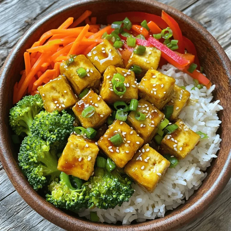 - 1 block firm tofu - 2 cups cooked jasmine rice - 1 cup broccoli florets - 1 red bell pepper, sliced - 1 carrot, julienned - 2 green onions, chopped For this recipe, we use firm tofu. This type gives the best texture. It holds shape when cooked. I love jasmine rice for its aroma and flavor. The fresh vegetables add color and crunch. Broccoli, bell pepper, and carrots are my top choices. Green onions add a nice finish. - 2 tablespoons cornstarch - 2 tablespoons soy sauce - 1 tablespoon sesame oil - 1 tablespoon rice vinegar Cornstarch is key for making tofu crispy. It creates a nice crust during baking. Soy sauce adds depth and umami. Sesame oil brings a nutty flavor. Rice vinegar balances the dish with a slight tang. - Sesame seeds - Additional soy sauce Garnishes can elevate your dish. Sesame seeds add crunch and visual appeal. A drizzle of extra soy sauce can enhance flavor. These toppings are not required, but they make the meal special. For the full recipe, check the detailed steps to create your Crispy Tofu Rice Bowls. First, drain the tofu. Use a clean towel to press it. This helps remove excess water. Water can make the tofu soggy. After pressing, cut the tofu into cubes. Aim for bite-sized pieces for easy eating. Next, place the tofu cubes in a bowl. Add soy sauce and toss well. Make sure every piece gets coated. This step adds flavor to the tofu. Now it’s time to make the tofu crispy. Sprinkle cornstarch over the marinated tofu. Gently toss the cubes until they are fully coated. The cornstarch creates a crunchy layer. Preheat your oven to 400°F (200°C). Line a baking sheet with parchment paper. Place the tofu in a single layer on the sheet. Bake for about 25-30 minutes. Flip the tofu halfway through. This ensures even crispiness. While the tofu bakes, heat sesame oil in a large skillet. Use medium heat for this step. Add the broccoli florets, sliced bell pepper, and julienned carrot. Stir-fry the veggies for 5-7 minutes. You want them tender but still crisp. Season with salt and black pepper to taste. This mix of colors and flavors adds freshness to your rice bowl. Once the tofu is golden and crispy, your meal is almost ready. You can find the Full Recipe for all the details. To get crispy tofu, pressing is key. Pressing removes excess water. Less water means better crispiness. Use a clean towel or a tofu press for this. After pressing, cut the tofu into cubes. Then, marinate the cubes in soy sauce. This adds flavor and helps the cornstarch stick. Cornstarch is your best friend here. Coat each tofu piece in cornstarch. This will create that delightful crunch when baked. Place the cubes on a parchment-lined baking sheet. Bake them at 400°F for 25-30 minutes. Turn them halfway through for even browning. To boost flavor, try adding garlic powder or smoked paprika. These spices bring warmth and depth. For extra zing, add a splash of lime juice. You can also mix in a bit of chili powder for heat. When it comes to sauces, soy sauce is a classic. But you can switch it up with teriyaki sauce. A drizzle of sriracha or a sesame-ginger dressing can elevate the dish. For rice, jasmine is my top choice. It has a lovely aroma and fluffy texture. You can also use brown rice for a nutty flavor. When serving, arrange the rice first. Then, layer the sautéed veggies atop the rice. Finally, add the crispy tofu. This makes the bowl visually appealing. Don’t forget to sprinkle sesame seeds for that finishing touch. For the full recipe, check out Crispy Tofu Rice Bowls. {{image_2}} You can swap out tofu for other plant-based proteins. Tempeh and seitan are great choices. They both add unique flavors and textures. If you want something lighter, try chickpeas or lentils. For different textures, consider how you prepare the tofu. You can use soft tofu for a creamier feel. Just remember to adjust cooking times since soft tofu cooks faster. Crispy tofu is fantastic for added crunch. Mix up your vegetables based on what’s in season. Instead of broccoli, try asparagus or green beans. You can use zucchini or snap peas instead of bell peppers. Don’t forget to add legumes or grains to boost nutrition. Quinoa, black beans, or peas can enhance the dish. They add protein and fiber, making your meal even more filling. You can easily turn this recipe into a wrap or salad. Just take your crispy tofu and veggies, and wrap them in lettuce leaves or tortillas. To make a bowl with different sauces, use peanut sauce, teriyaki, or sriracha. Drizzle the sauce over your rice and toppings. This adds a fun twist and extra flavor to your meal. For the full recipe, check the complete guide on crispy tofu rice bowls. To keep your crispy tofu nice and crunchy, store it properly. I recommend placing the tofu in an airtight container. Make sure the lid seals well to prevent moisture. If you have leftover rice, store it in a separate container. This helps keep the tofu from getting soggy. Portion your leftovers into meal-sized servings. This way, you can grab a quick meal later without fuss. When it's time to enjoy your leftovers, reheating is key. I suggest using an oven or an air fryer. These methods help maintain the crispy texture. Simply preheat your oven to 375°F (190°C). Spread the tofu evenly on a baking sheet and heat for about 10 minutes. If using an air fryer, set it to 350°F (175°C) for the same time. Avoid using the microwave. It makes the tofu soft and chewy, which isn’t ideal. You can also freeze your crispy tofu and rice. To do this, first freeze the tofu and rice separately. Place the tofu in a single layer on a baking sheet and freeze until solid. Then transfer it to a freezer-safe bag, removing excess air. For rice, let it cool first. Then, pack it in an airtight container. To thaw, place the tofu in the fridge overnight. Reheat it as mentioned before for crispy results. For rice, you can microwave it directly from frozen. Just add a splash of water to keep it moist. To keep tofu crispy in stir fries, start with firm tofu. Press it to remove excess water. Cut the tofu into small cubes. Coat the cubes in cornstarch before cooking. This helps create a crunchy texture. Heat your pan until it’s very hot. Add oil, then your tofu. Stir-fry the tofu until golden brown. Don't overcrowd the pan; this helps it stay crispy. Yes, you can use many types of rice. Jasmine rice is great for its aroma. Brown rice adds fiber and a nutty flavor. Sushi rice is sticky and works well, too. If you prefer a low-carb option, try cauliflower rice. Each type has a different cooking time. Follow the package instructions for best results. You can serve your rice bowls with simple sides. Steamed green beans or snap peas add color and crunch. A fresh cucumber salad brings a nice, cool contrast. You can also add a miso soup for warmth. For extra flavor, top with pickled vegetables or kimchi. These sides round out your meal perfectly. For the full recipe, check out the details above! Crispy tofu rice bowls are simple and fun to make. You learned about key ingredients and pantry staples like tofu, jasmine rice, and soy sauce. We covered step-by-step instructions for preparing tofu and cooking fresh veggies. I shared tips for perfecting your crispy tofu and offered storage advice. Remember, using fresh ingredients and following these steps makes a big difference. With a little practice, you'll create delicious meals that impress everyone. Enjoy making your crispy tofu rice bowls!
