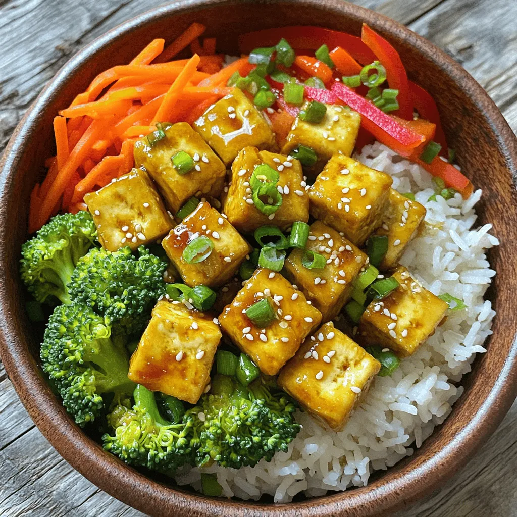 - 1 block firm tofu - 2 cups cooked jasmine rice - 1 cup broccoli florets - 1 red bell pepper, sliced - 1 carrot, julienned - 2 green onions, chopped For this recipe, we use firm tofu. This type gives the best texture. It holds shape when cooked. I love jasmine rice for its aroma and flavor. The fresh vegetables add color and crunch. Broccoli, bell pepper, and carrots are my top choices. Green onions add a nice finish. - 2 tablespoons cornstarch - 2 tablespoons soy sauce - 1 tablespoon sesame oil - 1 tablespoon rice vinegar Cornstarch is key for making tofu crispy. It creates a nice crust during baking. Soy sauce adds depth and umami. Sesame oil brings a nutty flavor. Rice vinegar balances the dish with a slight tang. - Sesame seeds - Additional soy sauce Garnishes can elevate your dish. Sesame seeds add crunch and visual appeal. A drizzle of extra soy sauce can enhance flavor. These toppings are not required, but they make the meal special. For the full recipe, check the detailed steps to create your Crispy Tofu Rice Bowls. First, drain the tofu. Use a clean towel to press it. This helps remove excess water. Water can make the tofu soggy. After pressing, cut the tofu into cubes. Aim for bite-sized pieces for easy eating. Next, place the tofu cubes in a bowl. Add soy sauce and toss well. Make sure every piece gets coated. This step adds flavor to the tofu. Now it’s time to make the tofu crispy. Sprinkle cornstarch over the marinated tofu. Gently toss the cubes until they are fully coated. The cornstarch creates a crunchy layer. Preheat your oven to 400°F (200°C). Line a baking sheet with parchment paper. Place the tofu in a single layer on the sheet. Bake for about 25-30 minutes. Flip the tofu halfway through. This ensures even crispiness. While the tofu bakes, heat sesame oil in a large skillet. Use medium heat for this step. Add the broccoli florets, sliced bell pepper, and julienned carrot. Stir-fry the veggies for 5-7 minutes. You want them tender but still crisp. Season with salt and black pepper to taste. This mix of colors and flavors adds freshness to your rice bowl. Once the tofu is golden and crispy, your meal is almost ready. You can find the Full Recipe for all the details. To get crispy tofu, pressing is key. Pressing removes excess water. Less water means better crispiness. Use a clean towel or a tofu press for this. After pressing, cut the tofu into cubes. Then, marinate the cubes in soy sauce. This adds flavor and helps the cornstarch stick. Cornstarch is your best friend here. Coat each tofu piece in cornstarch. This will create that delightful crunch when baked. Place the cubes on a parchment-lined baking sheet. Bake them at 400°F for 25-30 minutes. Turn them halfway through for even browning. To boost flavor, try adding garlic powder or smoked paprika. These spices bring warmth and depth. For extra zing, add a splash of lime juice. You can also mix in a bit of chili powder for heat. When it comes to sauces, soy sauce is a classic. But you can switch it up with teriyaki sauce. A drizzle of sriracha or a sesame-ginger dressing can elevate the dish. For rice, jasmine is my top choice. It has a lovely aroma and fluffy texture. You can also use brown rice for a nutty flavor. When serving, arrange the rice first. Then, layer the sautéed veggies atop the rice. Finally, add the crispy tofu. This makes the bowl visually appealing. Don’t forget to sprinkle sesame seeds for that finishing touch. For the full recipe, check out Crispy Tofu Rice Bowls. {{image_2}} You can swap out tofu for other plant-based proteins. Tempeh and seitan are great choices. They both add unique flavors and textures. If you want something lighter, try chickpeas or lentils. For different textures, consider how you prepare the tofu. You can use soft tofu for a creamier feel. Just remember to adjust cooking times since soft tofu cooks faster. Crispy tofu is fantastic for added crunch. Mix up your vegetables based on what’s in season. Instead of broccoli, try asparagus or green beans. You can use zucchini or snap peas instead of bell peppers. Don’t forget to add legumes or grains to boost nutrition. Quinoa, black beans, or peas can enhance the dish. They add protein and fiber, making your meal even more filling. You can easily turn this recipe into a wrap or salad. Just take your crispy tofu and veggies, and wrap them in lettuce leaves or tortillas. To make a bowl with different sauces, use peanut sauce, teriyaki, or sriracha. Drizzle the sauce over your rice and toppings. This adds a fun twist and extra flavor to your meal. For the full recipe, check the complete guide on crispy tofu rice bowls. To keep your crispy tofu nice and crunchy, store it properly. I recommend placing the tofu in an airtight container. Make sure the lid seals well to prevent moisture. If you have leftover rice, store it in a separate container. This helps keep the tofu from getting soggy. Portion your leftovers into meal-sized servings. This way, you can grab a quick meal later without fuss. When it's time to enjoy your leftovers, reheating is key. I suggest using an oven or an air fryer. These methods help maintain the crispy texture. Simply preheat your oven to 375°F (190°C). Spread the tofu evenly on a baking sheet and heat for about 10 minutes. If using an air fryer, set it to 350°F (175°C) for the same time. Avoid using the microwave. It makes the tofu soft and chewy, which isn’t ideal. You can also freeze your crispy tofu and rice. To do this, first freeze the tofu and rice separately. Place the tofu in a single layer on a baking sheet and freeze until solid. Then transfer it to a freezer-safe bag, removing excess air. For rice, let it cool first. Then, pack it in an airtight container. To thaw, place the tofu in the fridge overnight. Reheat it as mentioned before for crispy results. For rice, you can microwave it directly from frozen. Just add a splash of water to keep it moist. To keep tofu crispy in stir fries, start with firm tofu. Press it to remove excess water. Cut the tofu into small cubes. Coat the cubes in cornstarch before cooking. This helps create a crunchy texture. Heat your pan until it’s very hot. Add oil, then your tofu. Stir-fry the tofu until golden brown. Don't overcrowd the pan; this helps it stay crispy. Yes, you can use many types of rice. Jasmine rice is great for its aroma. Brown rice adds fiber and a nutty flavor. Sushi rice is sticky and works well, too. If you prefer a low-carb option, try cauliflower rice. Each type has a different cooking time. Follow the package instructions for best results. You can serve your rice bowls with simple sides. Steamed green beans or snap peas add color and crunch. A fresh cucumber salad brings a nice, cool contrast. You can also add a miso soup for warmth. For extra flavor, top with pickled vegetables or kimchi. These sides round out your meal perfectly. For the full recipe, check out the details above! Crispy tofu rice bowls are simple and fun to make. You learned about key ingredients and pantry staples like tofu, jasmine rice, and soy sauce. We covered step-by-step instructions for preparing tofu and cooking fresh veggies. I shared tips for perfecting your crispy tofu and offered storage advice. Remember, using fresh ingredients and following these steps makes a big difference. With a little practice, you'll create delicious meals that impress everyone. Enjoy making your crispy tofu rice bowls!