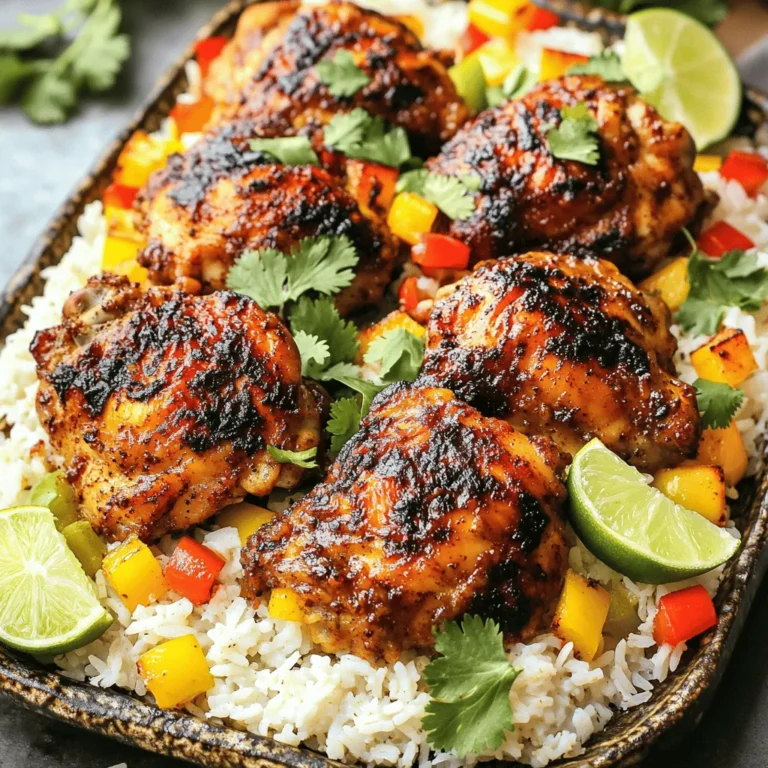 - Chicken thighs (bone-in, skin-on) - Jerk seasoning options (homemade or store-bought) - Aromatics and vegetables (onion, garlic, ginger, bell pepper) - Oils and seasonings (olive oil, lime juice, salt, and pepper) - Rice and liquids (jasmine rice, coconut milk, chicken broth or water) - Fresh herbs (cilantro or parsley) - Additional toppings (sliced lime) When I make jerk chicken and rice, I love the mix of flavors. The chicken thighs bring a juicy taste, while the jerk seasoning adds a kick. You can use homemade jerk seasoning for a personal touch, or grab some from the store if you’re short on time. Aromatics like onion, garlic, and ginger make the dish pop. They fill your kitchen with wonderful smells while cooking. Diced bell pepper adds sweetness and color, making every bite special. For cooking, I choose olive oil for its rich flavor. Lime juice brightens the dish and balances the spices. Salt and pepper are key to enhancing all the flavors. Jasmine rice is my go-to because it’s fragrant and fluffy. Coconut milk adds creaminess, while chicken broth or water helps the rice cook perfectly. Finally, fresh herbs like cilantro or parsley add a fresh touch. A sliced lime makes a great garnish and adds a zesty kick. For the full recipe, check out the details above. To start, you need to marinate the chicken. Take four chicken thighs and coat them with olive oil and jerk seasoning. Use about two tablespoons of jerk seasoning. Make sure the chicken is well covered. For the best flavor, marinate the chicken for at least one hour. If you can, let it sit overnight. This will deepen the taste. Next, we move to the aromatics. In a large skillet, add a splash of olive oil over medium heat. Once hot, toss in one small chopped onion, two minced garlic cloves, and one teaspoon of grated ginger. Sauté these until fragrant, which takes about three to five minutes. These aromatics are key for building flavor in the dish. Now it's time to cook the chicken. Push the sautéed aromatics to one side of the skillet. Place the marinated chicken thighs in the skillet, skin side down. Sear them for about five minutes on each side until golden brown. Once the chicken is browned, remove it from the skillet. In the same skillet, pour in one can of coconut milk and one cup of chicken broth. Stir this mixture with the aromatics. Add one cup of jasmine rice and one diced bell pepper. Bring it to a simmer before adding the chicken back in on top of the rice. Cover the skillet and reduce the heat to low. Let it simmer for about 20 to 25 minutes. This allows the flavors to meld together. Keep an eye on it and check the chicken for doneness. The chicken should reach an internal temperature of 165°F. The rice should absorb all the liquid. After simmering, take the skillet off the heat. Let it rest for about five minutes. This helps the rice settle. Use a fork to fluff the rice gently. Add a teaspoon of lime juice and season with salt and pepper. For serving, plate the jerk chicken alongside the coconut rice. Garnish with fresh cilantro or parsley for a splash of color. For a nice touch, you can drizzle extra coconut milk around the plate. Enjoy this flavorful comfort food delight with family or friends. To make the jerk chicken burst with flavor, marinating is key. Use olive oil and jerk seasoning to coat the chicken well. Let it sit in the fridge for at least one hour. For the best taste, marinate it overnight. If you want less heat, use mild jerk seasoning or add honey. This will balance the spice. For crispy skin, start by searing the chicken skin-side down. Use medium heat to get it golden brown. Don't rush this step; it takes about five minutes per side. To keep the rice from getting mushy, rinse it first. This removes excess starch. Use a ratio of one cup rice to one and a half cups liquid for perfect results. Pair jerk chicken and rice with fresh sides. A simple green salad or coleslaw adds crunch. For a tropical twist, serve with fried plantains. To drink, try a cold ginger beer or a fruity punch. These beverages complement the spices and add a refreshing touch. For the full recipe, follow the instructions above. {{image_2}} You can swap chicken for other proteins. Tofu, shrimp, or vegetables work well. Tofu absorbs flavors nicely. Shrimp cooks quickly and adds a sweet touch. For veggies, use hearty options like zucchini or bell peppers. The rice type can change too. Jasmine rice is classic, but try brown rice for a nutty taste. Quinoa offers a healthy twist, while basmati brings a fragrant aroma. Spice levels can be changed to fit your taste. If you like it mild, reduce jerk seasoning. For more heat, add extra seasoning or chopped peppers. A dash of hot sauce can also kick it up a notch. Adding tropical fruits can enhance flavor. Pineapple or mango adds sweetness and freshness. You can also use fresh herbs like cilantro or scallions for a burst of taste. You can grill or bake this dish too. Grilling gives a smoky flavor. Just marinate the chicken and cook it on a hot grill. Bake it by placing chicken in a dish with rice and liquids. Cover and bake at 375°F until cooked through. For convenience, use an Instant Pot or slow cooker. In an Instant Pot, cook the marinated chicken with rice and liquids for about 10-15 minutes. In a slow cooker, let it simmer for 4-6 hours. Both methods yield tender chicken and flavorful rice. For the Full Recipe, follow the detailed steps to make this dish. To keep jerk chicken and rice fresh, store them in airtight containers. Make sure to cool the food down first. This helps keep the flavors intact. For best results, use glass or plastic containers. Label them with the date to track freshness. Place them in the fridge within two hours of cooking. They will stay good for up to four days. When reheating, I recommend using the stove or microwave. For the stove, add a splash of chicken broth to a pan. Heat over medium-low, stirring gently to keep it moist. In the microwave, cover the dish with a damp paper towel. This helps trap steam and prevents drying out. Heat in short bursts, stirring in between. Check the temperature to ensure it's hot throughout. Freezing jerk chicken and rice is a great way to save leftovers. First, cool the dish completely. Then, portion it into freezer-safe bags or containers. Squeeze out excess air before sealing. This helps prevent freezer burn. You can freeze the dish for up to three months. To thaw, place it in the fridge overnight. Reheat it following the methods above for the best taste. Jerk chicken comes from Jamaica. It is famous for its spicy and smoky flavor. The dish uses a mix of spices called jerk seasoning. Traditionally, cooks marinate chicken with this blend. Then they grill or smoke the chicken over pimento wood. This method gives jerk chicken its unique taste. It is a dish full of vibrant flavors and history. Yes, you can make jerk chicken and rice ahead of time. Marinate the chicken the night before for best results. Store the marinated chicken in the fridge. You can also cook the dish and keep it in the fridge. Just make sure to let it cool first. When you want to eat, reheat it gently on the stove or in the oven. You can serve many sides with jerk chicken and rice. Here are some great options: - Grilled vegetables - Coleslaw - Fried plantains - Cornbread - Salad with lime dressing These sides balance the spice and add freshness. Jerk chicken lasts about 3 to 4 days in the fridge. Make sure to store it in an airtight container. Always check for any off smells or colors before eating. If you want to keep it longer, consider freezing it. Yes, you can use brown rice if you prefer. Brown rice adds more fiber and a nutty flavor. Just remember that brown rice takes longer to cook. You might need to adjust the cooking time and liquid used. Follow the package instructions for best results. Jerk chicken can be spicy, but you can adjust it. The heat level depends on the jerk seasoning you use. If you like less heat, use less seasoning or a milder blend. You can also add dairy, like yogurt, to cool it down. Taste as you go to find your perfect spice level. In this blog post, we broke down how to make delicious jerk chicken with rice. We covered essential ingredients, cooking methods, and helpful tips. You learned how to marinate chicken, sauté aromatics, and combine flavors effectively. Remember to customize the dish to suit your taste. Whether you grill it or use an Instant Pot, there's room for creativity. Follow these steps for a tasty meal you'll love. Enjoying this dish is easier than you think, and each bite is worth the effort.
