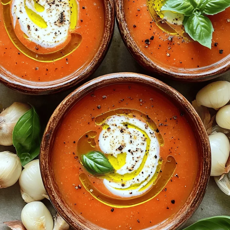 Making roasted tomato basil soup is simple and fun. You need fresh ingredients for the best taste. Here’s what you will need: - 4 cups ripe tomatoes, halved - 1 medium onion, chopped - 4 cloves garlic, unpeeled - 3 tablespoons olive oil - Salt and pepper to taste - 1 teaspoon sugar (optional) - 1 cup vegetable broth - 1 cup fresh basil leaves - ½ cup heavy cream or coconut cream - Fresh basil for garnish Each ingredient adds a unique flavor. The tomatoes bring sweetness, while the basil adds freshness. Garlic gives it depth, and onion adds a nice base. You can use sugar to balance the soup's acidity if needed. Heavy cream makes it rich, but coconut cream is great for a vegan option. For the full recipe, check the section above. Enjoy the process, and let your kitchen smell amazing! First, preheat your oven to 400°F (200°C). This step is key for roasting. Next, take your ripe tomatoes, chop your onion, and leave the garlic unpeeled. Arrange all these on a large baking sheet. Drizzle them with olive oil and sprinkle salt and pepper on top. If you like, add a teaspoon of sugar to balance the tomato's acidity. Roast everything in the oven for about 30-35 minutes. Look for soft, slightly charred tomatoes. Once you take the roasted ingredients out of the oven, let them cool for a bit. Peel the roasted garlic cloves. Now, grab your blender. Combine the roasted tomatoes, onions, peeled garlic, vegetable broth, and fresh basil leaves in it. Blend until the mixture is smooth. This step creates the soup's rich texture. Now, pour your blended mixture into a pot. Heat it gently over medium heat until it simmers. Stir in the cream for added richness. Allow it to simmer for about five more minutes. Before serving, taste the soup. Adjust the seasoning with salt and pepper as needed. This final touch makes all the difference. If you want to see the full recipe, check the details above. To make the best roasted tomato basil soup, use ripe, fresh tomatoes. They give the soup a rich and bright flavor. I recommend Roma or vine-ripened tomatoes. Their sweetness shines when roasted. Sometimes, tomatoes can be a bit too acidic. If that happens, add a teaspoon of sugar. This little trick balances the flavors and brings out the sweetness. Blending is key for a smooth texture. After roasting, let the veggies cool a bit. Then, blend them until they are silky and perfectly combined. This step makes the soup feel creamy, even if you skip the cream. Pair your soup with crusty bread. A warm, toasted slice is perfect for dipping. You can also serve it with a fresh salad for a light meal. For a beautiful presentation, garnish with fresh basil leaves. You can also drizzle a bit of heavy cream or coconut cream on top. This adds a lovely touch and makes the soup feel special. For the full recipe, check out the instructions I provided earlier. Enjoy your cooking! {{image_2}} You can easily make this soup vegan. Simply swap heavy cream for coconut cream. Coconut cream gives a rich and creamy texture. It also adds a hint of sweetness. This change makes the soup just as delicious and smooth. To enhance the flavor, consider adding more ingredients. Try a splash of lime juice for brightness. You can also mix in a teaspoon of nutritional yeast for a cheesy taste. These small changes can make a big difference in your soup's flavor. Want to add some heat? Just sprinkle in chili flakes. Start with a pinch and taste. You can always add more if you like it spicy. This small addition can transform your soup into a fiery delight. Also, don’t hesitate to experiment with herbs. Try mixing in oregano or thyme. Each herb brings a unique touch. You can even blend in fresh parsley for a fresh taste. The world of flavors is wide open, so have fun with it! To store leftover soup, let it cool first. Once it cools, pour the soup into an airtight container. This keeps the soup fresh and safe. You can store it in the fridge for up to five days. Before serving, check for any signs of spoilage. If it smells off or looks strange, it’s best to toss it. Freezing your soup is easy and great for meal prep. Pour the cooled soup into freezer-safe bags or containers. Leave some space at the top, as soup expands when frozen. You can keep it in the freezer for up to three months. When you want to enjoy your soup again, thaw it overnight in the fridge. For best results, reheat it on the stove over medium heat, stirring often. This helps keep the texture smooth. If the soup seems too thick, add a splash of broth or water while reheating. Roasted Tomato Basil Soup keeps well in the fridge for about 4 to 5 days. Make sure to store it in an airtight container. If you want to keep it longer, you can freeze it. In the freezer, it lasts up to 3 months. Just thaw it in the fridge before reheating. Yes, you can use canned tomatoes! They work well and save time. Choose whole or diced canned tomatoes for the best flavor. If using canned tomatoes, reduce the sugar since they are often sweeter. Use the same amount of broth and follow the rest of the recipe as is. This soup pairs well with many dishes. Grilled cheese sandwiches are a classic choice. A simple salad with mixed greens adds freshness. You could also serve it with crusty bread for dipping. Try adding a sprinkle of cheese on top for extra flavor. Yes, this recipe is gluten-free! All the ingredients used, like tomatoes, broth, and basil, do not contain gluten. Just ensure that your broth is labeled gluten-free. This soup is safe for anyone avoiding gluten. In this post, we explored how to make delicious Roasted Tomato Basil Soup. We covered the key ingredients, step-by-step instructions, and tips to perfect the dish. You learned about variations like vegan options and how to store leftovers properly. Enjoy making this soup with fresh ingredients. Share it with others, and enjoy the warmth it brings! Cooking can be fun and rewarding.