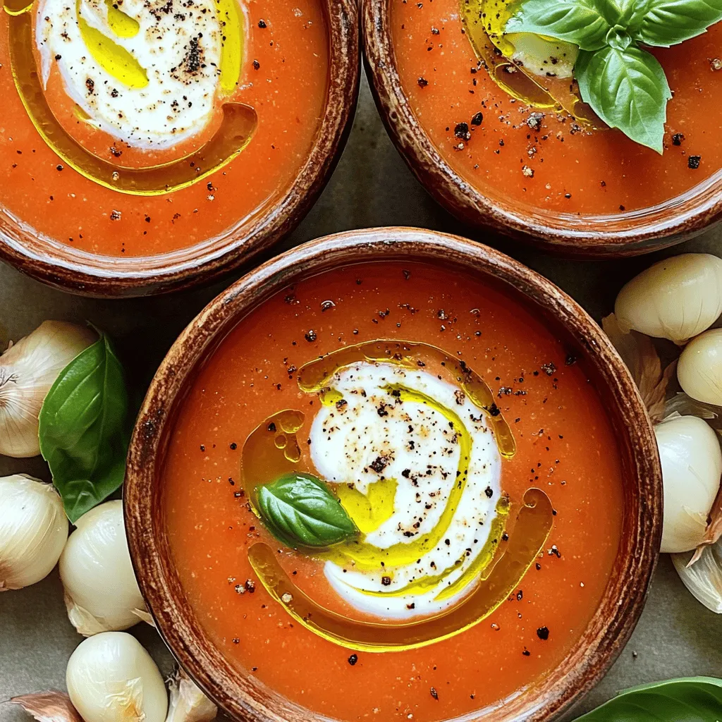 Making roasted tomato basil soup is simple and fun. You need fresh ingredients for the best taste. Here’s what you will need: - 4 cups ripe tomatoes, halved - 1 medium onion, chopped - 4 cloves garlic, unpeeled - 3 tablespoons olive oil - Salt and pepper to taste - 1 teaspoon sugar (optional) - 1 cup vegetable broth - 1 cup fresh basil leaves - ½ cup heavy cream or coconut cream - Fresh basil for garnish Each ingredient adds a unique flavor. The tomatoes bring sweetness, while the basil adds freshness. Garlic gives it depth, and onion adds a nice base. You can use sugar to balance the soup's acidity if needed. Heavy cream makes it rich, but coconut cream is great for a vegan option. For the full recipe, check the section above. Enjoy the process, and let your kitchen smell amazing! First, preheat your oven to 400°F (200°C). This step is key for roasting. Next, take your ripe tomatoes, chop your onion, and leave the garlic unpeeled. Arrange all these on a large baking sheet. Drizzle them with olive oil and sprinkle salt and pepper on top. If you like, add a teaspoon of sugar to balance the tomato's acidity. Roast everything in the oven for about 30-35 minutes. Look for soft, slightly charred tomatoes. Once you take the roasted ingredients out of the oven, let them cool for a bit. Peel the roasted garlic cloves. Now, grab your blender. Combine the roasted tomatoes, onions, peeled garlic, vegetable broth, and fresh basil leaves in it. Blend until the mixture is smooth. This step creates the soup's rich texture. Now, pour your blended mixture into a pot. Heat it gently over medium heat until it simmers. Stir in the cream for added richness. Allow it to simmer for about five more minutes. Before serving, taste the soup. Adjust the seasoning with salt and pepper as needed. This final touch makes all the difference. If you want to see the full recipe, check the details above. To make the best roasted tomato basil soup, use ripe, fresh tomatoes. They give the soup a rich and bright flavor. I recommend Roma or vine-ripened tomatoes. Their sweetness shines when roasted. Sometimes, tomatoes can be a bit too acidic. If that happens, add a teaspoon of sugar. This little trick balances the flavors and brings out the sweetness. Blending is key for a smooth texture. After roasting, let the veggies cool a bit. Then, blend them until they are silky and perfectly combined. This step makes the soup feel creamy, even if you skip the cream. Pair your soup with crusty bread. A warm, toasted slice is perfect for dipping. You can also serve it with a fresh salad for a light meal. For a beautiful presentation, garnish with fresh basil leaves. You can also drizzle a bit of heavy cream or coconut cream on top. This adds a lovely touch and makes the soup feel special. For the full recipe, check out the instructions I provided earlier. Enjoy your cooking! {{image_2}} You can easily make this soup vegan. Simply swap heavy cream for coconut cream. Coconut cream gives a rich and creamy texture. It also adds a hint of sweetness. This change makes the soup just as delicious and smooth. To enhance the flavor, consider adding more ingredients. Try a splash of lime juice for brightness. You can also mix in a teaspoon of nutritional yeast for a cheesy taste. These small changes can make a big difference in your soup's flavor. Want to add some heat? Just sprinkle in chili flakes. Start with a pinch and taste. You can always add more if you like it spicy. This small addition can transform your soup into a fiery delight. Also, don’t hesitate to experiment with herbs. Try mixing in oregano or thyme. Each herb brings a unique touch. You can even blend in fresh parsley for a fresh taste. The world of flavors is wide open, so have fun with it! To store leftover soup, let it cool first. Once it cools, pour the soup into an airtight container. This keeps the soup fresh and safe. You can store it in the fridge for up to five days. Before serving, check for any signs of spoilage. If it smells off or looks strange, it’s best to toss it. Freezing your soup is easy and great for meal prep. Pour the cooled soup into freezer-safe bags or containers. Leave some space at the top, as soup expands when frozen. You can keep it in the freezer for up to three months. When you want to enjoy your soup again, thaw it overnight in the fridge. For best results, reheat it on the stove over medium heat, stirring often. This helps keep the texture smooth. If the soup seems too thick, add a splash of broth or water while reheating. Roasted Tomato Basil Soup keeps well in the fridge for about 4 to 5 days. Make sure to store it in an airtight container. If you want to keep it longer, you can freeze it. In the freezer, it lasts up to 3 months. Just thaw it in the fridge before reheating. Yes, you can use canned tomatoes! They work well and save time. Choose whole or diced canned tomatoes for the best flavor. If using canned tomatoes, reduce the sugar since they are often sweeter. Use the same amount of broth and follow the rest of the recipe as is. This soup pairs well with many dishes. Grilled cheese sandwiches are a classic choice. A simple salad with mixed greens adds freshness. You could also serve it with crusty bread for dipping. Try adding a sprinkle of cheese on top for extra flavor. Yes, this recipe is gluten-free! All the ingredients used, like tomatoes, broth, and basil, do not contain gluten. Just ensure that your broth is labeled gluten-free. This soup is safe for anyone avoiding gluten. In this post, we explored how to make delicious Roasted Tomato Basil Soup. We covered the key ingredients, step-by-step instructions, and tips to perfect the dish. You learned about variations like vegan options and how to store leftovers properly. Enjoy making this soup with fresh ingredients. Share it with others, and enjoy the warmth it brings! Cooking can be fun and rewarding.