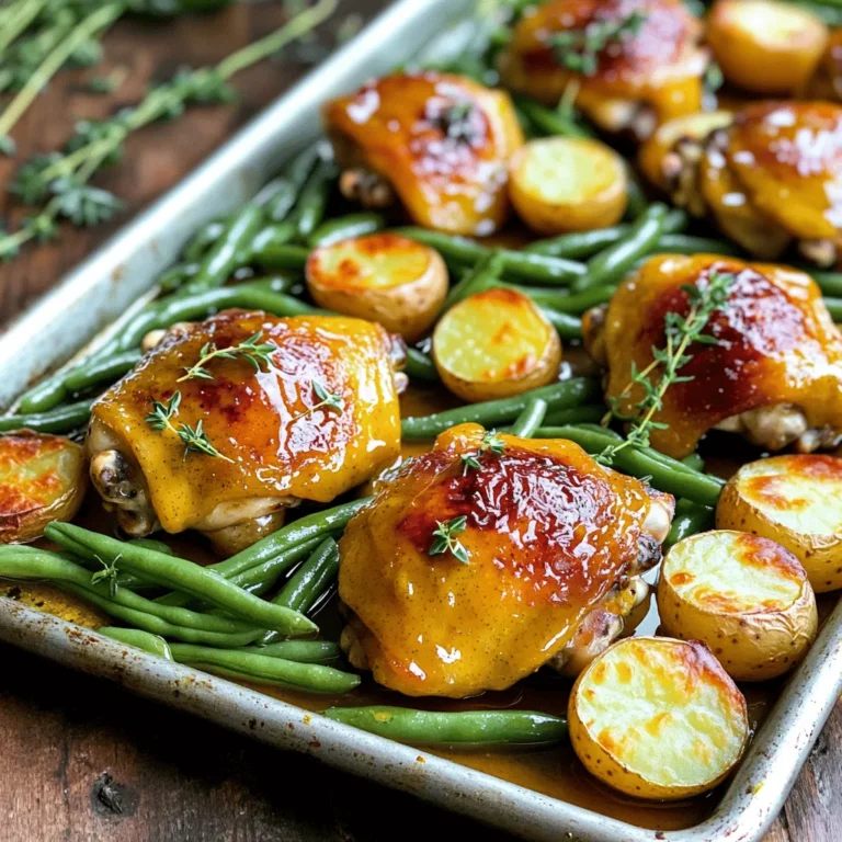 - 4 boneless, skinless chicken thighs - 1/4 cup Dijon mustard - 1/4 cup honey - 2 tablespoons apple cider vinegar - 1 tablespoon olive oil - 1 teaspoon dried thyme - 2 cups baby potatoes, halved - 1 cup green beans, trimmed - Salt and pepper to taste For this sheet pan honey mustard chicken, you only need a few simple ingredients. First, choose four boneless, skinless chicken thighs. They cook evenly and stay juicy. The honey mustard marinade is the magic part! Mix together 1/4 cup Dijon mustard and 1/4 cup honey. This combo gives a sweet and tangy flavor that pairs perfectly with the chicken. Next, add 2 tablespoons of apple cider vinegar and 1 tablespoon of olive oil. The vinegar brightens the taste, while the oil keeps everything moist. Sprinkle in 1 teaspoon of dried thyme for a touch of earthiness. Don't forget to season with salt and pepper to taste! Now, for the veggies. Grab two cups of baby potatoes and cut them in half. These potatoes roast nicely and soak up all that yummy sauce. You'll also need 1 cup of green beans. They add a nice crunch and color to the dish. With these ingredients, you're ready for a quick and delicious meal. For the full recipe, check out the details above! Preheat Oven and Prepare Marinade Start by preheating your oven to 400°F (200°C). This helps the chicken cook evenly. In a medium bowl, whisk together the Dijon mustard, honey, apple cider vinegar, olive oil, dried thyme, salt, and pepper. This mix creates a tasty marinade. Marinate Chicken Next, place the chicken thighs in a large resealable bag or bowl. Pour the marinade over the chicken. Seal the bag or cover the bowl. Let it marinate for at least 30 minutes, but overnight is even better. This makes the chicken full of flavor. Prepare the Sheet Pan While the chicken marinates, grab your sheet pan. Line it with parchment paper or grease it with cooking spray. This helps with cleanup later and keeps the food from sticking. Arrange Chicken and Vegetables After marinating, take the chicken out of the bag. Place it on one side of the sheet pan. In the same bowl that held the marinade, toss the halved baby potatoes. Coat them in the leftover marinade. Spread the potatoes on the other side of the pan. Baking Chicken and Vegetables Put the sheet pan in the preheated oven and bake for 20 minutes. This lets the chicken and potatoes start cooking. After 20 minutes, add the trimmed green beans to the pan. Toss them lightly in the juices. Checking for Doneness Return the pan to the oven for another 15-20 minutes. The chicken is done when it reaches 165°F (74°C) inside. The potatoes should be tender as well. Let everything rest for a few minutes before serving. Enjoy your Sheet Pan Honey Mustard Chicken! For the detailed recipe, refer to the Full Recipe. Marination Times for Best Flavor Marinade the chicken for at least 30 minutes. This lets the flavors soak in. For even better taste, marinate overnight. The longer you leave it, the more flavor you get. Alternative Ingredients for Marinade You can swap Dijon mustard for whole grain mustard. Honey can be replaced with maple syrup for a different sweetness. Apple cider vinegar adds a zing, but you can use lemon juice instead if you prefer a citrus kick. Using a Meat Thermometer A meat thermometer is key for perfect chicken. Insert it into the thickest part of the thigh. Chicken is safe to eat at 165°F (74°C). This ensures juicy and tender meat every time. Adjusting Cooking Times for Different Ovens Ovens can vary in heat. If yours runs hot, check the chicken a few minutes early. If it runs cool, you may need to add a few extra minutes. Always trust your thermometer for the best results. Serving from the Sheet Pan Serving directly from the sheet pan gives a casual, homey feel. It’s easy and looks great. Guests can help themselves, making it fun and interactive. Garnishing Ideas for Visual Appeal A sprinkle of fresh thyme or parsley adds color and freshness. You can also drizzle some of the leftover sauce over the chicken and veggies. This makes the dish look appetizing and inviting. {{image_2}} Other Vegetables to Include You can add many veggies to your sheet pan. Try carrots, bell peppers, or zucchini. These add color and flavor. You can also use asparagus for a fresh crunch. Just cut them to similar sizes for even cooking. Seasoning Alternatives If you want to switch things up, try different spices. Garlic powder and paprika work well. You can also add a pinch of red pepper flakes for some heat. Don't be afraid to get creative with herbs, like rosemary or oregano. Using Chicken Breasts or Thighs Chicken thighs are juicy, but you can use breasts too. Just keep an eye on the cooking time. Breasts cook faster, so check them a bit early. They should still have a nice glaze from the honey mustard. Vegetarian Options For a veggie twist, swap chicken with chickpeas or tofu. Coat them in the same honey mustard blend. Roast until they're crispy and golden. This option is tasty and packed with protein. Different Mustards to Experiment With Dijon mustard is classic, but try others. Honey mustard adds sweetness, while whole grain gives texture. Spicy brown mustard will add a kick. Each type will change the dish's flavor in fun ways. Sweetness Adjustments Adjust the honey if you want less sweetness. You can reduce it or use maple syrup instead. For a tangy twist, add a splash of lemon juice. This balances the flavors and adds brightness. For the complete recipe, check out the Full Recipe section. To keep your Sheet Pan Honey Mustard Chicken fresh, store it properly. - Refrigeration Guidelines: Place leftovers in an airtight container. They last up to four days in the fridge. Make sure to cool the chicken and veggies to room temperature first. This step helps avoid moisture build-up, which can make your dish soggy. - Freezing Instructions: For longer storage, freeze the chicken and veggies. Use freezer-safe bags or containers. Squeeze out as much air as possible. They can stay good for up to three months. Label the date so you know when to use them. To enjoy your leftovers, reheating them right is key. - Best Methods for Reheating: The oven works best. Preheat it to 350°F (175°C). Place the chicken and veggies on a baking sheet. Heat for about 15-20 minutes or until warmed through. You can also use the microwave, but the oven keeps everything crispier. - Avoiding Dryness: To keep your chicken moist, cover it with foil while reheating. This helps trap steam and keeps the meat tender. If using the microwave, add a splash of water to the dish. Cover it with a microwave-safe lid. This way, you avoid dryness and keep the flavor intact. For the full recipe, check out the detailed steps above. You can check the chicken with a meat thermometer. The safe temperature is 165°F (74°C). If you don't have a thermometer, cut into the thickest part of the chicken. The meat should be white and juices should run clear. Yes, you can prep this dish in advance. Marinate the chicken for up to a day. This enhances the flavor. You can also chop the veggies ahead. Store them in the fridge until you're ready to cook. Absolutely! You can use yellow mustard for a milder taste. Spicy brown mustard adds a kick. Each type brings a unique flavor to the dish. Feel free to experiment and find your favorite. Several vegetables work great with this dish. Carrots add sweetness and color. Broccoli gives a nice crunch. You could also try bell peppers or zucchini for added flavor. Just ensure they cook well with the chicken. To thicken the sauce, simmer it on the stove. Cook until it reduces and thickens. You can also add a bit of cornstarch mixed with water. This method works quickly and easily. To clean your sheet pan, soak it in hot, soapy water. Use a non-abrasive sponge to scrub off any stuck bits. For tough spots, a paste of baking soda and water can help. Rinse and dry the pan well before storing. This blog post covered making honey mustard chicken with veggies on a sheet pan. We explored the key ingredients, step-by-step marination and cooking methods, and tips for perfect results. You can easily adjust flavors and add other vegetables or proteins. Remember to check doneness and store leftovers properly. With these insights, you can create a tasty dish for any occasion. Enjoy your cooking adventure and savor every bite.