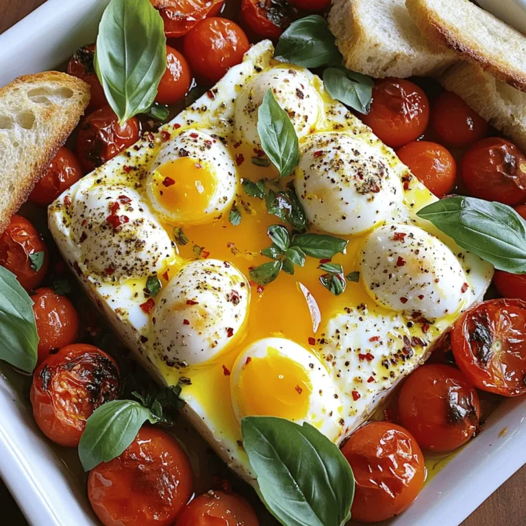 For the Viral Baked Feta Eggs, you need four main ingredients. They are: - 200g feta cheese, block - 4 large eggs - 1 cup cherry tomatoes, halved - 2 tablespoons olive oil Feta cheese brings a creamy texture. The eggs add protein and richness. Cherry tomatoes add sweetness and color. Olive oil gives flavor and helps everything cook well. To elevate the flavor, you add some herbs and spices. Here are the key extras: - 1 teaspoon dried oregano - 1/2 teaspoon red pepper flakes (adjust to taste) - Salt and pepper to taste Dried oregano adds a nice earthy taste. Red pepper flakes give a spicy kick. Salt and pepper enhance all the flavors. Use them to suit your taste. To make your dish even better, consider garnishing and serving with these: - Fresh basil leaves, for garnish - Crusty bread, for serving Fresh basil adds brightness and aroma. Crusty bread is perfect for dipping into the cheesy eggs. Together, they complete this delightful meal. For the full recipe, be sure to check it out! First, I preheat my oven to 400°F (200°C). This step is key for cooking the feta and tomatoes perfectly. Next, I take a baking dish and place a block of feta cheese right in the center. I then surround the feta with one cup of halved cherry tomatoes, making sure they are evenly spaced. This setup allows the flavors to mingle while baking. Now, it's time to add some flavor. I drizzle two tablespoons of olive oil over the feta and tomatoes. The oil helps everything cook nicely and adds great taste. Next, I sprinkle one teaspoon of dried oregano and half a teaspoon of red pepper flakes over the mixture. Finally, I season it all with salt and pepper to taste. These spices are crucial in making the dish pop. I place the baking dish in the oven and bake it for about 25 minutes. I look for the feta to turn golden and the tomatoes to blister. After that, I carefully remove the dish from the oven. I create small wells in the tomato mixture and crack four large eggs into each well. I return the dish to the oven for another 10-12 minutes. I want the egg whites to set but the yolks to remain slightly runny. This timing is important for the best texture. Once it’s ready, I let it cool a bit and garnish with fresh basil leaves. I serve it warm with slices of crusty bread for dipping. For the full recipe, check out the detailed instructions. Enjoy this delightful meal! To get the best results, you must watch the cooking time. If you like runny yolks, bake for about 10-12 minutes after adding the eggs. If you want firm yolks, add a few more minutes. Every oven is different, so check your dish often. Some ovens cook faster than others, so keep an eye on it. Using a cast-iron skillet gives a nice, rustic look. It also helps keep the heat even. If you don't have one, any baking dish will work. Just make sure it fits in your oven. You can use smaller or larger dishes too. Adjust the number of eggs and feta based on the size of your dish. For an extra punch, try adding garlic or onions. Sauté them in olive oil before adding to the dish. This will make the flavors pop. You can also experiment with different cheeses. Try goat cheese or a sharp cheddar for a twist. Mixing flavors keeps the dish exciting. {{image_2}} You can boost the nutrition of your Viral Baked Feta Eggs. Adding spinach or kale makes a tasty twist. These greens cook down well and blend nicely with the feta and eggs. You can also try bell peppers, zucchini, or even mushrooms. These add great flavor and color. Just chop them small and mix them in with the tomatoes. Want to make your meal heartier? Add some cooked bacon or sausage. Crispy bacon gives a nice crunch and salty flavor. Cooked sausage adds a savory taste that pairs well with eggs. If you prefer a meat-free option, try vegetarian sausage. It offers a similar taste without the meat. You can slice it or crumble it into the dish before baking. While feta is the star, you can switch things up. Using goat cheese brings a tangy flavor that some love. It's creamy and melts well. Another option is cream cheese. It adds a rich texture and blends smoothly with the eggs. You can use it in place of feta or mix it in for extra creaminess. For the full recipe, check out the details above. After you enjoy your Viral Baked Feta Eggs, store any leftovers right away. First, let the dish cool to room temperature. Then, use an airtight container to keep the eggs and feta fresh. It’s best to refrigerate them within two hours of baking. If you want to keep the dish longer, you can freeze it. To do this, let it cool completely. Then, transfer it to a freezer-safe container. Make sure to label it with the date. You can freeze it for up to three months. When it's time to eat the leftovers, reheating is easy. The best method is using the oven. Preheat it to 350°F (175°C). Place the dish in the oven for about 10-15 minutes. This method keeps the texture nice and warm. If you're short on time, you can use the microwave. Put the portion on a microwave-safe plate. Heat it for about 1-2 minutes. Check to make sure it’s warm throughout. Viral Baked Feta Eggs will stay fresh in the fridge for about 3-4 days. Keep an eye on the smell and color. If you notice a sour smell or changes in color, it’s time to toss it out. Always trust your senses. If the food looks or smells off, it’s best to be safe and not eat it. Enjoy your dish while it’s still fresh! For the full recipe, you can check it out [here](link-to-full-recipe). Yes, you can prepare this dish in advance. To do this, follow the steps up until you crack the eggs. Store the baking dish in the fridge overnight. Cover it with plastic wrap to keep it fresh. When you’re ready to bake, take it out and let it sit at room temperature for about 20 minutes. Then, bake as the recipe states. Baked feta eggs pair well with crusty bread, perfect for dipping. You can also serve it with a fresh salad to add crunch. For sides, try roasted vegetables or avocado slices. These options balance the creamy feta and eggs. For drinks, fresh juice or coffee works great. A light white wine can also complement the meal well. Yes, this recipe is great for meal prep! You can prepare the feta and tomatoes ahead of time. Store them in the fridge until you’re ready to bake. Keep the eggs separate until you bake. This helps keep everything fresh and tasty. When meal prepping, use airtight containers. This keeps the ingredients fresh longer. You can cook the eggs fresh for the best taste. You now have a clear guide for making tasty baked feta eggs. Gather your main ingredients and season well. Follow the steps for a dish that is rich in flavor. Don’t forget to try out variations and tips for the best results. Storage and reheating methods help you enjoy this dish longer. Remember, cooking is all about experimenting and having fun. Enjoy every bite of your delicious creation!