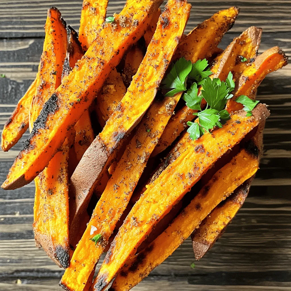 - 2 medium sweet potatoes, peeled and cut into fries - 2 tablespoons olive oil - 1 teaspoon garlic powder - 1 teaspoon smoked paprika - ½ teaspoon cumin - ½ teaspoon salt - ¼ teaspoon black pepper - Fresh parsley, chopped (for garnish) Sweet potatoes are not just tasty; they are good for you, too! Each serving has about 150 calories. They provide fiber, vitamins, and minerals. Sweet potatoes are rich in vitamin A, which supports vision and skin health. They also have antioxidants that help fight disease. Eating sweet potatoes can boost your energy and keep you feeling full. They are a great choice for a healthy snack or side dish. Enjoy them guilt-free as part of your meals! If you want to learn how to make these delicious fries, check out the Full Recipe for more details. Peeling sweet potatoes is easy. Use a vegetable peeler to remove the skin. Cut the sweet potatoes into fries. Aim for uniform sizes to cook them evenly. If you want crispier fries, soak them in water for 30 minutes. This step helps remove some starch, leading to a better texture. After soaking, dry the fries with a towel before cooking. First, preheat your air fryer to 400°F (200°C) for about 5 minutes. In a large bowl, toss the cut sweet potatoes with 2 tablespoons of olive oil. Make sure all fries are coated. Next, add the spices: 1 teaspoon of garlic powder, 1 teaspoon of smoked paprika, ½ teaspoon of cumin, ½ teaspoon of salt, and ¼ teaspoon of black pepper. Mix well again. Now, place the seasoned fries in the air fryer basket. Arrange them in a single layer. Avoid overcrowding; it’s better to cook in batches. Cook the fries for 15 to 20 minutes. Shake the basket halfway through to ensure they cook evenly. They should turn golden brown and crispy. Once finished, take the fries out and let them cool for a minute. Garnish with chopped fresh parsley for a pop of color and flavor. Enjoy your crispy air fryer sweet potato fries! For the full recipe, check out the recipe section. Sweet potato fries taste great on their own, but you can add dips too! Try ketchup, spicy mayo, or a tangy yogurt dip. You can also serve them with burgers or grilled chicken for a fun meal. Pairing them with a fresh salad makes for a balanced dish. Enjoy experimenting with different flavors! To get crispy fries, oil and seasoning must coat each fry well. Use your hands or a spoon to mix them in a bowl. This makes sure every fry gets flavor and crunch. For the best air circulation, arrange fries in a single layer. If you crowd the basket, they will steam instead of fry. Frying in batches may take longer, but it is worth it for that crunch. One big mistake is overcrowding the air fryer basket. When fries overlap, they won't cook evenly. Always leave space. Another mistake is not preheating the air fryer. This step is key for even cooking. Preheat for about five minutes before you add the fries. This way, they start cooking at the right temperature. To boost the flavor of your fries, consider adding chili powder or cinnamon. Chili powder adds heat, while cinnamon gives a sweet twist. You can also use fresh herbs like rosemary or thyme. Sprinkle them on after frying for a fresh taste. Each of these options can make your fries stand out. For the full recipe, check the earlier section. {{image_2}} You can easily change the flavor of sweet potato fries. Try adding a kick with chili powder or cayenne pepper for a spicy version. If you prefer sweet, sprinkle some cinnamon or brown sugar. You can also mix in cheese or bacon bits for a savory twist. Parmesan cheese adds a nice salty touch. Just remember to adjust the cooking time slightly if you add more ingredients. If you don’t have an air fryer, you can still enjoy sweet potato fries. Baking them in the oven is a great option. Just spread them on a baking sheet and bake at 425°F (220°C) for 25-30 minutes. Flip them halfway to get even cooking. For those who like the classic taste, deep-frying also works. Heat oil to 350°F (175°C) and fry until golden. This method gives a crispy outside and soft inside. You can make these fries fit any diet. To keep it vegan, just use oil and seasonings without animal products. If you need gluten-free options, sweet potatoes are naturally gluten-free. For a lighter version, reduce the oil to one tablespoon or use a cooking spray. This still gives you tasty fries without all the fat. Don’t forget to check out the Full Recipe for more details on making them delicious! To keep your sweet potato fries fresh, let them cool down first. This helps avoid sogginess. Then, place them in an airtight container. I recommend using glass or plastic containers with tight lids. This keeps air out and helps maintain their flavor. To reheat your fries, use the air fryer again. Set it to 350°F (175°C) for about 5 minutes. This method helps keep them crispy. You can also use an oven at the same temperature. If you store leftovers in the fridge, they last about 3 days. For freezer storage, they can stay good for about 2 months. If you want to freeze fries, you can do this raw or cooked. For uncooked fries, lay them on a baking sheet first. Freeze until solid, then transfer to a freezer bag. For cooked fries, cool them down and place them in an airtight container. To thaw, leave them in the fridge overnight before cooking. This helps keep their texture nice. To get crispy sweet potato fries, follow these steps: - Cut the fries evenly. Aim for uniform thickness to cook evenly. - Dry the fries. Pat them with a paper towel to remove moisture. - Use the right oil. Olive oil works well, but you can use avocado oil for higher heat. - Don’t overcrowd the basket. Give fries space to let air circulate. - Shake halfway through. This helps them cook evenly and crisp up nicely. - Experiment with cook time. Start with 15 minutes and adjust based on your air fryer. These tips will help you achieve that perfect crunch for your air fryer sweet potato fries. Yes, you can use other potatoes like Russets or Yukon Golds. Each type brings a different flavor and texture. - Russet potatoes are starchy and yield a fluffy interior. - Yukon Golds have a creamy texture and buttery flavor. Keep in mind that cooking times may vary depending on the potato type. Adjust your time to ensure they cook evenly. Sweet potato fries pair well with many sauces. Here are some favorites: - Ketchup: A classic choice that never fails. - Spicy mayo: Mix mayo with sriracha for a kick. - Honey mustard: Sweet and tangy, perfect for balance. - Ranch dressing: Creamy and herby, a crowd-pleaser. You can also try making your own sauces. This can add a personal touch to your fries. Sweet potato fries can last in the fridge for about 3 to 5 days. To store them properly: - Cool them completely. This helps keep them fresh. - Use an airtight container. This prevents moisture from ruining their texture. For the best taste, enjoy them fresh. If you need to reheat, do so in the air fryer for a crispy result. In this article, we explored how to make tasty air-fried sweet potato fries. We listed the key ingredients and shared helpful nutritional info. You learned essential steps for preparation, cooking, and serving these fries. I also provided valuable tips to ensure crispiness and offered fun variations. Remember to store leftovers properly for the best taste later. These fries are simple to make, healthy, and can suit many diets. Now, grab your sweet potatoes and enjoy this delicious treat!