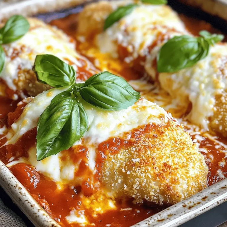 - 2 boneless, skinless chicken breasts - 1 cup breadcrumbs (preferably Italian-seasoned) - 1/2 cup grated Parmesan cheese - 1 cup marinara sauce - 1 cup shredded mozzarella cheese For this Easy Chicken Parmesan, you need fresh chicken breasts. They make the dish tender. Italian-seasoned breadcrumbs give a nice flavor. Grated Parmesan cheese adds a salty touch. A good marinara sauce is key for moisture and taste. Finally, the shredded mozzarella cheese creates that lovely melty layer on top. - 2 eggs, beaten - 1 teaspoon garlic powder - 1 teaspoon Italian seasoning - Olive oil for frying - Salt and pepper to taste Eggs help the breadcrumbs stick to the chicken. Garlic powder boosts the flavor. Italian seasoning adds a mix of herbs that make it taste great. Olive oil is perfect for frying and gives a rich taste. Don’t forget salt and pepper; they bring out the flavors in the dish. - Fresh basil leaves - Optional extra cheese For a bright finish, fresh basil leaves are wonderful. They add color and a fresh taste. If you love cheese, sprinkle some extra on top before baking. It makes the dish even creamier and more delicious. You can find the full recipe [here](#). First, you need to pound the chicken breasts. Take two boneless, skinless chicken breasts and place them between two sheets of plastic wrap. Use a meat mallet or rolling pin to gently pound them to an even thickness of about 1/2 inch. This step helps the chicken cook evenly. Next, set up your dredging station. In a shallow dish, mix breadcrumbs, grated Parmesan cheese, garlic powder, Italian seasoning, salt, and pepper. In another dish, beat the eggs. This station makes coating the chicken easy and quick. Now, let’s cook the chicken! Heat a generous amount of olive oil in a large skillet over medium-high heat. Once the oil is hot, dredge each chicken breast first in the beaten eggs, letting the excess drip off. Then, coat them well in the breadcrumb mixture. Carefully place the breaded chicken in the skillet. Brown each side for about 4-5 minutes until golden. This step adds a nice crunch and flavor to your chicken. After browning, transfer the chicken breasts to a baking dish. Pour marinara sauce evenly over each chicken breast. Make sure they are well covered. Then, sprinkle shredded mozzarella cheese on top. This adds creaminess and flavor. Now, it's time to bake! Place the dish in the preheated oven at 375°F (190°C) for 20 minutes. The cheese should be bubbly and lightly golden when ready. Once done, let the chicken rest for a few minutes. Garnish your dish with fresh basil leaves for a pop of color and flavor. This final touch makes your meal look amazing and inviting. For the full recipe, check out the details above. Enjoy your easy chicken parmesan! Ensuring Even Thickness Pound your chicken breasts to 1/2 inch thick. This helps them cook evenly. It also keeps the meat juicy. Use a meat mallet or a rolling pin to gently pound the chicken. Always place the chicken between plastic wrap to avoid mess. Getting Crispy Coating For a crispy coating, press the breadcrumbs firmly onto the chicken. Make sure you cover all sides well. Fry in hot olive oil for that golden crunch. If the oil is not hot enough, the coating can get soggy. Using Different Cheeses While mozzarella is classic, you can mix it up. Try provolone or fontina for a unique taste. You can also layer different cheeses for a rich flavor. Just remember, the more cheese, the better! Adding Spices Spices can bring more life to your chicken. Consider adding paprika for a smoky flavor. A pinch of red pepper flakes can add a nice kick. Don’t be afraid to experiment with herbs too! Pairing with Side Dishes Chicken Parmesan goes well with many sides. Serve it with a fresh salad for balance. Pasta is another classic choice, especially with marinara sauce. Garlic bread makes a great addition too! Making it Ahead of Time You can prepare Chicken Parmesan a day in advance. Coat the chicken and store it in the fridge. Bake it just before serving. This saves time and keeps the flavors fresh. Check out the Full Recipe for more tips! {{image_2}} You can switch up the main protein in Chicken Parmesan. Try using eggplant for a tasty vegetarian option. Slice it thinly and bread it like chicken. If you're craving something lighter, use turkey breast instead. Turkey is lean but still delivers great flavor. If you need a gluten-free option, you can use gluten-free breadcrumbs. Many brands offer tasty alternatives. You can also crush gluten-free crackers or oats for a homemade version. When it comes to the sauce, you can choose between homemade and store-bought marinara. Homemade sauce has a fresh taste, while store-bought saves time. If you want a kick, add red pepper flakes to your marinara. It gives the dish a nice spicy twist without overpowering the flavor. Cheese is key to a great Chicken Parmesan. While mozzarella is classic, try using provolone or fontina cheese for a unique taste. Mixing different cheeses can also enhance the depth of flavor. For example, blend mozzarella with a bit of Parmesan for that cheesy goodness. For more ideas, check out the Full Recipe to explore different flavors! In the Refrigerator After you enjoy your Easy Chicken Parmesan, let it cool. Place it in an airtight container. Store it in the fridge for up to three days. This keeps the chicken fresh and tasty. Freezing for Later Use If you want to save it longer, freezing works great. Wrap each piece tightly in plastic wrap. Then, put them in a freezer-safe bag. You can store it for up to three months. This helps keep the flavors locked in. Best Methods for Keeping Chicken Crispy To keep your Chicken Parmesan crispy, use the oven or an air fryer. Preheat the oven to 350°F (175°C). Place the chicken on a baking sheet. Heat for about 15 minutes. If using an air fryer, set it to 350°F and cook for 5-7 minutes. This method makes it crunchy again. Microwaving Tips for Even Heating You can also use the microwave. Place the chicken on a microwave-safe plate. Cover it with a damp paper towel. Heat for 1-2 minutes. Check if it is warm throughout. If not, heat in 30-second bursts. How Long Does Chicken Parmesan Last? Chicken Parmesan lasts three days in the fridge. In the freezer, it can last up to three months. Proper storage is key to keeping it safe. Signs of Spoilage Look for a change in color or smell. If it looks gray or has a sour odor, throw it away. Always trust your senses to avoid eating spoiled food. Can I make Chicken Parmesan in advance? Yes, you can make Chicken Parmesan in advance. Prepare the chicken and sauce. Once cooked, let it cool. Store it in the fridge for up to two days. When you're ready to eat, reheat it in the oven until hot. This saves time on busy nights. Is there a vegetarian version of Chicken Parmesan? Absolutely! You can swap the chicken for eggplant or zucchini. Slice the veggies thick and bread them like chicken. They will soak up the sauce and cheese well. This makes a delicious, meat-free option. How can I ensure my chicken stays juicy? To keep your chicken juicy, pound it evenly before cooking. This helps it cook evenly, preventing dryness. Fry it on medium heat until golden on both sides. Finally, bake it with marinara and cheese. This keeps moisture in while adding flavor. What can I substitute for breadcrumbs? You can use crushed crackers or panko for a crunchy texture. If you need a gluten-free option, try almond flour or ground oats. These alternatives work well and add their own unique flavor. What sides go well with Chicken Parmesan? Chicken Parmesan pairs well with many sides. Try a fresh green salad or garlic bread for a classic meal. You can also serve it with roasted vegetables. These add color and nutrients to your plate. Can I serve it over pasta or salad? Yes, serving Chicken Parmesan over pasta is common. The marinara sauce complements the noodles nicely. You can also place it on a salad for a lighter option. This adds freshness and crunch to your meal. For more details, check the Full Recipe. This post shared a simple guide for making easy chicken Parmesan. We covered key ingredients, from chicken to marinara. You learned how to cook chicken perfectly and add great flavors. Experiment with sauce and cheese types to find your favorite. Remember to store leftovers correctly for fresh meals later. With these tips, you’ll impress anyone at the dinner table. Enjoy your cooking journey!
