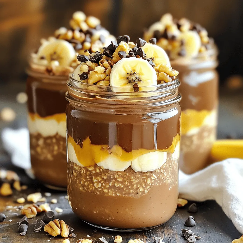 To make Peanut Butter Chocolate Overnight Oats, you need simple ingredients. Here’s what you’ll need: - 1 cup rolled oats - 2 cups almond milk (or any milk of choice) - 2 tablespoons natural peanut butter - 2 tablespoons unsweetened cocoa powder - 1 tablespoon maple syrup (or honey) - 1/2 teaspoon vanilla extract - Pinch of salt - 1 banana, sliced (for topping) - Chopped nuts or chocolate chips (optional for garnish) These ingredients come together to create a creamy, rich dish. The oats will soak overnight, absorbing all the flavors. The peanut butter gives it a nutty taste, while the cocoa powder adds a chocolatey kick. Sweeten it to your liking with maple syrup or honey. You can also top it with fresh banana slices for a fruity touch. If you like a bit of crunch, sprinkle some chopped nuts or chocolate chips on top. This simple recipe is not just tasty; it’s also filling and provides energy for your day. For the full recipe, check out Peanut Butter Chocolate Bliss Overnight Oats. - Mixing the ingredients Start by taking a large mixing bowl. Add 1 cup of rolled oats, 2 cups of almond milk, and 2 tablespoons of natural peanut butter. Next, add 2 tablespoons of unsweetened cocoa powder, 1 tablespoon of maple syrup, and 1/2 teaspoon of vanilla extract. Toss in a pinch of salt for flavor. Use a whisk to mix everything until smooth. Make sure all the ingredients blend well. - Dividing into jars Once your mixture is ready, grab two mason jars or any airtight containers. Pour the mixture evenly into each jar. This makes it easy to grab and enjoy later. - Refrigeration time needed Seal the jars tightly and place them in the fridge. Let them chill overnight, or for at least 4 hours. This time allows the oats to soak up the liquid and become soft. - Stirring before serving When you’re ready to eat, take the jars out of the fridge. Give each jar a good stir. This helps mix any ingredients that settled at the bottom. - Topping ideas Top your oats with sliced banana for sweetness. You can also add chopped nuts or chocolate chips for an extra crunch. These toppings make the dish even more fun and tasty. For a special touch, drizzle a bit more peanut butter on top! Enjoy your Peanut Butter Chocolate Overnight Oats! For the full recipe, check the section above. To make the best peanut butter chocolate overnight oats, get the oat-to-liquid ratio right. I use 1 cup of rolled oats to 2 cups of almond milk. This mix ensures the oats soak up enough liquid. If you want thicker oats, use less milk. For a creamier texture, add a bit more. Mixing is key. Start by adding all your ingredients in a large bowl. Use a whisk to blend them well. Make sure there are no dry clumps of oats. A smooth mix helps the oats soak in the flavors. Looking to boost flavor? There are many great toppings. Try adding fresh fruit like berries or sliced apples. Chopped nuts give a nice crunch and add protein. For a sweet touch, drizzle honey or sprinkle cinnamon on top. If you want to change up the sweetness, swap maple syrup for agave nectar. You can also use stevia or coconut sugar for a different taste. These small swaps make a big difference in flavor and health. For the full recipe, check out the Peanut Butter Chocolate Bliss Overnight Oats. {{image_2}} You can change the flavor of your peanut butter chocolate overnight oats in fun ways. Adding fruits like strawberries or blueberries makes them fresh and tasty. Just chop up the fruit and mix it in before refrigerating. These fruits add natural sweetness and color. If you want to try different nut butters, almond or cashew butter works well. They give a unique twist while keeping it creamy. You can switch up flavors every time you make this recipe. For those who need dairy-free options, almond milk is a great choice. You can also use oat or coconut milk for a creamy texture. Choose a milk that fits your taste and diet. If you are gluten-free, make sure to use certified gluten-free rolled oats. This simple switch keeps your oats safe to eat while still being delicious. You can enjoy this treat without worrying about gluten. To keep your peanut butter chocolate overnight oats fresh, store them in the fridge. Use airtight containers or mason jars. This way, they stay tasty for breakfast or snacks. Make sure to seal them tight. If you want to freeze them, it's easy! Just put the oats in freezer-safe jars. Leave some space at the top as they expand when frozen. These overnight oats stay fresh for about 3 to 5 days in the fridge. After that, the oats may lose some texture and flavor. If you freeze them, they can last up to 3 months. Just remember to thaw them in the fridge overnight before eating. Enjoy your delicious peanut butter chocolate bliss! For the full recipe, check out the complete details. Can I use steel-cut oats instead of rolled oats? No, steel-cut oats do not work well for overnight oats. They are too tough and take longer to cook. Rolled oats absorb liquid better and soften nicely overnight. Stick with rolled oats for the best texture. How long do overnight oats last in the fridge? Overnight oats can last up to five days in the fridge. Make sure to store them in airtight containers. This way, you can prep multiple jars at once for busy mornings. Can I make these oats vegan? Yes, you can easily make these oats vegan. Just use almond milk or any plant-based milk. Also, replace honey with maple syrup or agave nectar for sweetness. Caloric content per serving Each serving of these Peanut Butter Chocolate Overnight Oats has about 350 calories. This number may vary based on your choice of milk and added toppings. Benefits of key ingredients - Rolled oats: Great source of fiber, which helps with digestion. - Peanut butter: Packed with protein and healthy fats. It keeps you full longer. - Cocoa powder: Rich in antioxidants and adds a delicious chocolate flavor. - Bananas: A good source of potassium and adds natural sweetness. This blog post walks you through making delicious overnight oats. You learned about key ingredients, prep steps, and how to enhance flavor. I shared tips to perfect your recipe and offered variations for different diets. Storing your oats correctly ensures they stay fresh, plus FAQs answered common concerns. Try these oats as a quick breakfast. They are tasty, easy, and customizable. Enjoy experimenting with flavors to find your favorite!