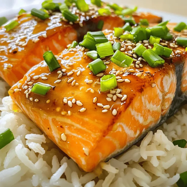 - Salmon fillets - Honey - Soy sauce - Garlic - Fresh ginger - Olive oil - Salt and pepper - Sesame seeds (for garnish) - Green onions (for garnish) Choosing the right salmon When picking salmon, look for fresh fillets. They should be bright and moist. Wild-caught salmon has great flavor. Farmed salmon is often cheaper but can be less tasty. Importance of low-sodium soy sauce Low-sodium soy sauce is better for your health. It adds flavor without too much salt. You can always add more salt later if needed. Fresh vs. pre-minced garlic Fresh garlic has a stronger taste than pre-minced garlic. I recommend using fresh garlic for this recipe. It gives the glaze a richer flavor. If you use pre-minced garlic, cut back a bit. You do not want the garlic to overpower the dish. You can check the [Full Recipe] for more details on making this dish. How to prepare the glaze To make the glaze, take a small bowl. Whisk together 1/4 cup honey, 3 tablespoons low-sodium soy sauce, 3 minced garlic cloves, and 1 tablespoon grated fresh ginger. This mix is sweet and savory. Set aside a tablespoon of this glaze for later. Seasoning the salmon fillets Next, season the 4 salmon fillets. Sprinkle salt and pepper on both sides. This step adds flavor. Make sure each fillet is well coated for the best taste. Heating the skillet Now, grab a large skillet. Heat 1 tablespoon of olive oil over medium heat. Wait until the oil is hot but not smoking. This ensures a nice sear on the salmon. Cooking salmon skin-side down Place the salmon fillets skin-side down in the hot skillet. Cook for 5-6 minutes. You want the skin to get crispy. This will add great texture and flavor. Flipping and glazing the salmon Carefully flip the salmon with a spatula. Brush the glaze mixture over the top of each fillet. Cook for another 4-5 minutes. Spoon more glaze over the fish as it cooks. The salmon should flake easily with a fork when done. Resting time for the salmon After cooking, remove the salmon from the skillet. Let it rest for a minute. This helps keep it juicy. Garnishing tips Before serving, drizzle the reserved glaze over the salmon. For a lovely touch, garnish with sesame seeds and chopped green onions. This adds color and crunch. Serve the salmon on a bed of rice or quinoa for a complete meal. Enjoy your honey garlic glazed salmon! For the complete recipe, check out the Full Recipe. To get the perfect glaze, mix honey and soy sauce well. Whisk until smooth. This helps blend the flavors. The sauce should be thick but pourable. If it is too thin, cook it a little longer on the stove. Avoid overcooking the salmon. It should take about 10 minutes in total. The fish is done when it flakes easily. If it looks dry, you may have cooked it too long. Use a timer to help keep track. You can add fresh herbs for a pop of flavor. Chopped parsley or cilantro work great. They add a fresh taste that brightens the dish. If you want a different flavor, try using teriyaki sauce instead of soy sauce. You can also mix in a bit of sriracha for some heat. Each sauce gives a unique twist to the meal. For a beautiful plate, serve salmon on steamed rice or quinoa. This adds color and texture. You can also add stir-fried veggies on the side. Drizzle any extra honey garlic glaze over the meal. This makes the dish look special. You can garnish with sesame seeds and green onions for a nice touch. {{image_2}} You can swap the salmon for chicken or tofu. Both options work well with the honey garlic glaze. For chicken, use boneless breasts or thighs. Cook them the same way as the salmon. Tofu is a great choice for a vegetarian meal. Press the tofu to remove excess water, then cut it into thick slices. Cook it until golden brown on each side, then glaze it. If you need a gluten-free option, use tamari instead of soy sauce. Tamari gives you a similar flavor without gluten. For those watching sugar intake, try a low-sugar honey. You can also mix honey with a sugar substitute. This way, you keep the sweet taste without the extra calories. Want to spice things up? Add crushed red pepper flakes or cayenne pepper to the glaze. This will give your dish a nice kick. If you prefer a fresh taste, try adding citrus. Squeeze some lemon or lime juice into the glaze. The citrus will brighten the flavors and balance the sweetness. To keep your leftover honey garlic glazed salmon fresh, store it in an airtight container. This helps lock in flavor and moisture. Make sure it cools down first before sealing the container. Your salmon will stay fresh in the fridge for up to three days. If you notice any off smells or changes in color, it’s best to toss it. If you want to save your honey garlic glazed salmon for later, freezing is a great option. First, wrap each fillet in plastic wrap and then place it in a freezer bag. This prevents freezer burn. You can freeze the salmon for up to three months. When you're ready to eat, thaw it overnight in the fridge. To reheat, place the salmon in a skillet over low heat. Add a splash of water to keep it moist. Heat it until warm, about 5-7 minutes. Making honey garlic glazed salmon ahead of time is perfect for busy weeknights. You can cook a few fillets and store them in the fridge. Pair them with rice or veggies for quick meals. This dish also works well with other meal prep recipes. Try adding it to salads, wraps, or grain bowls. It makes meal planning a breeze and keeps your dinners exciting! You should cook honey garlic glazed salmon for about 10 to 12 minutes. Start skin-side down for 5 to 6 minutes. Then flip it and glaze the top. Cook for another 4 to 5 minutes until it’s tender. Yes, you can use other fish, like trout or tilapia. Just adjust the cooking time based on the thickness. Salmon has a nice, rich flavor, but other fish can work well too. This dish pairs nicely with several sides. Try serving it with steamed jasmine rice or quinoa. You can also add stir-fried vegetables for a colorful plate. A fresh salad is another great option. To check if salmon is cooked, look for a few signs. It should flake easily with a fork and have a light pink color in the center. If it is opaque and firm, it’s done. Yes, you can make the glaze ahead of time. Just store it in the fridge for up to three days. When ready to use, give it a stir and it’s good to go. For the full recipe, check out the details above. This blog post covered a simple honey garlic glazed salmon recipe. You learned about the key ingredients and how to prepare and cook them step-by-step. I shared tips for the perfect glaze, variations for different diets, and how to store leftovers. Cooking can be fun and easy. With these tools and ideas, you can impress your family or friends. Enjoy!