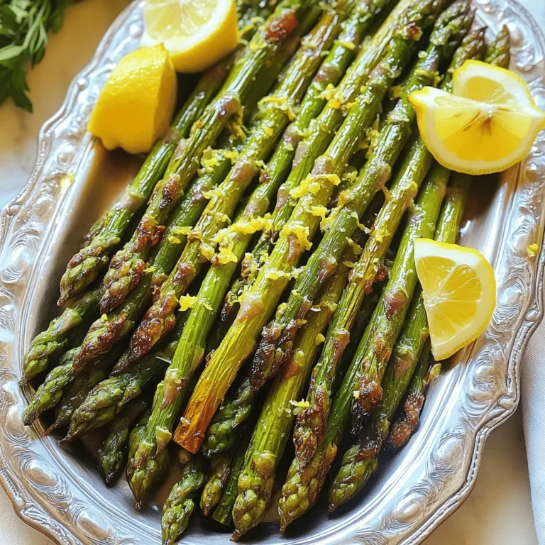 - 1 pound fresh asparagus, trimmed - 3 tablespoons olive oil - 4 cloves garlic, minced - Zest of 1 large lemon - 2 tablespoons fresh lemon juice - Salt and freshly cracked black pepper, to taste - 1/4 teaspoon red pepper flakes (optional) - Lemon wedges for garnish To make Lemon Garlic Roasted Asparagus, you need fresh asparagus. Look for bright green stalks. Trim the woody ends for the best bite. You will also need olive oil, which adds richness. Garlic gives the dish a wonderful aroma. The zest and juice of a lemon brighten the flavors. For seasoning, add salt and black pepper. This brings the taste alive. If you want a kick, use red pepper flakes. They add a nice heat. Lemon wedges are perfect for serving. They make the dish look nice and add more flavor. This simple list of ingredients makes a tasty side dish. You can enjoy it with any meal. For the full recipe, check out the detailed steps on how to prepare this delicious dish. - Preheating the oven Preheat your oven to 425°F (220°C). This heat gives the asparagus a nice roast. - Preparing the asparagus Trim the tough ends off the asparagus. This helps them cook evenly and taste great. - Mixing the ingredients In a large bowl, mix the trimmed asparagus, olive oil, minced garlic, lemon zest, and lemon juice. Don’t forget to sprinkle in salt and pepper. Toss until every piece is coated. - Roasting time and techniques Spread the asparagus on a baking sheet. Make sure they are in a single layer. Roast for 12-15 minutes. You want them tender but still a bit crisp. - Adding lemon juice and zest after roasting When you take them out, drizzle a little extra lemon juice on top. Add a sprinkle of lemon zest for more flavor. - Plating and serving suggestions Place the roasted asparagus on a serving platter. Garnish with lemon wedges on the side. This adds a nice touch that looks great. For the full recipe, check out [Full Recipe]. To select fresh asparagus, look for bright green stalks. The tips should be tightly closed and firm. Avoid any that are wilted or have brown spots. Spacing on the baking sheet is key. Lay the asparagus in a single layer. This allows even heat to reach each piece. Crowding the pan can lead to steaming instead of roasting. You can add herbs or spices for extra flavor. Try thyme, rosemary, or parsley to mix things up. A pinch of garlic powder or onion powder can also give a nice kick. Using flavored oils can change the dish’s taste. Consider using garlic-infused olive oil or lemon oil. These options add depth without extra work. For the full recipe, check out the detailed instructions earlier in the article. {{image_2}} You can switch up the vegetables in this dish. Try roasting broccoli, Brussels sprouts, or green beans. Each veggie brings its own flavor. Mix and match for fun! You can also swap lemon for other citrus. Lime or orange juice works great. Each adds a unique twist while keeping the dish bright and fresh. This recipe is easy to make vegan. Just use vegetable oil instead of olive oil. It’s also gluten-free, which is perfect for those with dietary needs. If you want to cut down on sodium, simply skip the salt. The garlic and lemon give plenty of flavor. You can adjust the red pepper flakes too. This keeps the dish delicious while meeting your health goals. For the Full Recipe, click here to find all the details. To keep your lemon garlic roasted asparagus fresh, place it in an airtight container. This helps to keep moisture out. Store the container in the fridge for up to three days. If you want to reheat, use the oven. Preheat it to 350°F (175°C) and bake for about 10 minutes. This keeps the asparagus crisp. When stored properly, lemon garlic roasted asparagus stays fresh for up to three days. After that, it may lose its taste and texture. Look for signs of spoilage like a slimy texture or browning tips. If you notice these, it's best to toss the asparagus. Freshness is key for the best flavor! Lemon garlic roasted asparagus pairs well with many dishes. Try it with grilled chicken or fish. It also goes nicely with pasta or quinoa. For a heartier meal, serve it alongside steak or pork chops. You can even include it in a salad for added crunch and flavor. Yes, you can use frozen asparagus. Thaw it first to ensure even cooking. Pat it dry to remove excess moisture. This helps it roast better and prevents sogginess. Cooking time may change, so check it after 10 minutes. Frozen asparagus may need a bit more time, but it can be just as tasty. Yes, this recipe is great for meal prep. You can roast the asparagus in advance and store it. Allow it to cool before placing it in an airtight container. It will stay fresh in the fridge for up to three days. Reheat it in the oven or microwave for a quick side dish. For the best taste, add fresh lemon juice before serving. You can find the full recipe [here](#). Lemon Garlic Roasted Asparagus is simple and tasty. You learned the key ingredients, steps, and tips. Fresh asparagus shines with lemon and garlic. Try different veggies and seasonings to mix things up. Store leftovers properly for later enjoyment. This dish works well with many meals and is great for meal prep. Enjoy this easy and delicious recipe.