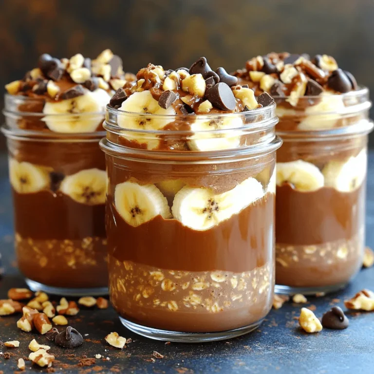 - 1 cup rolled oats - 2 cups almond milk (or milk of choice) - 2 tablespoons cocoa powder - 2 tablespoons peanut butter (creamy or crunchy) - 2 tablespoons maple syrup (or honey) - 1 teaspoon vanilla extract - A pinch of salt To make chocolate peanut butter overnight oats, you need a few basic items. Start with rolled oats; they soak up liquid well and give a nice texture. Then, grab almond milk or your favorite milk. Cocoa powder adds that rich chocolate flavor, while peanut butter provides creaminess and protein. The maple syrup or honey sweetens the dish, and vanilla extract adds a warm note. Finally, a pinch of salt enhances the flavor. - Sliced bananas - Crushed nuts - Dark chocolate chips - Chia seeds Toppings can make your oats even better. Sliced bananas add freshness, while crushed nuts give a crunchy contrast. Dark chocolate chips boost the chocolate flavor, and chia seeds add extra nutrients. You can mix and match these toppings for a fun breakfast experience. Check out the Full Recipe for more details! - Combine dry ingredients in a bowl. - Whisk together wet ingredients. - Mix dry and wet ingredients thoroughly. Begin by taking a large bowl. Add 1 cup of rolled oats, 2 tablespoons of cocoa powder, and a pinch of salt. Stir these together well. This helps to mix the cocoa powder evenly with the oats. In a different bowl, whisk together 2 cups of almond milk, 2 tablespoons of peanut butter, 2 tablespoons of maple syrup, and 1 teaspoon of vanilla extract. If your peanut butter is thick, warm it in the microwave for a few seconds. This makes it easier to mix. Once smooth, pour this wet mix into your dry oat mix. Stir until everything is well combined. The oats should be fully coated. - Transfer mixture into mason jars or containers. - Seal and refrigerate overnight. Now, it’s time to store your oats. Divide the mixture evenly into two mason jars or airtight containers. Make sure to seal them tightly. Place them in the fridge overnight. This lets the oats soak up all the tasty flavors and become soft. If you’re short on time, let them sit for at least 4 hours. - Stir before serving. - Adjust sweetness and add toppings. When morning comes, take your jars out of the fridge. Give the oats a good stir to mix everything again. If you want it sweeter, you can add more maple syrup. Now comes the fun part—toppings! Add sliced bananas, crushed nuts, dark chocolate chips, or chia seeds to make it special. Enjoy your delicious meal! - Use rolled oats for optimal texture. They soak up liquid well and keep a nice bite. - To mix peanut butter easily, warm it in the microwave for a few seconds. This makes it smooth and easy to blend. - Artfully layer toppings like sliced bananas and dark chocolate chips. This makes your oats look stunning. - Serve in clear jars. This way, you can show off the beautiful layers of oats and toppings. - The ideal soaking time is overnight. This allows the flavors to meld perfectly and the oats to soften. - Prepare your oats in the evening for a quick breakfast the next morning. It saves time and keeps you on track! {{image_2}} You can switch up the taste of your chocolate peanut butter overnight oats. Try using different nut butters. Almond butter or cashew butter can add a new twist. You can also mix in spices to enhance flavor. A pinch of cinnamon or nutmeg can make a big difference. Just remember to start with a small amount and taste as you go. If you want to make your oats vegan, use maple syrup instead of honey. Almond milk works well, but feel free to choose any milk you like. For those who need gluten-free options, just look for gluten-free oats. They will give you the same great taste without the gluten. You can boost the nutrition of your oats by adding seeds or fruits. Chia seeds or flaxseeds are great options for extra fiber. Fresh berries or diced apples add natural sweetness and color. Customizing your toppings is fun. You can top your oats with sliced bananas, crushed nuts, or dark chocolate chips. Get creative and make each bowl unique! For the complete recipe, check out the [Full Recipe]. How long can you store overnight oats? You can store chocolate peanut butter overnight oats for up to five days. They stay fresh when kept in the fridge. After five days, the oats may lose texture and flavor. Optimal container choices for storage Use airtight containers or mason jars for the best storage. These keep the oats fresh and prevent spills. Make sure the containers seal tightly. This helps maintain the flavor and texture. Serving cold vs. reheating options Overnight oats taste great cold, right from the fridge. If you prefer warm oats, heat them in the microwave. Add a splash of milk to keep them creamy while reheating. How to make leftover oats taste fresh To refresh leftover oats, stir in a little more milk or yogurt. You can also add fresh fruit or a drizzle of maple syrup. This boosts flavor and keeps the oats enjoyable. You can add more maple syrup or honey. You can also try mashed bananas or a sprinkle of brown sugar. Each option gives a unique taste. Just mix in your sweetener before chilling the oats. Yes, you can make a few jars at once. Store them in the fridge for up to five days. Just keep the toppings separate until you're ready to eat. This way, your oats stay fresh and tasty. Yes, overnight oats are a healthy choice. They are high in fiber and protein. This keeps you full longer. You can also add fruits or nuts for extra nutrients. The chocolate and peanut butter make them yummy too! Quick oats can work, but they may turn mushy. Rolled oats give a better texture. If you choose quick oats, reduce the soaking time. They need less time to absorb the liquid. These oats last up to five days in the fridge. Make sure to keep them in a sealed container. The longer they sit, the softer they get. Enjoy them within that time for the best flavor and texture. For the full recipe, check out the detailed instructions above! In this article, we covered how to make delicious chocolate peanut butter overnight oats. We listed the main ingredients and shared step-by-step instructions. I shared tips to enhance flavor and texture and presented fun variations. Remember, these oats are not only easy to make but also versatile and nutritious. Enjoy different toppings and flavors to keep breakfast exciting. Try it out, and I hope you love your new morning routine!