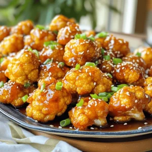 To make spicy honey garlic cauliflower bites, you need these key ingredients: - 1 large head of cauliflower, cut into bite-sized florets - 1 cup all-purpose flour - 1 teaspoon garlic powder - 1 teaspoon smoked paprika - ½ teaspoon cayenne pepper (adjust for spice level) - 1 cup water (or vegetable broth for extra flavor) - 1 tablespoon olive oil - Salt and pepper to taste - ½ cup honey - 3 tablespoons soy sauce (or tamari for gluten-free) - 2 tablespoons apple cider vinegar - 2 cloves garlic, minced - 1 teaspoon fresh ginger, grated - 1 tablespoon sesame seeds (for garnish) - Chopped green onions (for garnish) The cauliflower is the star here. It absorbs great flavors and becomes tender. The batter has flour, spices, and water or broth. This mix gives a nice crunch after baking. You can swap some ingredients if you need to. For flour, try almond flour or chickpea flour for gluten-free options. If you want a different sweetener, use maple syrup instead of honey. For a soy sauce alternative, coconut aminos work well. Also, if you don’t have fresh ginger, ground ginger can work in a pinch. Garnishing your bites can add flair. Use sesame seeds for a nutty touch. Chopped green onions bring a fresh crunch. If you like, add crushed red pepper for an extra kick. These small touches can elevate the dish and make it look more appealing. For the full recipe, check out the details above. Start by preheating your oven to 425°F (220°C). This helps the bites become crispy. Next, cut a large head of cauliflower into bite-sized florets. Make sure they are all about the same size. This helps them cook evenly. Rinse the florets under cold water to wash away any dirt. Pat them dry with a clean towel. Dry florets will hold the batter better. In a large mixing bowl, combine 1 cup of all-purpose flour, 1 teaspoon of garlic powder, 1 teaspoon of smoked paprika, and ½ teaspoon of cayenne pepper. You can change the cayenne amount for more or less heat. Add salt and pepper to taste. Slowly pour in 1 cup of water or vegetable broth, stirring with a whisk until the batter is smooth. You want it to be thick enough to coat the cauliflower but not too thick. Dip each cauliflower floret into the batter, letting the extra drip off. Place the coated florets on a baking sheet lined with parchment paper. Make sure they are in a single layer. Bake them for about 25-30 minutes, turning halfway through. You want them golden and crispy. While they bake, make the spicy honey garlic sauce. In a small saucepan, mix ½ cup of honey, 3 tablespoons of soy sauce, 2 tablespoons of apple cider vinegar, 2 cloves of minced garlic, and 1 teaspoon of grated ginger. Heat it over medium heat and stir until it simmers for about 5 minutes. This thickens the sauce. Once the cauliflower is done, toss the bites in the sauce. Return them to the baking sheet and bake for another 5-7 minutes. This caramelizes the sauce and adds great flavor. To get crispy cauliflower, follow a few simple steps. First, make sure your oven is hot. Preheat it to 425°F (220°C). This heat helps the batter crisp up. Use a good amount of flour in your batter. The flour gives a nice crunch. When you coat the cauliflower, let the excess batter drip off. This helps avoid a soggy bite. Bake them in a single layer on parchment paper. This way, they won’t steam. Turn them halfway through baking for even crispiness. These spicy honey garlic cauliflower bites are great for many occasions. Serve them as a tasty appetizer at a party. They are fun finger foods. You can also enjoy them as a main dish with rice or noodles. For a fresh touch, add a side of cucumber salad. Just slice cucumbers and toss them in vinegar. It balances the spice well. Don’t forget to sprinkle some sesame seeds and green onions on top! They add color and texture. Want to boost the flavor? Try adding lime juice to the sauce. It gives a zesty kick. You can also mix in some chili flakes for extra heat. If you love herbs, fresh cilantro works great too. Just chop it and sprinkle on the bites before serving. For more depth, you can use dark soy sauce instead of regular. This makes the bites richer. Each of these tweaks can make your dish even more special. Check the Full Recipe for more ideas! {{image_2}} You can turn the heat up with a spicier version of these bites. To do this, add extra cayenne pepper to the batter. You can also mix in some chili flakes or hot sauce to the honey garlic sauce. This change makes the dish fiery but still tasty. If you love spice, try using a hotter pepper in the sauce, like sriracha. Adjust to your heat preference to find the perfect balance. To make this dish vegan, swap the honey for maple syrup or agave nectar. Both work well and keep the sweet flavor. You can also use a gluten-free flour mix if needed. Choose vegetable broth instead of water to add extra flavor to the batter. These simple swaps keep the dish delicious and allow everyone to enjoy it. You can experiment with different sauces for a new twist. Try a sweet teriyaki sauce instead of the honey garlic. A spicy buffalo sauce adds a tangy kick. For a creamy touch, mix in some ranch dressing after baking. Each sauce creates a unique flavor profile that makes this dish exciting. Don't hesitate to mix and match sauces to see what you love best. For the full recipe, check out the recipe above. To keep your spicy honey garlic cauliflower bites fresh, place them in an airtight container. Make sure the bites are cool before sealing the container. Store them in the fridge for up to three days. This way, you can enjoy them later without losing their flavor. To reheat, preheat your oven to 350°F (175°C). Spread the cauliflower bites on a baking sheet. Bake for about 10-15 minutes, or until they are warm and crispy again. You can also use an air fryer for a quicker option. Just heat them for around 5 minutes at 350°F (175°C). If you want to save some for later, freezing works great. Place the cauliflower bites in a single layer on a baking sheet. Freeze them for about one hour, then transfer them to a freezer-safe bag. They can last up to three months in the freezer. When ready to eat, bake them straight from the freezer for about 20-25 minutes at 425°F (220°C). Enjoy your tasty treat anytime! For more details, check the Full Recipe. Yes, you can use frozen cauliflower florets. Just make sure to thaw them first. Pat them dry with a towel to remove excess moisture. This helps the batter stick better. Frozen florets may cook faster, so keep an eye on them in the oven. These bites pair well with many dishes. I love serving them with rice or quinoa. They also work great as a side for grilled chicken or fish. You can even enjoy them on their own as a snack. Add a dipping sauce like ranch or yogurt for extra flavor. To change the spice level, simply adjust the cayenne pepper. Use less for a milder bite. If you like it spicy, add more cayenne or even some chili flakes. You can also add hot sauce to the honey garlic sauce for an extra kick. Spicy Honey Garlic Cauliflower Bites provide a tasty, healthy snack option. You learned the main ingredients, how to prepare, and tips for perfect bites. We also explored various flavors and storage tips. Enjoy these bites fresh or stored for later. Change up the flavors for fun. Remember, cooking is about trying new things. So, get creative and make this dish your own!