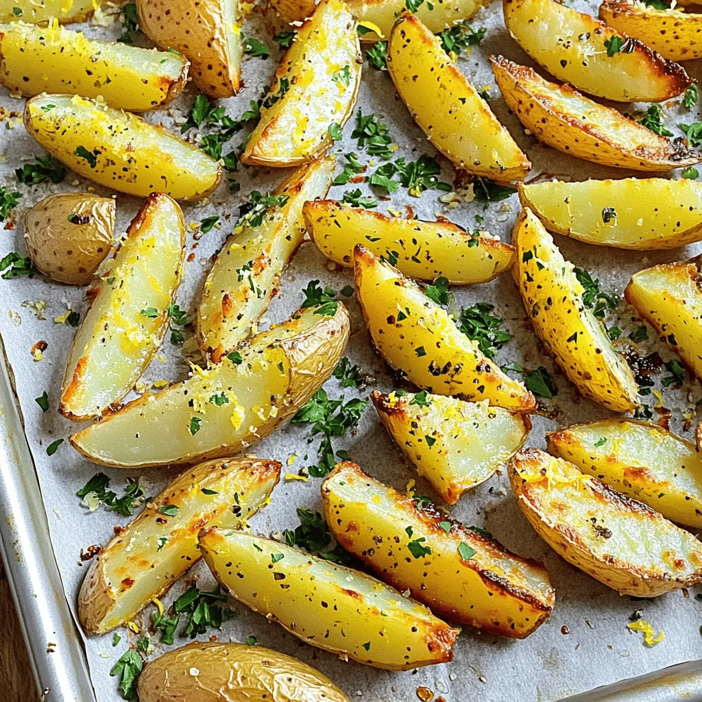 - 4 large Russet potatoes, washed and cut into wedges - 1/4 cup olive oil - 3 tablespoons fresh lemon juice - 2 teaspoons dried oregano - 1 teaspoon garlic powder - 1 teaspoon onion powder - 1 teaspoon salt - 1/2 teaspoon black pepper - 1/4 cup grated Parmesan cheese (optional) - Fresh parsley, chopped (for garnish) The main ingredients in this recipe are simple yet vital. Fresh, quality potatoes make a big difference. I prefer Russet potatoes for their fluffy texture. Olive oil is key for crispiness and flavor. Fresh lemon juice adds a bright, zesty kick. Dried oregano and garlic powder give a wonderful aroma and taste. Always choose high-quality olive oil for the best results. You can try other potatoes too, like Yukon Gold or red potatoes. Both will bring different textures and tastes. Adding cheese can take these wedges to the next level. I love to use Parmesan for a nutty flavor. You can also try feta cheese for a salty touch. For herbs, consider adding fresh rosemary or thyme. Both herbs will boost the aroma. Dried basil works too if you don't have fresh herbs. Spices can create a unique twist. Try adding paprika for heat or cumin for warmth. A pinch of chili flakes can add a nice kick. Feel free to mix and match these suggestions! How to properly wash and cut potatoes Start by washing your potatoes under cold water. Scrub them to remove dirt. You can leave the skin on for added texture. Cut each potato in half lengthwise, then slice each half into wedges. Aim for uniform sizes to ensure even cooking. Mixing the marinade for flavor infusion In a big bowl, combine olive oil, fresh lemon juice, dried oregano, garlic powder, onion powder, salt, and black pepper. Whisk this mixture until it blends well. This marinade gives the wedges a bright, zesty flavor. Tips for even coating of wedges Add the potato wedges to the marinade. Toss them gently to coat each wedge evenly. Make sure all sides get the marinade. This step is key for maximum flavor. Ideal oven settings for optimal cooking Preheat your oven to 425°F (220°C). A hot oven helps the wedges crisp up nicely. This temperature is perfect for roasting potatoes. Importance of spacing on the baking sheet Line a baking sheet with parchment paper. Arrange the wedges in a single layer, leaving space between them. Avoid overcrowding. This helps them cook evenly and become crispy. Guidelines for checking doneness Bake the wedges for 30-35 minutes. Flip them halfway through to ensure all sides brown. They are done when they turn golden brown and feel crispy to the touch. Best ways to serve Greek Lemon Potato Wedges Once out of the oven, let the wedges cool for a few minutes. Serve them warm, garnished with chopped fresh parsley for a pop of color. Pairing suggestions with dips or sauces These wedges pair well with tzatziki or a creamy garlic dip. A simple yogurt sauce can also enhance their flavor. Ideal accompaniments for a complete meal Serve Greek lemon potato wedges as a side dish with grilled chicken or fish. They also work well with salads or roasted vegetables. Enjoy these tasty wedges with your favorite main dish! For a complete guide, refer to the Full Recipe. To make your Greek lemon potato wedges extra crispy, follow these tips: - Choose the Right Potatoes: Use starchy potatoes like Russets. They give the best texture. - Cut Evenly: Cut your wedges into similar sizes. This helps them cook evenly. - Soak in Water: Soak the cut wedges in cold water for 30 minutes. This removes excess starch. - Dry Thoroughly: After soaking, dry the wedges well with a towel. Moisture can make them soggy. - Oil Generously: Coat the wedges in olive oil. This helps them crisp up nicely. - Flipping is Key: Flip the wedges halfway through baking. This ensures all sides get golden. For faster results, try using an air fryer. Preheat it to 400°F. Cook for about 20 minutes, shaking halfway through. You can prepare these wedges in advance for parties or family meals: - Prep Ahead: Cut and marinate the wedges the day before. Store them in the fridge. - Storage: Place cooked wedges in an airtight container. They last about three days. - Reheating: To keep them crispy, reheat in the oven at 375°F for 10-15 minutes. Avoid the microwave, as it can make them soggy. Greek lemon potato wedges fit well into meal preps: - Pair with Proteins: Add chicken or fish for a balanced meal. - Store Smart: Use glass containers for easy heating. They keep the wedges fresh. - Flavor Variations: Change up the spices for different meals. Try adding smoked paprika or fresh herbs to keep things exciting. For the full recipe, check out the entire section on Greek Lemon Potato Wedges. {{image_2}} You can change the flavor of Greek lemon potato wedges easily. For a Mediterranean twist, try adding some dried thyme or basil. They add a nice herbal note. Want some heat? Sprinkle chili flakes or paprika for a spicy kick. It really wakes up the dish! You can also infuse fresh herbs like rosemary or thyme. Just chop them finely and mix them into the marinade. Each choice will make your wedges feel new and exciting. If you need gluten-free options, check your seasoning. Many are naturally free of gluten. Just read the labels carefully. For a vegan dish, skip the Parmesan cheese. The wedges are still tasty without it! If you're watching carbs, consider using cauliflower instead of potatoes. You can cut cauliflower into similar shapes. It will still soak up the lemon flavor and bake nicely. These potato wedges are not just a side dish. You can turn them into a salad topping. Just chop the wedges and mix them with greens. They add a crunchy texture and great taste. They also pair well with grilled meats or fish. Serve them alongside chicken or salmon for a full meal. For brunch, place the wedges on a plate with eggs and bacon. They make a fun addition to your breakfast spread. For more ideas, check out the Full Recipe. To keep your Greek lemon potato wedges fresh, follow these tips: - Allow the wedges to cool completely before storing them. - Place them in an airtight container or wrap them tightly in foil. - Store in the fridge at 40°F (4°C) or lower. - You can freeze them for longer storage, but they may lose some crispiness. These wedges stay good in the fridge for about 3-5 days. If you freeze them, aim to use them within a month. Look for signs of spoilage, like a strange smell or slimy texture. If you see these, it’s best to throw them out. To enjoy your Greek lemon potato wedges again, reheating properly is key: - The oven is the best method. Preheat it to 400°F (200°C) and warm the wedges for about 10-15 minutes. - Using the oven helps keep them crispy. - If you use a microwave, place a paper towel under the wedges to absorb moisture. This may help reduce sogginess. The oven method gives the best taste and texture. You can find the full recipe for these wedges and more tips on how to enjoy them. Greek Lemon Potato Wedges can last about 3 to 5 days in the fridge. Make sure to keep them in an airtight container. To check for spoilage, look for changes in texture or smell. If they feel mushy or smell off, it’s best to toss them. Yes, you can make these wedges in an air fryer! Start by spraying the basket with oil. Toss the wedges in the lemon-olive oil mix as usual. Arrange them in a single layer in the basket. Set the air fryer to 400°F (200°C) and cook for 20 to 25 minutes. Shake the basket halfway through for even crispiness. Some great dips for these wedges include tzatziki, hummus, and garlic aioli. Tzatziki adds a fresh, cool taste, while hummus brings creaminess. If you want convenience, store-bought options work well. Homemade dips can taste even better, so try making your own for a special touch! Greek Lemon Potato Wedges are fun and simple to make. Quality ingredients, like fresh herbs and good potatoes, really boost flavor. You can customize with different spices or cheeses. Remember to follow the steps for prep and baking to get that perfect crispness. These wedges fit well into meal prep, making meals easy. Store extras properly and reheat with care for tasty snacks later. Enjoy making and sharing these delicious wedges with family and friends!