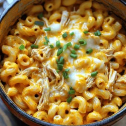 - 2 cups elbow macaroni - 1 pound cooked chicken, shredded - 3 cups chicken broth - 1 cup buffalo sauce (adjust to taste) - 1 cup sharp cheddar cheese, shredded - 1 cup mozzarella cheese, shredded - 1 tablespoon olive oil - 1 cup milk - 1 teaspoon garlic powder - 1 teaspoon onion powder - Salt and pepper to taste - Chopped green onions - Additional cheese types for variation To make One Pot Buffalo Chicken Mac and Cheese, gather these ingredients. The elbow macaroni gives the dish a nice bite. Shredded chicken adds protein and heartiness. Chicken broth serves as the base, bringing depth of flavor. Buffalo sauce gives that spicy kick you crave. I like to blend sharp cheddar and mozzarella cheese for rich creaminess. Olive oil adds a nice gloss and flavor. Milk makes everything silky. Garlic powder and onion powder boost the taste. Don’t forget salt and pepper to adjust flavors to your liking. For a pop of color and taste, consider adding chopped green onions. You can even swap in different cheeses if you want to mix it up. Each ingredient plays a role, so use fresh and quality items for the best results. Check the [Full Recipe](#) for exact amounts and more tips! 1. Sautéing the shredded chicken Start by heating olive oil in a large pot over medium heat. Add the shredded chicken. Sauté it for about 2-3 minutes. This warms the chicken and adds flavor. 2. Mixing ingredients in the pot Next, stir in the buffalo sauce, garlic powder, and onion powder. Mix well to coat the chicken evenly. This step gives your dish a bold, spicy kick. 1. Boiling and simmering the macaroni Pour the chicken broth into the pot. Bring it to a boil. Once boiling, add the elbow macaroni. Stir it in and reduce the heat to medium-low. Cover the pot and let it simmer for 8-10 minutes, stirring occasionally. The pasta should cook to al dente. 2. Adding cheese and achieving creaminess After the pasta cooks, stir in the milk. Gradually, add the sharp cheddar and mozzarella cheeses. Keep stirring until the cheese melts, creating a creamy sauce. This is the moment your dish transforms into a rich delight. 1. Adjusting seasoning Taste your dish and add salt and pepper as needed. Adjust the flavors to match your preference. This step lets you personalize your buffalo chicken mac and cheese. 2. Garnishing before serving When ready to serve, let the dish sit for a couple of minutes. This helps it thicken. If you like, garnish with chopped green onions for a fresh touch. Enjoy your One Pot Buffalo Chicken Mac and Cheese Delight! For the complete recipe, check out [Full Recipe]. For the best flavor, I recommend using Frank's RedHot sauce. It has the perfect balance of heat and tang. If you like it spicier, choose a brand like Crystal Hot Sauce. You can even mix sauces for a unique taste! To make your cheese melt creamy, use shredded cheese instead of blocks. Shredded cheese melts faster and blends well. Mix cheeses like sharp cheddar and mozzarella for a rich flavor. Stir the cheese in slowly for the best result. To avoid overcooking the pasta, keep an eye on the time. Cook the elbow macaroni for just 8-10 minutes. Test it for doneness before draining. It should be al dente, firm yet tender. Use a large pot for this recipe. A six-quart pot is ideal. It gives enough space for the pasta and sauce to mix well without boiling over. Pair your buffalo chicken mac and cheese with a fresh salad. A simple green salad with a light vinaigrette works great. You can also serve it with crispy celery sticks for a crunch. For leftovers, try making buffalo chicken mac and cheese tacos. Just spoon the mac into soft tortillas. Add some lettuce and ranch dressing. It’s a fun way to enjoy your meal again! Try the Full Recipe for more details on making this dish. {{image_2}} You can change the protein in this dish. Use turkey or tofu if you prefer. These options work well with the same flavors. You can even mix proteins for a fun twist. For cheese, try using pepper jack for a spicy kick. Gouda or fontina can add a rich taste. Mix and match until you find your favorite combo. Want it spicier? Add more buffalo sauce or some red pepper flakes. You can also mix in jalapeños for extra heat. If you prefer it milder, reduce the buffalo sauce. A little honey can balance the spice too. Try adding cream cheese for a smoother taste that cools things down. If you need gluten-free options, look for gluten-free pasta. Many brands offer a great taste and texture. For a vegan version, use plant-based chicken and dairy-free cheese. You can also use almond milk instead of regular milk. With these swaps, you can enjoy this dish while meeting your needs. For the full recipe, check out the detailed steps above! To store leftover One Pot Buffalo Chicken Mac and Cheese, let it cool first. Place it in an airtight container. This keeps out air and moisture. I recommend using glass or BPA-free plastic containers. They seal tightly and won’t stain or hold smells. For the best taste, reheat in a pot on the stove. Add a splash of milk to keep it creamy. Stir often over low heat until warm. You can also use a microwave, but cover it to trap steam. This helps it heat evenly and stay moist. You can freeze this dish to enjoy later. Allow it to cool completely, then transfer it to a freezer-safe container. Make sure to leave some space for expansion. When ready to eat, thaw it overnight in the fridge. Reheat on the stove, adding a bit of milk for creaminess. To amp up the heat, try these tips: - Add more buffalo sauce. Start with a little extra and taste as you go. - Mix in diced jalapeños for a fresh kick. - Top with spicy cheese, like pepper jack. - Use hot sauce or chili flakes in the mix. These simple changes can turn up the heat and make your dish pop! Yes, you can start with raw chicken. Here’s how: - Dice the chicken into small pieces for even cooking. - Add the raw chicken to the pot before adding the buffalo sauce. - Cook it until fully done, about 5-7 minutes. - Then, follow the rest of the recipe. This method gives you juicy chicken and great flavor! If you want a different flavor, try these options: - BBQ sauce for a sweet and smoky taste. - Sriracha for a spicy twist. - Teriyaki sauce for a sweet, Asian flair. - Hot wing sauce for a similar heat with a new twist. These swaps keep your dish exciting and fun! This blog post covered how to make One Pot Buffalo Chicken Mac and Cheese using simple ingredients. You learned about the steps to prepare, cook, and serve this tasty dish. I shared tips for flavor and cooking to make your meal even better. Remember, you can change ingredients or spice levels to suit your taste. With easy storage and reheating methods, you can enjoy leftovers without losing flavor. Dive into this dish and make it your way!