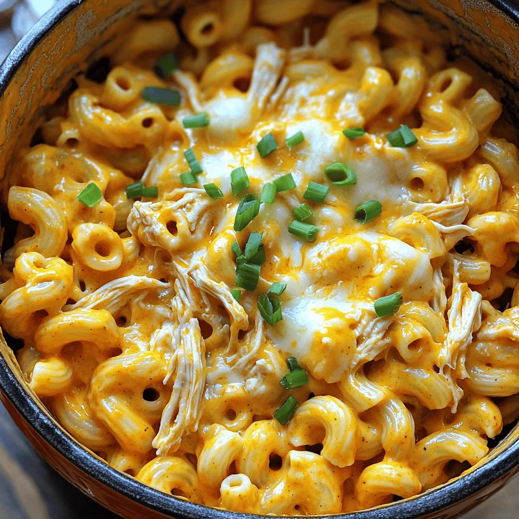 - 2 cups elbow macaroni - 1 pound cooked chicken, shredded - 3 cups chicken broth - 1 cup buffalo sauce (adjust to taste) - 1 cup sharp cheddar cheese, shredded - 1 cup mozzarella cheese, shredded - 1 tablespoon olive oil - 1 cup milk - 1 teaspoon garlic powder - 1 teaspoon onion powder - Salt and pepper to taste - Chopped green onions - Additional cheese types for variation To make One Pot Buffalo Chicken Mac and Cheese, gather these ingredients. The elbow macaroni gives the dish a nice bite. Shredded chicken adds protein and heartiness. Chicken broth serves as the base, bringing depth of flavor. Buffalo sauce gives that spicy kick you crave. I like to blend sharp cheddar and mozzarella cheese for rich creaminess. Olive oil adds a nice gloss and flavor. Milk makes everything silky. Garlic powder and onion powder boost the taste. Don’t forget salt and pepper to adjust flavors to your liking. For a pop of color and taste, consider adding chopped green onions. You can even swap in different cheeses if you want to mix it up. Each ingredient plays a role, so use fresh and quality items for the best results. Check the [Full Recipe](#) for exact amounts and more tips! 1. Sautéing the shredded chicken Start by heating olive oil in a large pot over medium heat. Add the shredded chicken. Sauté it for about 2-3 minutes. This warms the chicken and adds flavor. 2. Mixing ingredients in the pot Next, stir in the buffalo sauce, garlic powder, and onion powder. Mix well to coat the chicken evenly. This step gives your dish a bold, spicy kick. 1. Boiling and simmering the macaroni Pour the chicken broth into the pot. Bring it to a boil. Once boiling, add the elbow macaroni. Stir it in and reduce the heat to medium-low. Cover the pot and let it simmer for 8-10 minutes, stirring occasionally. The pasta should cook to al dente. 2. Adding cheese and achieving creaminess After the pasta cooks, stir in the milk. Gradually, add the sharp cheddar and mozzarella cheeses. Keep stirring until the cheese melts, creating a creamy sauce. This is the moment your dish transforms into a rich delight. 1. Adjusting seasoning Taste your dish and add salt and pepper as needed. Adjust the flavors to match your preference. This step lets you personalize your buffalo chicken mac and cheese. 2. Garnishing before serving When ready to serve, let the dish sit for a couple of minutes. This helps it thicken. If you like, garnish with chopped green onions for a fresh touch. Enjoy your One Pot Buffalo Chicken Mac and Cheese Delight! For the complete recipe, check out [Full Recipe]. For the best flavor, I recommend using Frank's RedHot sauce. It has the perfect balance of heat and tang. If you like it spicier, choose a brand like Crystal Hot Sauce. You can even mix sauces for a unique taste! To make your cheese melt creamy, use shredded cheese instead of blocks. Shredded cheese melts faster and blends well. Mix cheeses like sharp cheddar and mozzarella for a rich flavor. Stir the cheese in slowly for the best result. To avoid overcooking the pasta, keep an eye on the time. Cook the elbow macaroni for just 8-10 minutes. Test it for doneness before draining. It should be al dente, firm yet tender. Use a large pot for this recipe. A six-quart pot is ideal. It gives enough space for the pasta and sauce to mix well without boiling over. Pair your buffalo chicken mac and cheese with a fresh salad. A simple green salad with a light vinaigrette works great. You can also serve it with crispy celery sticks for a crunch. For leftovers, try making buffalo chicken mac and cheese tacos. Just spoon the mac into soft tortillas. Add some lettuce and ranch dressing. It’s a fun way to enjoy your meal again! Try the Full Recipe for more details on making this dish. {{image_2}} You can change the protein in this dish. Use turkey or tofu if you prefer. These options work well with the same flavors. You can even mix proteins for a fun twist. For cheese, try using pepper jack for a spicy kick. Gouda or fontina can add a rich taste. Mix and match until you find your favorite combo. Want it spicier? Add more buffalo sauce or some red pepper flakes. You can also mix in jalapeños for extra heat. If you prefer it milder, reduce the buffalo sauce. A little honey can balance the spice too. Try adding cream cheese for a smoother taste that cools things down. If you need gluten-free options, look for gluten-free pasta. Many brands offer a great taste and texture. For a vegan version, use plant-based chicken and dairy-free cheese. You can also use almond milk instead of regular milk. With these swaps, you can enjoy this dish while meeting your needs. For the full recipe, check out the detailed steps above! To store leftover One Pot Buffalo Chicken Mac and Cheese, let it cool first. Place it in an airtight container. This keeps out air and moisture. I recommend using glass or BPA-free plastic containers. They seal tightly and won’t stain or hold smells. For the best taste, reheat in a pot on the stove. Add a splash of milk to keep it creamy. Stir often over low heat until warm. You can also use a microwave, but cover it to trap steam. This helps it heat evenly and stay moist. You can freeze this dish to enjoy later. Allow it to cool completely, then transfer it to a freezer-safe container. Make sure to leave some space for expansion. When ready to eat, thaw it overnight in the fridge. Reheat on the stove, adding a bit of milk for creaminess. To amp up the heat, try these tips: - Add more buffalo sauce. Start with a little extra and taste as you go. - Mix in diced jalapeños for a fresh kick. - Top with spicy cheese, like pepper jack. - Use hot sauce or chili flakes in the mix. These simple changes can turn up the heat and make your dish pop! Yes, you can start with raw chicken. Here’s how: - Dice the chicken into small pieces for even cooking. - Add the raw chicken to the pot before adding the buffalo sauce. - Cook it until fully done, about 5-7 minutes. - Then, follow the rest of the recipe. This method gives you juicy chicken and great flavor! If you want a different flavor, try these options: - BBQ sauce for a sweet and smoky taste. - Sriracha for a spicy twist. - Teriyaki sauce for a sweet, Asian flair. - Hot wing sauce for a similar heat with a new twist. These swaps keep your dish exciting and fun! This blog post covered how to make One Pot Buffalo Chicken Mac and Cheese using simple ingredients. You learned about the steps to prepare, cook, and serve this tasty dish. I shared tips for flavor and cooking to make your meal even better. Remember, you can change ingredients or spice levels to suit your taste. With easy storage and reheating methods, you can enjoy leftovers without losing flavor. Dive into this dish and make it your way!