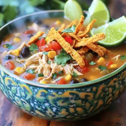 - 1 lb boneless, skinless chicken breasts - 1 medium onion, chopped - 2 cloves garlic, minced - 1 red bell pepper, diced - 1 can (14 oz) diced tomatoes with green chilies - 4 cups chicken broth - 1 can (15 oz) black beans, drained and rinsed - 1 cup frozen corn - 1 tablespoon ground cumin - 1 tablespoon chili powder - 1 teaspoon smoked paprika - Salt and pepper to taste - 1 lime, juiced - Fresh cilantro, chopped (for garnish) - Tortilla strips (for topping) - Instant Pot - Cutting board - Sharp knife - Measuring spoons - Mixing spoon - Avocado slices - Shredded cheese - Sour cream For the Instant Pot Chicken Tortilla Soup, you need simple and fresh ingredients. The chicken gives heartiness. The veggies add color and crunch. Tomatoes bring a tangy base. Spices like cumin and chili powder pack a punch. Each bite bursts with flavor. This soup is easy to make and fun to share! I love using the Instant Pot for this soup. It saves time and keeps the chicken juicy. You can swap ingredients too. Try adding zucchini or using different beans. The full recipe guides you through each step. Enjoy your cooking! - Season the chicken breasts with salt, pepper, and half of the cumin and chili powder. - Turn the Instant Pot to sauté mode. - Sauté chopped onion, garlic, and red bell pepper until softened for about 3-4 minutes. - Add seasoned chicken and remaining ingredients, then stir to combine. - Close the lid, seal the pressure valve, and cook on high for 15 minutes. - Allow natural pressure release for 5 minutes, then quick release the rest. - Shred chicken and stir in lime juice before serving. This method makes it easy to create a warm, tasty soup. You’ll love how quick it is! The Full Recipe shows how to make this dish perfectly. - Ensure chicken is well-seasoned before cooking for optimal flavor. - Stirring before sealing the lid helps to prevent the "burn" warning. - Serve in colorful bowls to enhance presentation. - Garnish with fresh lime wedges and cheese for added appeal. - Adjust lime juice for tanginess or add hot sauce for spice. - Experiment with different beans or add fresh veggies for crunch. Using fresh ingredients makes a big difference in taste. For the best flavor, season your chicken well. I like to use salt, pepper, cumin, and chili powder. This gives the chicken a nice base flavor. Stir the soup well before sealing the lid on your Instant Pot. This prevents the dreaded "burn" warning. You want a smooth cooking process to enjoy your meal. When it comes to serving, think about color. Bright bowls can make your soup look more inviting. Add a sprinkle of cheese and some lime wedges on top. This adds flavor and makes it look great. Want to change things up? You can adjust the lime juice to fit your taste. If you like spice, a dash of hot sauce can kick it up a notch. You can also try different beans or toss in some fresh veggies for a crunchy texture. For the full recipe, check out the details to make this delicious dish. {{image_2}} You can easily make this soup vegetarian. Just substitute the chicken with 1 can of chickpeas or use additional beans. This keeps the protein high while adding a nice texture. Chickpeas soak up flavors well and bring a hearty feel to the soup. If you love heat, try the spicy version! You can add jalapeños for a fresh kick or increase the chili powder if you want more spice. This adds depth and makes each bowl exciting. Just be careful; you can always add more heat, but it’s hard to take it away. For a rich and smooth texture, mix in a splash of heavy cream or coconut milk just before serving. This adds a velvety touch that balances the spices well. It makes the soup comforting and delicious. You might even want to try it with both cream and coconut milk for a unique twist. Try these variations to match your taste. Each one gives a new twist to the classic dish. Check out the Full Recipe for more tips on how to make this amazing soup! Store leftovers in an airtight container in the fridge for up to 3-4 days. This keeps the soup fresh and flavorful. Make sure to let it cool before sealing. Freeze in portions for up to 2-3 months. Use freezer-safe containers. To enjoy later, defrost in the fridge overnight before reheating. This way, you keep the taste intact. Reheat on the stovetop or in the microwave until heated through. Stir the soup well for even heating. If it seems thick, add a splash of broth or water to loosen it up. Enjoy the warm flavors again! - Yes, just increase the cooking time by 5-10 minutes. When you use frozen chicken, it works well in the Instant Pot. The extra cooking time lets the chicken cook through fully. This option saves time if you forget to thaw your chicken. - Add a cornstarch-water slurry or let it simmer uncovered before serving. If you want a thicker soup, mix one tablespoon of cornstarch with two tablespoons of water. Stir this mix into the soup while it simmers. You can also let the soup simmer uncovered for a few minutes to reduce it naturally. - A 6-quart Instant Pot is ideal for this recipe. This size fits all the ingredients well. It allows enough space for pressure cooking without overflowing. - Yes, it’s great to make ahead, and the flavors enhance when allowed to sit. Making the soup a day early is a smart choice. The flavors blend and taste even better the next day. Just store it in the fridge in an airtight container. - Yes, all ingredients listed are gluten-free, but check labels on packaged items. You can enjoy this chicken tortilla soup without worry if you follow the ingredient list. Always double-check packaged items, like broth, to ensure they are gluten-free. This blog post detailed a simple and tasty chicken soup recipe using an Instant Pot. You learned about the key ingredients, tools, preparation, and cooking steps. The tips and variations added ways to customize your dish. Remember to store leftovers properly and follow the reheating advice. Now, you have a flavorful meal ready to share or enjoy. Get cooking and find joy in every bite!