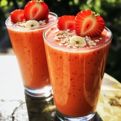 - 1 cup strawberries, hulled and sliced - 1 ripe banana, peeled - 1/2 cup rolled oats - 1 cup almond milk (or any milk of your choice) - 1 tablespoon honey or maple syrup - 1/2 teaspoon vanilla extract - 1/4 teaspoon ground cinnamon - Ice cubes (for a colder smoothie) How to properly measure fruits and oats: Use a dry measuring cup for oats. For fruits, use a liquid measuring cup. This ensures accuracy. Suggested measurements for varying servings: For one serving, use half of the main ingredients. For three servings, simply multiply everything by 1.5. This way, you can easily adjust the recipe based on your needs and how many you're serving. If you're curious about the full recipe, check out the Berrylicious Banana Oat Smoothie. First, gather your ingredients. You need fresh strawberries and a ripe banana. Start by hulling and slicing the strawberries. Then, peel the banana and break it into chunks. This makes it easier to blend. Next, you will add all these ingredients to your blender. For the best results, use a high-speed blender. Start blending at a low speed to mix the fruits. Gradually increase the speed to high. This helps create a creamy texture. Blend until everything is smooth and well combined. If it seems too thick, add more almond milk. You can also throw in a few ice cubes for a colder drink. Once your smoothie is ready, pour it into two glasses. You can enjoy it right away. For a fun touch, consider garnishing. Add a few fresh strawberry slices on top or sprinkle some rolled oats. This adds texture and makes your smoothie look great. To make your smoothie just right, start with sweetness. You can adjust it easily. If you want it sweeter, add more honey or maple syrup. Blend again and taste. I often use ripe bananas for natural sweetness. They add a nice flavor too. For a creamier texture, use rolled oats and almond milk. They help thicken the smoothie. You can also add a scoop of yogurt for extra creaminess. If you want to lighten it up, use less milk. Blend until smooth and creamy. You can prep your smoothie ingredients in advance. Slice your strawberries and banana the night before. Store them in an airtight container in the fridge. This saves time in the morning. You can also measure out your oats. If you want to store your smoothie, pour it into a jar. Seal it tightly and keep it in the fridge. It stays good for up to two days. Shake it well before drinking. For smoothies, a high-speed blender works best. Brands like Vitamix or Ninja are great choices. They blend fruits and oats smoothly in less time. If you use a regular blender, cut your fruits into smaller pieces first. To keep your blender in top shape, clean it right after use. Rinse it with warm water and a drop of soap. Blend it for a few seconds, then rinse again. This keeps it fresh and ready for your next smoothie adventure. For the full recipe, check out the Berrylicious Banana Oat Smoothie. {{image_2}} You can easily make this smoothie fit your needs. If you want a dairy-free option, try using almond milk or coconut milk. Both add a nice flavor and keep it creamy. Adding greens like spinach or kale boosts nutrition without changing the taste much. Just a handful can give you extra vitamins. To make your smoothie even more exciting, think about adding spices. A pinch of ginger can give it a nice kick, while nutmeg adds warmth. You can also try flavored yogurts. Using strawberry or vanilla yogurt can enhance the smoothie’s taste and creaminess. If you want a low-calorie option, skip the sweetener altogether. The fruits already offer natural sweetness. For nut-free variations, just use oat milk instead of almond milk. This keeps it safe for those with nut allergies while still tasting great. For the full recipe, check out the Berrylicious Banana Oat Smoothie 🥤. How long does the smoothie last in the fridge? A strawberry banana oat smoothie stays fresh for up to 2 days. After that, it may lose flavor and texture. What are the best containers for storage? I recommend using glass jars or airtight plastic containers. These keep the smoothie fresh and prevent spills. How can I freeze the smoothie for later? Pour the smoothie into ice cube trays or freezer-safe containers. Leave some space at the top, as liquids expand when frozen. What are the tips on defrosting? To defrost, place the smoothie in the fridge overnight. If you're in a hurry, you can use the microwave on low power. Stir well before drinking. How can I incorporate leftovers into breakfast bowls? Pour any leftover smoothie over oatmeal or granola. It adds flavor and nutrients to your meal. How can I make smoothie popsicles? Pour the leftover smoothie into popsicle molds. Freeze for a few hours, and enjoy a refreshing treat! A Strawberry Banana Oat Smoothie is a healthy choice. It packs a nutritious punch. Here’s the breakdown: - Calories: About 250-300 per serving. - Carbs: Roughly 50 grams from fruits and oats. - Fiber: About 7 grams, great for digestion. - Protein: Around 6-8 grams, depending on milk choice. - Vitamins: High in vitamin C from strawberries and potassium from bananas. The smoothie provides essential nutrients while tasting great. It fuels your body and keeps you full. Yes, you can use frozen fruits! They make your smoothie thick and cold. Here are some tips: - Choose Quality: Pick high-quality frozen fruits without added sugars. - Blend Carefully: Start slow to avoid overworking your blender. - Adjust Liquid: You may need extra milk to blend well. Frozen fruits can be just as tasty as fresh ones. They also last longer, saving you money and time. There are several ways to make your smoothie thick without losing flavor: - Add More Oats: Oats thicken the smoothie and add fiber. - Use Less Liquid: Start with less milk and add more as needed. - Use Frozen Fruits: They create a thick, creamy texture. - Add Yogurt: Greek yogurt adds creaminess and protein. Experiment with these tips. You’ll find the right balance for your taste! In this blog post, we explored how to make a delicious Strawberry Banana Oat Smoothie using fresh ingredients. We covered the main and optional ingredients, measuring tips, and step-by-step instructions for a smooth blend. I shared serving suggestions, tips for making ahead, and variations to keep things exciting. Lastly, we discussed storage options for your smooth creations. This smoothie is not just tasty; it’s also fun to personalize. Try new flavors and ingredients to make it your own. Enjoy your smoothie adventure!