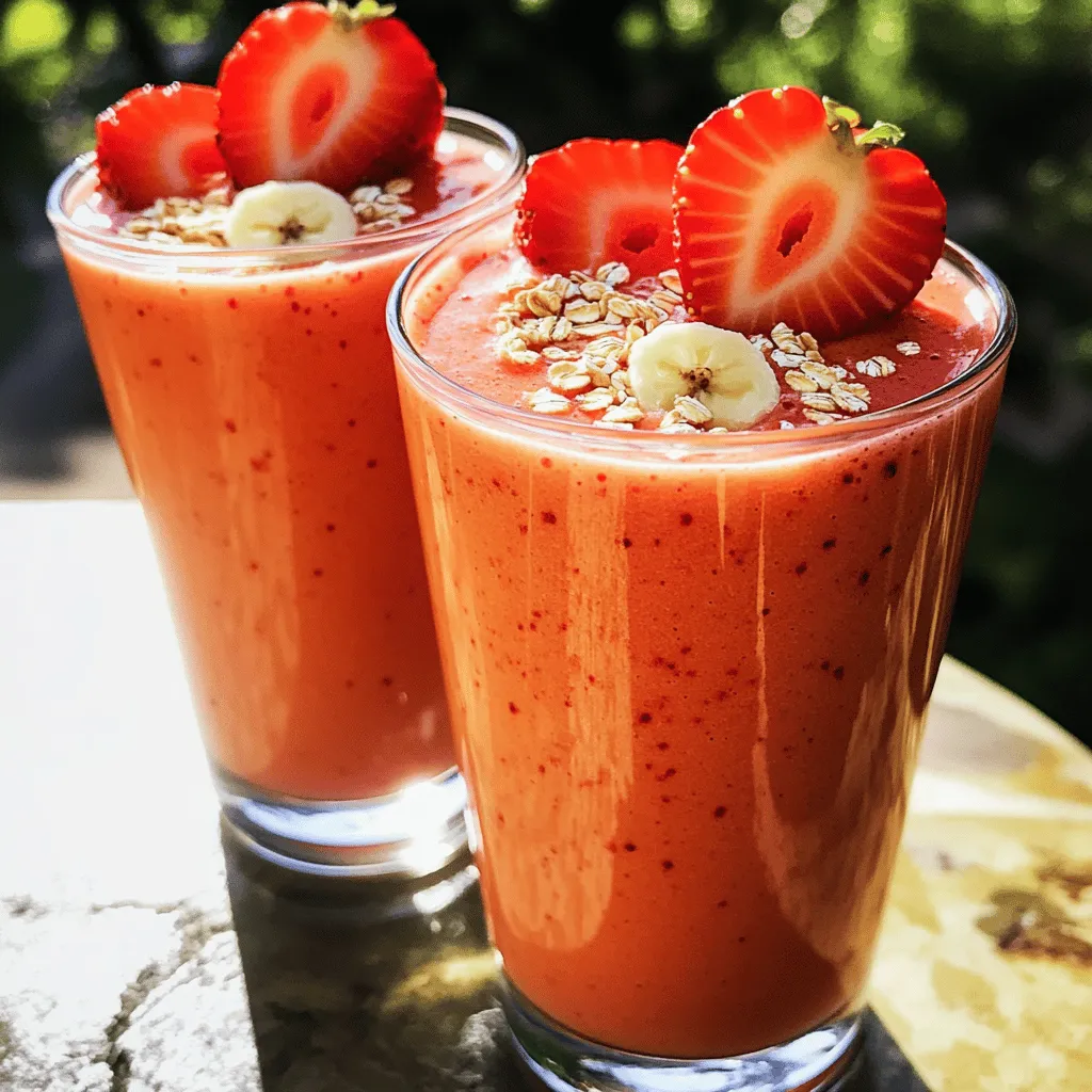 - 1 cup strawberries, hulled and sliced - 1 ripe banana, peeled - 1/2 cup rolled oats - 1 cup almond milk (or any milk of your choice) - 1 tablespoon honey or maple syrup - 1/2 teaspoon vanilla extract - 1/4 teaspoon ground cinnamon - Ice cubes (for a colder smoothie) How to properly measure fruits and oats: Use a dry measuring cup for oats. For fruits, use a liquid measuring cup. This ensures accuracy. Suggested measurements for varying servings: For one serving, use half of the main ingredients. For three servings, simply multiply everything by 1.5. This way, you can easily adjust the recipe based on your needs and how many you're serving. If you're curious about the full recipe, check out the Berrylicious Banana Oat Smoothie. First, gather your ingredients. You need fresh strawberries and a ripe banana. Start by hulling and slicing the strawberries. Then, peel the banana and break it into chunks. This makes it easier to blend. Next, you will add all these ingredients to your blender. For the best results, use a high-speed blender. Start blending at a low speed to mix the fruits. Gradually increase the speed to high. This helps create a creamy texture. Blend until everything is smooth and well combined. If it seems too thick, add more almond milk. You can also throw in a few ice cubes for a colder drink. Once your smoothie is ready, pour it into two glasses. You can enjoy it right away. For a fun touch, consider garnishing. Add a few fresh strawberry slices on top or sprinkle some rolled oats. This adds texture and makes your smoothie look great. To make your smoothie just right, start with sweetness. You can adjust it easily. If you want it sweeter, add more honey or maple syrup. Blend again and taste. I often use ripe bananas for natural sweetness. They add a nice flavor too. For a creamier texture, use rolled oats and almond milk. They help thicken the smoothie. You can also add a scoop of yogurt for extra creaminess. If you want to lighten it up, use less milk. Blend until smooth and creamy. You can prep your smoothie ingredients in advance. Slice your strawberries and banana the night before. Store them in an airtight container in the fridge. This saves time in the morning. You can also measure out your oats. If you want to store your smoothie, pour it into a jar. Seal it tightly and keep it in the fridge. It stays good for up to two days. Shake it well before drinking. For smoothies, a high-speed blender works best. Brands like Vitamix or Ninja are great choices. They blend fruits and oats smoothly in less time. If you use a regular blender, cut your fruits into smaller pieces first. To keep your blender in top shape, clean it right after use. Rinse it with warm water and a drop of soap. Blend it for a few seconds, then rinse again. This keeps it fresh and ready for your next smoothie adventure. For the full recipe, check out the Berrylicious Banana Oat Smoothie. {{image_2}} You can easily make this smoothie fit your needs. If you want a dairy-free option, try using almond milk or coconut milk. Both add a nice flavor and keep it creamy. Adding greens like spinach or kale boosts nutrition without changing the taste much. Just a handful can give you extra vitamins. To make your smoothie even more exciting, think about adding spices. A pinch of ginger can give it a nice kick, while nutmeg adds warmth. You can also try flavored yogurts. Using strawberry or vanilla yogurt can enhance the smoothie’s taste and creaminess. If you want a low-calorie option, skip the sweetener altogether. The fruits already offer natural sweetness. For nut-free variations, just use oat milk instead of almond milk. This keeps it safe for those with nut allergies while still tasting great. For the full recipe, check out the Berrylicious Banana Oat Smoothie 🥤. How long does the smoothie last in the fridge? A strawberry banana oat smoothie stays fresh for up to 2 days. After that, it may lose flavor and texture. What are the best containers for storage? I recommend using glass jars or airtight plastic containers. These keep the smoothie fresh and prevent spills. How can I freeze the smoothie for later? Pour the smoothie into ice cube trays or freezer-safe containers. Leave some space at the top, as liquids expand when frozen. What are the tips on defrosting? To defrost, place the smoothie in the fridge overnight. If you're in a hurry, you can use the microwave on low power. Stir well before drinking. How can I incorporate leftovers into breakfast bowls? Pour any leftover smoothie over oatmeal or granola. It adds flavor and nutrients to your meal. How can I make smoothie popsicles? Pour the leftover smoothie into popsicle molds. Freeze for a few hours, and enjoy a refreshing treat! A Strawberry Banana Oat Smoothie is a healthy choice. It packs a nutritious punch. Here’s the breakdown: - Calories: About 250-300 per serving. - Carbs: Roughly 50 grams from fruits and oats. - Fiber: About 7 grams, great for digestion. - Protein: Around 6-8 grams, depending on milk choice. - Vitamins: High in vitamin C from strawberries and potassium from bananas. The smoothie provides essential nutrients while tasting great. It fuels your body and keeps you full. Yes, you can use frozen fruits! They make your smoothie thick and cold. Here are some tips: - Choose Quality: Pick high-quality frozen fruits without added sugars. - Blend Carefully: Start slow to avoid overworking your blender. - Adjust Liquid: You may need extra milk to blend well. Frozen fruits can be just as tasty as fresh ones. They also last longer, saving you money and time. There are several ways to make your smoothie thick without losing flavor: - Add More Oats: Oats thicken the smoothie and add fiber. - Use Less Liquid: Start with less milk and add more as needed. - Use Frozen Fruits: They create a thick, creamy texture. - Add Yogurt: Greek yogurt adds creaminess and protein. Experiment with these tips. You’ll find the right balance for your taste! In this blog post, we explored how to make a delicious Strawberry Banana Oat Smoothie using fresh ingredients. We covered the main and optional ingredients, measuring tips, and step-by-step instructions for a smooth blend. I shared serving suggestions, tips for making ahead, and variations to keep things exciting. Lastly, we discussed storage options for your smooth creations. This smoothie is not just tasty; it’s also fun to personalize. Try new flavors and ingredients to make it your own. Enjoy your smoothie adventure!