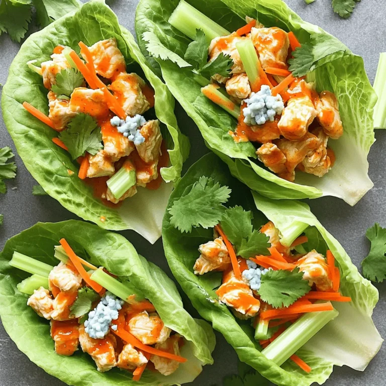 - Chicken breasts - Buffalo sauce - Lettuce leaves For my Buffalo Chicken Lettuce Wraps, I start with chicken breasts. They are lean and cook quickly. Then, I add buffalo sauce. This gives the wraps that spicy kick we all love. Lastly, I use lettuce leaves. Romaine or butter lettuce works best. They provide a crisp texture and hold all the filling well. - Shredded carrots - Diced celery - Blue cheese crumbles I like to add shredded carrots for some crunch. Diced celery also gives a nice texture. Blue cheese crumbles are optional, but they add a creamy taste that balances the heat. Feel free to mix and match any toppings you enjoy. - Garlic powder - Onion powder - Salt and pepper Seasoning is key to flavor. I use garlic powder and onion powder for depth. A pinch of salt and pepper brings out the best in the chicken. These simple ingredients make a big difference in taste. For the full recipe, check out the details to create this easy and tasty meal. First, heat one tablespoon of olive oil in a large skillet over medium heat. You want the oil to shimmer, which shows it is ready. Next, add one pound of diced chicken breasts to the skillet. Season the chicken with one teaspoon of garlic powder, one teaspoon of onion powder, salt, and pepper to taste. Stir well to ensure the chicken is coated evenly with the spices. This step adds great flavor to your dish. Cook the chicken for about 6-8 minutes. It should be fully cooked and no longer pink. You can check by cutting a piece; it should look white inside. Once cooked, pour in ½ cup of buffalo sauce. Stir well to mix the sauce with the chicken. Let it heat for 2-3 minutes. This makes the sauce thicken and cling to the chicken. While the chicken cooks, wash and dry 8 large romaine or butter lettuce leaves. These leaves will be your wraps. To serve, take a lettuce leaf and spoon some buffalo chicken mixture into the center. Top with ½ cup of shredded carrots, ½ cup of diced celery, and optional blue cheese crumbles. Finish by garnishing with fresh cilantro or parsley for an extra burst of flavor. Enjoy your tasty meal! For the complete steps, check the Full Recipe. To make these wraps lighter, consider using low-sodium buffalo sauce. This choice cuts back on salt while keeping great flavor. You can also swap chicken for turkey or tofu. Both options offer a tasty twist while reducing fat. Turkey has lean protein, and tofu is plant-based, making it great for everyone. You can easily control the heat in your buffalo chicken. Start with less buffalo sauce if you prefer a milder taste. You can add more sauce later as needed. If you want a different flavor, try using barbecue sauce or a honey mustard mix. These options give a unique spin to your wraps. Pair your buffalo chicken lettuce wraps with fresh veggies. Crunchy carrots, cucumbers, or a side salad work well. They add color and texture. For drinks, try pairing your meal with a light beer, sparkling water, or iced tea. These choices refresh your palate and balance the heat. For the complete preparation details, check the Full Recipe. {{image_2}} You can swap chicken with turkey or shrimp. Turkey gives a leaner option. Shrimp cooks fast and adds great flavor. For vegetarian or vegan choices, use chickpeas or tofu. Both options soak up flavors well. You can toss them in the buffalo sauce just like the chicken. To make the wraps even better, add avocado or jalapeños. Avocado adds creaminess that balances heat. Jalapeños bring a fresh kick. You can also mix spices like cayenne or smoked paprika for depth. These small changes can change the whole dish. Try different lettuce types for your wraps. Butter lettuce is soft and easy to fold. Romaine adds a nice crunch. You can also use tortillas or pita bread instead. These options give you a fun twist. They change the texture and make it exciting. For the full recipe and more ideas, check out the [Full Recipe]. Store your Buffalo Chicken Lettuce Wraps in airtight containers. This keeps them fresh and safe. I recommend using glass or plastic containers with tight seals. The wraps last about 3 to 4 days in the fridge. If you notice any signs of spoilage, like weird smells or colors, throw them away. You can freeze these wraps for later. To do this, wrap each one tightly in plastic wrap. Then, place them in a freezer-safe bag or container. They can last up to 2 months in the freezer. When you're ready to eat, take out a wrap and let it thaw in the fridge overnight. Reheat it in the microwave for about 1 to 2 minutes until warm. Prep is key for a quick meal! You can chop the chicken and veggies in advance. Store them in separate containers in the fridge. When it's time to eat, just cook the chicken and assemble the wraps. This saves time and makes your meal easy. You can also make the chicken mix ahead and keep it in the fridge. Just fill the lettuce wraps when you’re ready to serve. Enjoy your meal! Yes, you can make these wraps ahead. I suggest cooking the chicken and storing it. Keep the chicken in an airtight container in the fridge for up to three days. You can wash and dry the lettuce leaves in advance too. Just keep them covered in the fridge. Assemble the wraps just before serving for the best crunch. You have many tasty options! Here are some ideas: - Fresh veggie sticks like carrots and cucumbers - A light salad with a tangy dressing - Sweet potato fries for a warm side - Cold beverages like iced tea or lemonade These sides balance the spicy wraps well. To kick up the heat, try these tips: - Use extra buffalo sauce, but taste as you go. - Add sliced jalapeños for a fresh heat. - Mix in some hot sauce with the buffalo sauce. - Serve with a spicy dip on the side. These options let you control the spice level perfectly. For the complete preparation details, check out the Full Recipe. It provides step-by-step instructions and tips to ensure your wraps are a hit! Buffalo chicken lettuce wraps are a fun and tasty dish. We explored key ingredients, cooking steps, and tips to make them your own. Remember to experiment with flavors and textures for a unique taste. You can even meal prep or adjust heat levels to suit your taste. This dish works well with various sides and drinks too. Enjoy these wraps tonight for a satisfying and healthy meal!