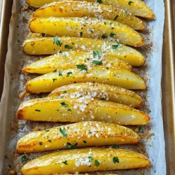 - 4 large russet potatoes, cut into wedges - 4 tablespoons olive oil - 6 cloves garlic, minced - 1 cup grated Parmesan cheese - 1 teaspoon dried oregano - 1 teaspoon smoked paprika - 1 teaspoon salt - ½ teaspoon black pepper - Fresh parsley, chopped (for garnish) When I cook Garlic Parmesan Potato Wedges, I love using russet potatoes. They give the wedges a fluffy inside and a crispy outside. You can also use Yukon Gold potatoes for a creamier texture. Dairy-free cheese options like cashew or almond cheese work well if you want to skip dairy. They melt nicely and add flavor. Fresh herbs taste bright and bold. They can elevate your dish. Use fresh oregano if you can. It adds a strong punch of flavor. Dried herbs are convenient and last longer, but they might not deliver the same taste. If you use dried oregano, the flavor will still shine through. You can mix dried and fresh for a great balance. For the best flavor, always taste your mix as you go. Adjust the herbs to suit your taste. 1. Preheating the oven: First, you need to preheat your oven to 425°F (220°C). This step is key for getting crispy potato wedges. 2. Preparing the baking sheet with parchment paper: Next, grab a large baking sheet. Line it with parchment paper. This helps the wedges not stick and makes cleanup easy. 1. Whisking the garlic oil mixture: In a small bowl, combine 4 tablespoons of olive oil with 6 minced garlic cloves, 1 teaspoon of dried oregano, 1 teaspoon of smoked paprika, 1 teaspoon of salt, and ½ teaspoon of black pepper. Whisk it all together until it looks smooth. 2. Coating the potato wedges: In a big bowl, take your 4 large russet potatoes, cut into wedges, and pour the garlic oil mixture over them. Toss well until all the wedges are coated evenly. 1. Arranging wedges on the baking sheet: Spread the coated potato wedges in a single layer on your prepared baking sheet. Make sure they are not crowded. This helps them cook evenly. 2. Flipping timing for optimal crispiness: Bake the wedges in the oven for 30-35 minutes. Halfway through, flip them over to ensure they get golden and crispy on all sides. During the last five minutes, sprinkle the rest of the grated Parmesan cheese on top for extra flavor. For the full recipe, refer to the earlier section. For crispy potato wedges, start with high heat. Preheat your oven to 425°F (220°C). Use a baking sheet lined with parchment paper. This helps the wedges crisp up nicely. Space the wedges out on the baking sheet. Crowding them leads to steaming instead of crisping. Make sure each piece has room to breathe. To boost flavor, consider adding spices. A pinch of chili powder brings heat. You can also try garlic powder for extra garlic goodness. Fresh herbs enhance the taste too. Chopped rosemary or thyme can add depth. After baking, sprinkle fresh parsley on top. This gives a pop of color and flavor. Ovens can vary. Some cook faster than others. Keep an eye on your wedges as they bake. Check for doneness by piercing a wedge with a fork. It should be tender inside. The outside should be golden brown. Adjust cooking time if needed. For the full recipe, see Garlic Parmesan Potato Wedges. {{image_2}} To add a kick to your Garlic Parmesan Potato Wedges, try making them spicy. You can add chili powder or cayenne pepper to the garlic oil mixture. Start with a dash and adjust to your heat level. This change will give you a delightful blend of heat and flavor. The spices will enhance the garlic and cheese, making each bite exciting. If you love cheese, consider mixing in different types. Cheddar, mozzarella, or feta can create new tastes. Each cheese brings its own flair. For example, cheddar adds sharpness, while feta offers a tangy twist. Simply sprinkle your chosen cheese over the wedges during the final baking stage. This step makes the dish richer and even more savory. Switch things up by using sweet potatoes instead of russet ones. Sweet potatoes add a natural sweetness. Keep in mind, they may need a bit more cooking time to get crispy. You could also adjust the seasonings to balance the sweetness. A hint of cinnamon could pair well, creating a unique and tasty treat. Enjoy the different flavor profile while still savoring that garlic and Parmesan goodness. For the full recipe, check out the detailed instructions to create these delicious variations! To keep your Garlic Parmesan Potato Wedges fresh, store them in the fridge. First, let the wedges cool down to room temperature. Then, place them in an airtight container. This will help prevent moisture from making them soggy. You can enjoy them for up to three days. If you want to keep them longer, consider freezing. Reheating is crucial to keep your potato wedges crispy. The best way is to use an oven. Preheat your oven to 400°F (200°C). Spread the wedges on a baking sheet. Heat them for about 10-15 minutes until they are warm and crispy. Avoid using a microwave, as it can make them soft. To freeze the potato wedges, first cool them completely. Then, place them in a single layer on a baking sheet. Freeze them for about an hour. Once they are firm, transfer them to a freezer bag. Remove as much air as possible before sealing. You can store them for up to three months. To reheat, first thaw in the fridge overnight. Then, follow the reheating tips to restore their crunch. Garlic Parmesan Potato Wedges can last about 3 to 5 days in the fridge. Store them in a sealed container. They keep best when you let them cool before putting them away. Reheating them can help bring back some of their crispiness. Yes, you can make these wedges ahead of time! You can prepare the wedges and season them. After that, freeze them on a baking sheet until solid. Then, put them in a freezer bag. When you want to cook them, bake them straight from the freezer. Just add a few extra minutes to the baking time. These wedges pair well with many meals. You can serve them with burgers, grilled chicken, or steak. They also work great with a salad for a lighter dish. Dip them in ranch or garlic aioli for extra flavor. Absolutely! You can swap Parmesan with other cheeses. Try using cheddar for a sharper taste. Mozzarella melts well and adds a nice gooey texture. Feta brings a salty kick, and goat cheese adds creaminess. Each cheese changes the flavor, so feel free to experiment! Garlic Parmesan potato wedges are fun to make and taste great. You learned about the key ingredients and easy steps to create crispy, flavorful wedges. We covered tips for achieving maximum flavor and discussed fun variations. Store leftovers properly to enjoy them later. You can even reheat them for the same crispiness. Don’t hesitate to try new flavors or mix things up. Enjoy your cooking, and make these delicious wedges a regular treat!