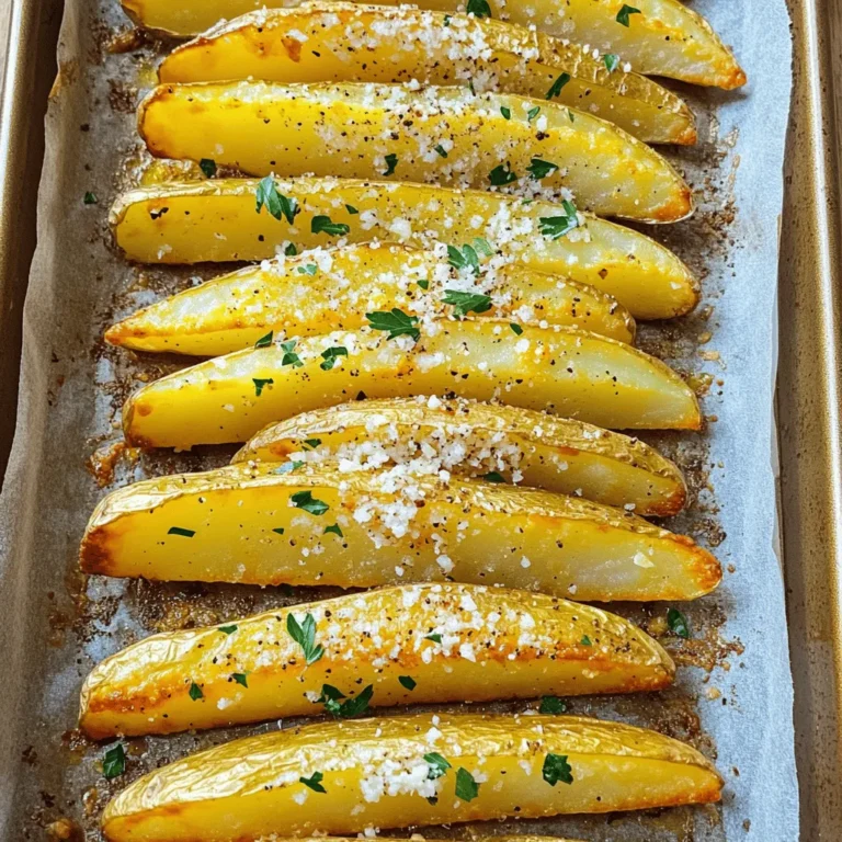 - 4 large russet potatoes, cut into wedges - 4 tablespoons olive oil - 6 cloves garlic, minced - 1 cup grated Parmesan cheese - 1 teaspoon dried oregano - 1 teaspoon smoked paprika - 1 teaspoon salt - ½ teaspoon black pepper - Fresh parsley, chopped (for garnish) When I cook Garlic Parmesan Potato Wedges, I love using russet potatoes. They give the wedges a fluffy inside and a crispy outside. You can also use Yukon Gold potatoes for a creamier texture. Dairy-free cheese options like cashew or almond cheese work well if you want to skip dairy. They melt nicely and add flavor. Fresh herbs taste bright and bold. They can elevate your dish. Use fresh oregano if you can. It adds a strong punch of flavor. Dried herbs are convenient and last longer, but they might not deliver the same taste. If you use dried oregano, the flavor will still shine through. You can mix dried and fresh for a great balance. For the best flavor, always taste your mix as you go. Adjust the herbs to suit your taste. 1. Preheating the oven: First, you need to preheat your oven to 425°F (220°C). This step is key for getting crispy potato wedges. 2. Preparing the baking sheet with parchment paper: Next, grab a large baking sheet. Line it with parchment paper. This helps the wedges not stick and makes cleanup easy. 1. Whisking the garlic oil mixture: In a small bowl, combine 4 tablespoons of olive oil with 6 minced garlic cloves, 1 teaspoon of dried oregano, 1 teaspoon of smoked paprika, 1 teaspoon of salt, and ½ teaspoon of black pepper. Whisk it all together until it looks smooth. 2. Coating the potato wedges: In a big bowl, take your 4 large russet potatoes, cut into wedges, and pour the garlic oil mixture over them. Toss well until all the wedges are coated evenly. 1. Arranging wedges on the baking sheet: Spread the coated potato wedges in a single layer on your prepared baking sheet. Make sure they are not crowded. This helps them cook evenly. 2. Flipping timing for optimal crispiness: Bake the wedges in the oven for 30-35 minutes. Halfway through, flip them over to ensure they get golden and crispy on all sides. During the last five minutes, sprinkle the rest of the grated Parmesan cheese on top for extra flavor. For the full recipe, refer to the earlier section. For crispy potato wedges, start with high heat. Preheat your oven to 425°F (220°C). Use a baking sheet lined with parchment paper. This helps the wedges crisp up nicely. Space the wedges out on the baking sheet. Crowding them leads to steaming instead of crisping. Make sure each piece has room to breathe. To boost flavor, consider adding spices. A pinch of chili powder brings heat. You can also try garlic powder for extra garlic goodness. Fresh herbs enhance the taste too. Chopped rosemary or thyme can add depth. After baking, sprinkle fresh parsley on top. This gives a pop of color and flavor. Ovens can vary. Some cook faster than others. Keep an eye on your wedges as they bake. Check for doneness by piercing a wedge with a fork. It should be tender inside. The outside should be golden brown. Adjust cooking time if needed. For the full recipe, see Garlic Parmesan Potato Wedges. {{image_2}} To add a kick to your Garlic Parmesan Potato Wedges, try making them spicy. You can add chili powder or cayenne pepper to the garlic oil mixture. Start with a dash and adjust to your heat level. This change will give you a delightful blend of heat and flavor. The spices will enhance the garlic and cheese, making each bite exciting. If you love cheese, consider mixing in different types. Cheddar, mozzarella, or feta can create new tastes. Each cheese brings its own flair. For example, cheddar adds sharpness, while feta offers a tangy twist. Simply sprinkle your chosen cheese over the wedges during the final baking stage. This step makes the dish richer and even more savory. Switch things up by using sweet potatoes instead of russet ones. Sweet potatoes add a natural sweetness. Keep in mind, they may need a bit more cooking time to get crispy. You could also adjust the seasonings to balance the sweetness. A hint of cinnamon could pair well, creating a unique and tasty treat. Enjoy the different flavor profile while still savoring that garlic and Parmesan goodness. For the full recipe, check out the detailed instructions to create these delicious variations! To keep your Garlic Parmesan Potato Wedges fresh, store them in the fridge. First, let the wedges cool down to room temperature. Then, place them in an airtight container. This will help prevent moisture from making them soggy. You can enjoy them for up to three days. If you want to keep them longer, consider freezing. Reheating is crucial to keep your potato wedges crispy. The best way is to use an oven. Preheat your oven to 400°F (200°C). Spread the wedges on a baking sheet. Heat them for about 10-15 minutes until they are warm and crispy. Avoid using a microwave, as it can make them soft. To freeze the potato wedges, first cool them completely. Then, place them in a single layer on a baking sheet. Freeze them for about an hour. Once they are firm, transfer them to a freezer bag. Remove as much air as possible before sealing. You can store them for up to three months. To reheat, first thaw in the fridge overnight. Then, follow the reheating tips to restore their crunch. Garlic Parmesan Potato Wedges can last about 3 to 5 days in the fridge. Store them in a sealed container. They keep best when you let them cool before putting them away. Reheating them can help bring back some of their crispiness. Yes, you can make these wedges ahead of time! You can prepare the wedges and season them. After that, freeze them on a baking sheet until solid. Then, put them in a freezer bag. When you want to cook them, bake them straight from the freezer. Just add a few extra minutes to the baking time. These wedges pair well with many meals. You can serve them with burgers, grilled chicken, or steak. They also work great with a salad for a lighter dish. Dip them in ranch or garlic aioli for extra flavor. Absolutely! You can swap Parmesan with other cheeses. Try using cheddar for a sharper taste. Mozzarella melts well and adds a nice gooey texture. Feta brings a salty kick, and goat cheese adds creaminess. Each cheese changes the flavor, so feel free to experiment! Garlic Parmesan potato wedges are fun to make and taste great. You learned about the key ingredients and easy steps to create crispy, flavorful wedges. We covered tips for achieving maximum flavor and discussed fun variations. Store leftovers properly to enjoy them later. You can even reheat them for the same crispiness. Don’t hesitate to try new flavors or mix things up. Enjoy your cooking, and make these delicious wedges a regular treat!