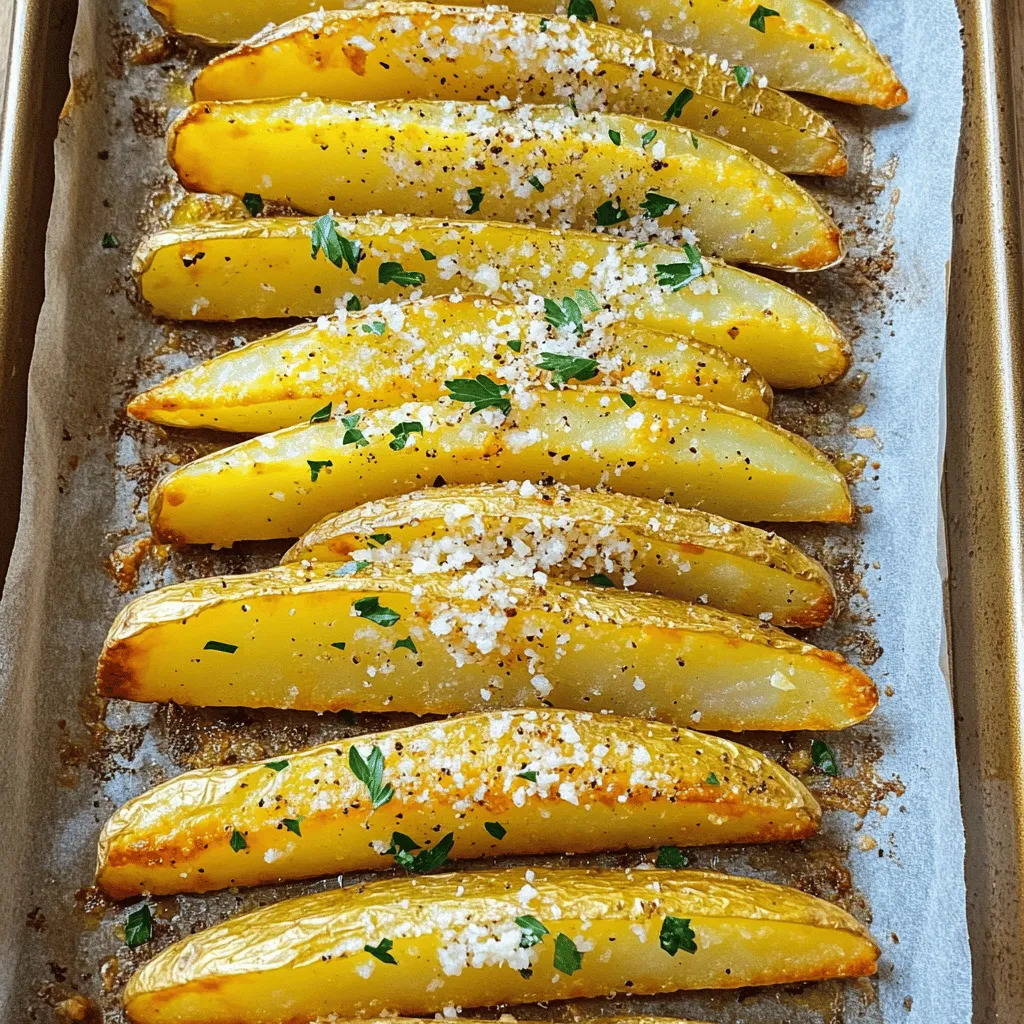 - 4 large russet potatoes, cut into wedges - 4 tablespoons olive oil - 6 cloves garlic, minced - 1 cup grated Parmesan cheese - 1 teaspoon dried oregano - 1 teaspoon smoked paprika - 1 teaspoon salt - ½ teaspoon black pepper - Fresh parsley, chopped (for garnish) When I cook Garlic Parmesan Potato Wedges, I love using russet potatoes. They give the wedges a fluffy inside and a crispy outside. You can also use Yukon Gold potatoes for a creamier texture. Dairy-free cheese options like cashew or almond cheese work well if you want to skip dairy. They melt nicely and add flavor. Fresh herbs taste bright and bold. They can elevate your dish. Use fresh oregano if you can. It adds a strong punch of flavor. Dried herbs are convenient and last longer, but they might not deliver the same taste. If you use dried oregano, the flavor will still shine through. You can mix dried and fresh for a great balance. For the best flavor, always taste your mix as you go. Adjust the herbs to suit your taste. 1. Preheating the oven: First, you need to preheat your oven to 425°F (220°C). This step is key for getting crispy potato wedges. 2. Preparing the baking sheet with parchment paper: Next, grab a large baking sheet. Line it with parchment paper. This helps the wedges not stick and makes cleanup easy. 1. Whisking the garlic oil mixture: In a small bowl, combine 4 tablespoons of olive oil with 6 minced garlic cloves, 1 teaspoon of dried oregano, 1 teaspoon of smoked paprika, 1 teaspoon of salt, and ½ teaspoon of black pepper. Whisk it all together until it looks smooth. 2. Coating the potato wedges: In a big bowl, take your 4 large russet potatoes, cut into wedges, and pour the garlic oil mixture over them. Toss well until all the wedges are coated evenly. 1. Arranging wedges on the baking sheet: Spread the coated potato wedges in a single layer on your prepared baking sheet. Make sure they are not crowded. This helps them cook evenly. 2. Flipping timing for optimal crispiness: Bake the wedges in the oven for 30-35 minutes. Halfway through, flip them over to ensure they get golden and crispy on all sides. During the last five minutes, sprinkle the rest of the grated Parmesan cheese on top for extra flavor. For the full recipe, refer to the earlier section. For crispy potato wedges, start with high heat. Preheat your oven to 425°F (220°C). Use a baking sheet lined with parchment paper. This helps the wedges crisp up nicely. Space the wedges out on the baking sheet. Crowding them leads to steaming instead of crisping. Make sure each piece has room to breathe. To boost flavor, consider adding spices. A pinch of chili powder brings heat. You can also try garlic powder for extra garlic goodness. Fresh herbs enhance the taste too. Chopped rosemary or thyme can add depth. After baking, sprinkle fresh parsley on top. This gives a pop of color and flavor. Ovens can vary. Some cook faster than others. Keep an eye on your wedges as they bake. Check for doneness by piercing a wedge with a fork. It should be tender inside. The outside should be golden brown. Adjust cooking time if needed. For the full recipe, see Garlic Parmesan Potato Wedges. {{image_2}} To add a kick to your Garlic Parmesan Potato Wedges, try making them spicy. You can add chili powder or cayenne pepper to the garlic oil mixture. Start with a dash and adjust to your heat level. This change will give you a delightful blend of heat and flavor. The spices will enhance the garlic and cheese, making each bite exciting. If you love cheese, consider mixing in different types. Cheddar, mozzarella, or feta can create new tastes. Each cheese brings its own flair. For example, cheddar adds sharpness, while feta offers a tangy twist. Simply sprinkle your chosen cheese over the wedges during the final baking stage. This step makes the dish richer and even more savory. Switch things up by using sweet potatoes instead of russet ones. Sweet potatoes add a natural sweetness. Keep in mind, they may need a bit more cooking time to get crispy. You could also adjust the seasonings to balance the sweetness. A hint of cinnamon could pair well, creating a unique and tasty treat. Enjoy the different flavor profile while still savoring that garlic and Parmesan goodness. For the full recipe, check out the detailed instructions to create these delicious variations! To keep your Garlic Parmesan Potato Wedges fresh, store them in the fridge. First, let the wedges cool down to room temperature. Then, place them in an airtight container. This will help prevent moisture from making them soggy. You can enjoy them for up to three days. If you want to keep them longer, consider freezing. Reheating is crucial to keep your potato wedges crispy. The best way is to use an oven. Preheat your oven to 400°F (200°C). Spread the wedges on a baking sheet. Heat them for about 10-15 minutes until they are warm and crispy. Avoid using a microwave, as it can make them soft. To freeze the potato wedges, first cool them completely. Then, place them in a single layer on a baking sheet. Freeze them for about an hour. Once they are firm, transfer them to a freezer bag. Remove as much air as possible before sealing. You can store them for up to three months. To reheat, first thaw in the fridge overnight. Then, follow the reheating tips to restore their crunch. Garlic Parmesan Potato Wedges can last about 3 to 5 days in the fridge. Store them in a sealed container. They keep best when you let them cool before putting them away. Reheating them can help bring back some of their crispiness. Yes, you can make these wedges ahead of time! You can prepare the wedges and season them. After that, freeze them on a baking sheet until solid. Then, put them in a freezer bag. When you want to cook them, bake them straight from the freezer. Just add a few extra minutes to the baking time. These wedges pair well with many meals. You can serve them with burgers, grilled chicken, or steak. They also work great with a salad for a lighter dish. Dip them in ranch or garlic aioli for extra flavor. Absolutely! You can swap Parmesan with other cheeses. Try using cheddar for a sharper taste. Mozzarella melts well and adds a nice gooey texture. Feta brings a salty kick, and goat cheese adds creaminess. Each cheese changes the flavor, so feel free to experiment! Garlic Parmesan potato wedges are fun to make and taste great. You learned about the key ingredients and easy steps to create crispy, flavorful wedges. We covered tips for achieving maximum flavor and discussed fun variations. Store leftovers properly to enjoy them later. You can even reheat them for the same crispiness. Don’t hesitate to try new flavors or mix things up. Enjoy your cooking, and make these delicious wedges a regular treat!
