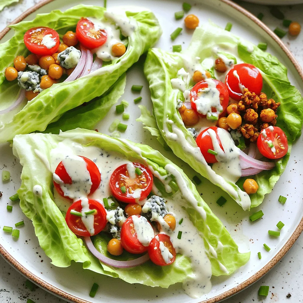 - Iceberg lettuce - Cherry tomatoes - Red onion - Blue cheese The main star of our wedge salad is the crisp iceberg lettuce. Its crunch adds a great texture. Next, we have vibrant cherry tomatoes. They bring sweetness and color to the dish. The red onion gives a lovely bite, balancing the flavors. Finally, blue cheese adds a rich, creamy element that ties everything together. - Sour cream - Mayonnaise - Lemon juice - Garlic The dressing is the heart of the wedge salad. I use sour cream for creaminess and a slight tang. Mayonnaise adds richness, making the dressing smooth. A splash of lemon juice brightens the flavors. Garlic gives it a bold punch that you will love. - Crispy chickpeas - Fresh chives - Additional toppings I enjoy adding crispy chickpeas for extra crunch. They also add protein, making the salad heartier. Fresh chives bring a mild onion flavor and a pop of green. You can also add other toppings like bacon or nuts for even more flavor and texture. For the full recipe, check out Crisp & Creamy Wedge Salad. To start, grab your head of iceberg lettuce. Carefully cut it into quarters. Each quarter will be a wedge. Rinse each wedge under cold water. This helps remove dirt and keeps your salad fresh. After rinsing, gently pat the wedges dry with paper towels. This step prevents sogginess in your salad. Next, we will make the dressing. In a bowl, combine sour cream, mayonnaise, lemon juice, and minced garlic. Add salt and pepper for flavor. Stir the mixture until it is smooth and creamy. Taste the dressing and adjust the seasoning as needed. You want it to be just right, so don’t skip this step! Now it’s time to put everything together. Place the lettuce wedges on serving plates. Make sure they are stable and upright. Drizzle the creamy dressing generously over each wedge. Watch it cascade down the sides; it looks great! Next, scatter the halved cherry tomatoes and slices of red onion on top. For added crunch, sprinkle crispy chickpeas over the wedges. Finally, finish with crumbled blue cheese and some chopped chives for garnish. Your classic wedge salad is now ready to enjoy! For the full recipe, check the recipe section. To achieve the ideal consistency for your dressing, mix sour cream and mayonnaise in equal parts. This gives a rich and creamy texture. If you want it thinner, add a splash of milk or buttermilk. For a twist, use Greek yogurt instead of sour cream. It adds tang and is healthier. For an elegant look, serve each wedge on its own plate. This makes the dish pop! You can also sprinkle extra black pepper on top. Adding a lemon wedge on the side gives a bright touch. Consider using colorful cherry tomatoes or fresh herbs for garnish, like chives or parsley. Wedge salad pairs well with grilled meats, like steak or chicken. It also goes nicely with a crisp white wine or a light beer. For gatherings, consider serving smaller wedges. This way, guests can enjoy a taste without feeling too full. Aim for one wedge per person, or slice them into smaller pieces for sharing. {{image_2}} For a lighter version of the classic wedge salad, try using low-fat dressings. You can mix yogurt with herbs instead of mayo. This keeps the creamy texture but cuts down on fat. You can also add more vegetables to increase fiber and nutrients. Think about adding cucumber, bell peppers, or even radishes for extra crunch and color. To elevate the flavor, consider adding crispy bacon or prosciutto. The salty, savory taste pairs well with the fresh salad. If you want more texture, introduce nuts or seeds. Chopped walnuts or sunflower seeds can add a delightful crunch. They also bring healthy fats and protein to the dish. If you want to switch up the cheese, goat cheese works great in this salad. It has a tangy flavor that adds depth. You might also try feta or Parmesan. Feta gives a briny kick, while Parmesan offers a nutty taste. Each cheese brings its unique flair, so don’t hesitate to experiment! To keep the salad fresh, wrap the wedges tightly in plastic wrap. Place them in an airtight container. This helps maintain moisture and flavor. Store the salad in the fridge for up to three days. For the best taste, eat it soon after making it. For dressing storage, keep it separate from the salad. Use a small jar with a lid. The dressing can last up to a week in the fridge. Before using, give it a good shake to mix any settled ingredients. If you have leftover wedge salad, try a fun twist! Chop the wedges and mix them into a wrap or a grain bowl. This way, you can enjoy the flavors in a new way. You can also blend the leftover salad into a smoothie. It sounds odd, but it can be refreshing. For safety, remember to check the salad before eating it again. If it smells bad or looks strange, toss it out. Always eat leftovers within three to four days to stay safe. A wedge salad lasts about 2 to 3 days in the fridge. After that, the lettuce may wilt. The dressing can separate, making it less tasty. To keep it fresh, store the salad in a sealed container. Keep the dressing separate until you are ready to eat. This way, the lettuce stays crisp and delicious. Yes, you can make the dressing ahead of time. I often prepare it the day before. Store it in a jar or airtight container in the fridge. This allows the flavors to blend well. Just give it a good shake before serving. If it thickens, add a little water or lemon juice to loosen it up. Some common mistakes include using wilted lettuce or overloading the toppings. Always choose fresh, crisp iceberg lettuce. Too many toppings can hide the great taste of the salad. Balance is key. Also, don't forget to season your dressing well. A little salt and pepper can make a big difference. For an amazing salad, follow the [Full Recipe]. The wedge salad is a classic dish with simple, fresh ingredients. You learned how to prepare the lettuce, make the dressing, and assemble everything beautifully. I shared tips on making it your own with add-ons and variations. Finally, I covered how to store and use any leftovers. This salad is easy to customize and fun to serve. Enjoy crisp flavors and a great presentation at your next meal!
