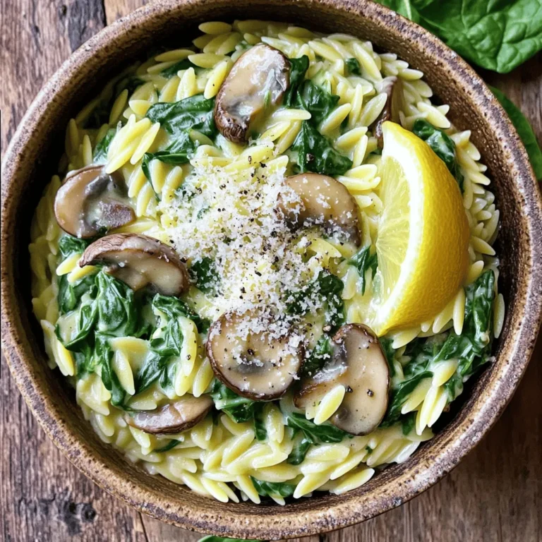 To make Creamy Spinach Mushroom Orzo, gather these simple ingredients: - 1 cup orzo pasta - 2 cups fresh spinach, chopped - 1 cup mushrooms, sliced (cremini or button) - 1 small onion, finely chopped - 2 cloves garlic, minced - 1 cup vegetable broth - 1 cup heavy cream or coconut cream - ½ cup grated Parmesan cheese (optional) - 2 tablespoons olive oil - Salt and pepper to taste - 1 teaspoon dried thyme or Italian seasoning - 1 tablespoon lemon juice You can easily swap some ingredients to fit your needs: - For a dairy-free option, use coconut cream instead of heavy cream. - If you want to change the pasta, try using quinoa or brown rice pasta. - Fresh herbs add great flavor, but you can use dried herbs if needed. Each serving of Creamy Spinach Mushroom Orzo has about 400 calories. Here’s a quick breakdown of the main nutrients: - Carbohydrates: 50g - Protein: 10g - Fat: 20g (with heavy cream) - Fiber: 3g This meal is satisfying and packed with flavor, making it a great choice for any day. For the complete cooking process, check out the Full Recipe. To start, you need to bring salted water to a boil in a large pot. This step is key for cooking the orzo. Once the water is boiling, add 1 cup of orzo pasta. Cook it according to the package instructions. This usually takes about 8-10 minutes until it is al dente. When it’s ready, drain the orzo and set it aside. Next, it's time to build flavor. In the same pot, heat 2 tablespoons of olive oil over medium heat. Add 1 small chopped onion. Sauté it until it turns translucent, which takes about 3-4 minutes. Then, add 2 minced garlic cloves and 1 cup of sliced mushrooms. I suggest using cremini or button mushrooms. Cook them for about 5-6 minutes. Stir often until the mushrooms are browned and tender. Now, let’s bring it all together. Stir in 2 cups of chopped fresh spinach and cook until it wilts, which takes around 2 minutes. After that, pour in 1 cup of vegetable broth and 1 cup of heavy cream. Stir to mix everything well and bring the mixture to a simmer. Once it's simmering, add the cooked orzo back to the pot. If you like, you can also add ½ cup of grated Parmesan cheese at this stage. Finally, add 1 teaspoon of dried thyme or Italian seasoning, 1 tablespoon of lemon juice, and season with salt and pepper to taste. Cook everything together for an additional 2-3 minutes. Stir frequently until it becomes creamy and heated through. For the full recipe, check the details above. Enjoy this tasty comfort meal! To get that creamy texture just right, you can adjust the cream levels. Start with one cup of cream. If you want it richer, add a bit more. For a lighter version, use less cream or substitute with coconut cream. It still tastes great! Enhancing flavor with seasonings makes a huge difference. Use salt, pepper, and a teaspoon of dried thyme or Italian seasoning. A little lemon juice brightens the dish, too. These small steps make your orzo burst with flavor. Timing is key when cooking. Add the spinach right before serving. It wilts quickly, so just a couple of minutes is perfect. If you add it too early, it can become mushy. Serve the creamy orzo hot for the best taste. I like to dish it out in bowls and garnish with more grated Parmesan and black pepper. A lemon wedge on the side makes it look fancy and adds flavor. For this recipe, use a large pot. It lets you cook everything in one place. A good non-stick pot works wonders. It helps prevent sticking and makes for easy cleanup. Helpful kitchen gadgets include a garlic press and a sharp knife. They make chopping fast and easy. A wooden spoon is great for stirring all the tasty ingredients together. With the right tools, you’ll make this dish like a pro. {{image_2}} You can make this dish even heartier by adding protein. If you like meat, consider cooked chicken or shrimp. These options blend well with the creamy sauce. For a vegetarian twist, try chickpeas or white beans. Both add protein and texture. Tofu is also great; just sauté it until golden for extra flavor. Seasonal vegetables can change this recipe. In the spring, add asparagus or peas for freshness. In the fall, roasted butternut squash works well. You can also swap spinach for kale or Swiss chard. These greens bring different flavors and nutrients. Feel free to experiment with what you have on hand! Adding herbs and spices can boost the taste. Fresh basil or parsley adds brightness. A pinch of red pepper flakes gives it a kick. You might also try a splash of white wine for depth. Garlic powder or a squeeze of lemon can elevate the dish even more. Pair it with crusty bread for a complete meal. For the full recipe, check out the details above. Store leftovers in a sealed container. Glass containers work well. They keep food fresh. You can also use plastic containers. Make sure to cool the orzo before sealing. Creamy spinach mushroom orzo lasts three to four days in the fridge. If you want to keep it longer, freeze it. The best way to reheat this dish is on the stove. Use a non-stick pan for best results. Add a splash of broth or cream to prevent it from drying out. Stir often while heating. This keeps the orzo creamy and warm. You can also use the microwave. Heat in short bursts, stirring in between. Avoid cooking it too long, or it may get soggy. To freeze creamy orzo, let it cool completely. Then, transfer it to a freezer-safe container. Be sure to leave some space at the top for expansion. It can last for up to three months in the freezer. When you want to eat it, thaw it overnight in the fridge. Reheat on the stove or microwave, adding a bit of liquid if needed. This will help restore that creamy texture. Enjoy your delicious meal anytime! For the full recipe, check out the main article. It takes about 25 minutes in total. You need about 10 minutes to prep and 15 minutes to cook. First, boil the water, and then cook the orzo. Sauté the onions, garlic, and mushrooms while the orzo cooks. This timing keeps everything fresh and creamy. Yes, you can prepare it in advance. Cook the orzo and the sauce separately. When you’re ready to eat, mix them together. This way, the orzo stays firm and does not get mushy. Store the orzo and sauce in the fridge for up to three days. This dish pairs well with many sides. Try a simple green salad for a fresh touch. Garlic bread or crusty bread complements it nicely too. You can also serve grilled chicken or roasted vegetables for added protein. Consider a light vinaigrette to brighten the meal. In this blog post, we explored the easy steps to make Creamy Spinach Mushroom Orzo. We covered the ingredients, cooking methods, and tips for the best flavor. You can customize this dish with different proteins and veggies. Storing and reheating leftovers is simple, making it perfect for meal prep. This recipe is flexible and tasty, ensuring it fits your needs. Enjoy experimenting and making this dish your own!