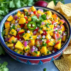 To make fresh mango peach salsa, gather these simple ingredients: - 1 ripe mango, diced - 2 ripe peaches, diced - 1/2 red bell pepper, finely chopped - 1/4 red onion, finely chopped - 1 jalapeño, seeded and minced - Juice of 1 lime - 2 tablespoons fresh cilantro, chopped - Salt to taste - 1 teaspoon honey (optional, for added sweetness) These ingredients come together to create a vibrant and tasty salsa. Using fresh ingredients makes a big difference in flavor. Fresh mangoes and peaches add sweetness and brightness to the salsa. They also provide a pleasant texture. Canned fruits can be mushy and less flavorful. If you want the best taste, always opt for fresh. You can customize your salsa easily. Here are some optional ingredients to consider: - Diced avocado for creaminess - Chopped green onions for a mild onion flavor - Corn for sweetness and crunch - Black beans for added protein and fiber Mix and match these ingredients to make the salsa your own. Making fresh mango peach salsa is simple and fun. You just need to gather your ingredients. This recipe takes about 15 minutes to prep. The salsa tastes even better after resting. The flavors mix and become vibrant. 1. Start by dicing the ripe mango and peaches. Use a sharp knife for clean cuts. 2. Next, finely chop the red bell pepper and red onion. This adds color and crunch. 3. Seed and mince the jalapeño. Add it to the mix for a spicy kick. Adjust the amount to suit your taste. 4. Squeeze the juice of one lime over the chopped fruits. The lime brightens the flavors. 5. Toss in the fresh cilantro, which adds a fresh taste. 6. If you like sweet salsa, add a teaspoon of honey. This step is optional but adds a nice touch. 7. Season with salt to taste. Mix all the ingredients gently until combined. 8. Let the salsa rest for 15 minutes. This helps the flavors come together nicely. To get the best texture, make sure your fruits are ripe. Ripe mangoes and peaches will be sweet and juicy. If you want a chunkier salsa, chop the fruits larger. For a smoother mix, chop them smaller. Taste the salsa before serving. You can always add more lime juice or salt. Experiment with the spice level as well. Adjust the jalapeño to make it milder or hotter. For the full recipe, check the earlier sections. Enjoy your fresh mango peach salsa with chips or grilled meats! To make your salsa shine, focus on how you cut the fruit. Here are my tips: - Use a sharp knife. A sharp knife makes clean cuts. - Cut on a stable surface. Use a cutting board to keep your fruit steady. - Dice evenly. Aim for small, even pieces. This helps the flavors mix well. - Remove the pit first. For peaches, slice around the pit. Twist to separate. Using these tips helps create a salsa that looks great and tastes fresh! Spice can bring life to your salsa. Here’s how to control it: - Start small with jalapeño. If you want mild salsa, use less jalapeño. - Taste as you go. After mixing, taste the salsa. Add more spice if needed. - Use different peppers. Try a bell pepper for no heat or a hotter pepper for more kick. Adjusting spice makes the salsa fit your taste perfectly. You can make this salsa ahead for parties or meals. Here’s how: - Prepare a few hours in advance. This allows flavors to blend well. - Store in the fridge. Keep it in an airtight container. - Stir before serving. Give it a gentle mix to freshen it up. Making salsa ahead saves time and boosts the flavor! For detailed steps, check the Full Recipe. {{image_2}} You can make this salsa even more fun by adding other fruits. Pineapple chunks bring a sweet kick. Try diced kiwi for a tart twist. Papaya also adds a smooth texture and a tropical vibe. Mix and match these fruits to find your favorite blend. Each fruit adds a new flavor layer to your salsa. Adjust the heat to your taste by changing the peppers. If you like it mild, skip the jalapeño. Instead, use sweet bell pepper for color and crunch. For more heat, add chopped serrano peppers. You can also try a dash of hot sauce for a fiery kick. Always taste as you go to find your perfect spice balance. This recipe is already vegan and gluten-free, which is great. You can enjoy it without worry. If you want it sweeter, use maple syrup instead of honey. This keeps it vegan-friendly. Always check labels on store-bought ingredients to ensure they meet your dietary needs. These small changes make it easy for everyone to enjoy this fresh mango peach salsa. For the full recipe, check the earlier section. To keep your fresh mango peach salsa tasty, store it in the fridge. Use an airtight container. This helps the salsa stay fresh and flavorful. Avoid using metal containers, as they can react with the lime juice. Glass or plastic works best. Fresh mango peach salsa lasts about 3 to 5 days in the fridge. The flavors blend well over time. However, the fruit may get mushy after a few days. To keep the texture nice, avoid stirring too much when you serve it. If you notice any brown spots, just scoop them out before serving. You can freeze fresh mango peach salsa for up to 2 months. Use freezer-safe bags or containers. Leave some space at the top to allow for expansion. When you want to use it, thaw it in the fridge overnight. The texture may change a bit, but the flavor will still shine. For the full recipe, check the earlier section. Fresh mango peach salsa pairs well with many dishes. You can enjoy it with tortilla chips for a crunchy snack. It also complements grilled chicken or fish. The sweet and spicy flavors enhance tacos and burritos, too. You can even use it as a topping for burgers. This salsa adds a fresh twist to any meal. Yes, you can use frozen fruit if fresh is not available. Just make sure to thaw and drain the fruit before using it. Frozen fruit may have a softer texture once thawed. This might change the crunch of your salsa. However, the flavors will still be delightful and vibrant. Homemade salsa lasts about 3 to 5 days in the fridge. Store it in an airtight container to keep it fresh. If you notice any separation, just give it a good stir. The flavors may even get better after a day or two. However, always check for off smells before eating. Enjoy your fresh mango peach salsa within that time for the best taste. You learned how to make fresh mango peach salsa with simple steps and tips. I shared how fresh ingredients shine and how to customize your salsa. You now know how to adjust the spice and store your salsa for later use. Remember, this salsa pairs well with many meals. Experiment with tropical fruits or different peppers for fun twists. Making this salsa is easy and rewarding. Enjoy your fresh creation, and share it with others!
