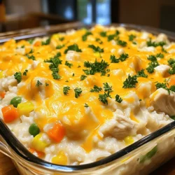 For this tasty dish, you need a few main ingredients: - 2 cups cooked white rice - 1 lb boneless, skinless chicken breasts, diced - 1 can (10.5 oz) cream of mushroom soup - 1 cup shredded cheddar cheese - 1 cup frozen mixed vegetables (peas, carrots, corn) - 1/2 cup chicken broth - 1 teaspoon garlic powder - 1 teaspoon onion powder - Salt and pepper to taste - 1 tablespoon olive oil - Fresh parsley, chopped (for garnish) These ingredients create a rich and creamy base. The chicken adds protein, while the rice keeps it filling. The cheese gives a nice, gooey texture that everyone loves. You can make this dish even better with some optional add-ins. Try these: - 1/2 cup diced bell peppers for crunch - 1/4 cup sour cream for extra creaminess - 1 teaspoon smoked paprika for a hint of spice - 1/2 cup cooked bacon for a smoky flavor These add-ins can change the taste and make it your own. Feel free to mix and match! To create this easy casserole, gather these tools: - Large skillet for cooking chicken - Large mixing bowl for combining ingredients - 9x13-inch casserole dish for baking - Aluminum foil to cover the dish Having the right tools makes cooking easier. These items help you prepare and bake your casserole perfectly. For the full recipe, check out Cheesy Chicken Rice Delight. To start, gather all your ingredients. You will need: - 2 cups cooked white rice - 1 lb boneless, skinless chicken breasts, diced - 1 can (10.5 oz) cream of mushroom soup - 1 cup shredded cheddar cheese - 1 cup frozen mixed vegetables (peas, carrots, corn) - 1/2 cup chicken broth - 1 teaspoon garlic powder - 1 teaspoon onion powder - Salt and pepper to taste - 1 tablespoon olive oil - Fresh parsley, chopped (for garnish) Next, preheat your oven to 350°F (175°C). This step helps cook the casserole evenly. Heat the olive oil in a large skillet over medium heat. Add the diced chicken and cook it for about 5-7 minutes. Make sure the chicken is no longer pink. Sprinkle in garlic powder, onion powder, salt, and pepper for flavor. In a separate large bowl, mix the cooked rice, cream of mushroom soup, shredded cheddar cheese, and frozen mixed vegetables. Pour in the chicken broth. Stir until everything blends well. Add the cooked chicken from the skillet into this rice mixture. Gently stir again to ensure all ingredients are mixed evenly. Now, grease a 9x13-inch casserole dish. Transfer the mixture into the dish, spreading it out evenly. Cover the dish with aluminum foil to keep moisture in. Bake for 25 minutes. After that, remove the foil and let it bake for another 10-15 minutes. The top should turn golden and bubbly. Once it's done, let it cool for a few minutes. Garnish with fresh parsley before serving. Enjoy your easy chicken and rice casserole! This recipe is a simple and tasty meal for any night. You can find the full recipe above. To get the best texture in your casserole, use cooked rice. Fresh rice can become mushy. Mix in your cooked chicken gently. This way, you keep the chicken pieces intact. When you bake, cover the dish with foil first. This step keeps moisture inside. Remove the foil later to crisp the top. You want it golden and bubbly. Seasoning makes a big difference. Garlic powder and onion powder are great basics. You can add more herbs like thyme or rosemary for depth. A pinch of paprika can bring warmth. If you like heat, sprinkle in some cayenne. Always taste your mix before baking. Adjust seasoning to your liking for a richer flavor. You can make this casserole ahead of time. Prepare it and store it in the fridge for a day. If you want to freeze it, let it cool first. Cover it tightly with foil or plastic wrap. It can last in the freezer for three months. When ready, thaw it overnight in the fridge. Bake it as per the full recipe instructions. Enjoy your hassle-free meal! {{image_2}} You can make this dish lighter. Use brown rice instead of white rice. Brown rice is whole grain and has more fiber. Try low-fat cheese in place of regular cheese. You can also use low-sodium broth. This keeps the flavor but cuts down on salt. For a vegetarian twist, leave out the chicken. Use firm tofu or tempeh instead. Both options soak up flavors well. You can replace cream of mushroom soup with a homemade cashew cream. Blend soaked cashews with water and season to taste. For vegans, ensure your cheese is dairy-free. Experiment with spices to change the taste. Add paprika for a smoky flavor. Try Italian herbs like basil and oregano for a fresh kick. If you like heat, sprinkle in some cayenne pepper or red pepper flakes. You can also mix in different veggies. Bell peppers, mushrooms, or spinach work great for added color and nutrition. Check out the Full Recipe for more ideas! After you enjoy your Easy Chicken and Rice Casserole, store leftovers right away. Use an airtight container. Let it cool to room temperature before sealing. This helps keep it fresh longer. You can store it in the fridge for up to three days. If you want to keep it longer, consider freezing it. When reheating, take care to heat evenly. You can use an oven or a microwave. If using the oven, set it to 350°F (175°C). Cover the casserole with foil to prevent it from drying out. Bake for about 20 minutes or until hot. If using a microwave, heat in 1-minute intervals. Stir between intervals for even heating. The shelf life of your chicken and rice casserole depends on how you store it. In the fridge, it lasts about three days. In the freezer, it can stay good for up to three months. When ready to eat, make sure to check for any off smells or changes in texture. For best taste, enjoy it sooner rather than later. Yes, you can use brown rice. Brown rice adds a nutty taste and extra fiber. However, it takes longer to cook. I suggest cooking it first before mixing it with the other ingredients. This will help ensure that the casserole turns out well. If you want a different flavor, you can use cream of chicken soup or a homemade white sauce. You can also use sour cream or yogurt for a tangy twist. Each option gives a unique taste while still keeping the dish creamy. To make this casserole gluten-free, choose a gluten-free cream of mushroom soup. You can find many brands that offer this. Also, make sure your chicken broth is gluten-free. This way, you can enjoy the dish without worry. Cook the chicken in the skillet until it is no longer pink. This usually takes about 5-7 minutes. Use a meat thermometer to check the inside temperature. It should reach 165°F (75°C) for safe eating. You can serve a fresh salad or steamed veggies on the side. Roasted broccoli or green beans also make great pairings. These options balance the creamy casserole and add more nutrients to your meal. For more ideas, check out the Full Recipe. In this article, we covered how to make a tasty chicken and rice casserole. We explored essential ingredients, preparation steps, and cooking tips. You learned about variations for diet needs and how to store leftovers properly. This dish is simple, flexible, and great for families. Try new flavors and enjoy making it your own! Your kitchen will soon fill with wonderful smells. Happy cooking!