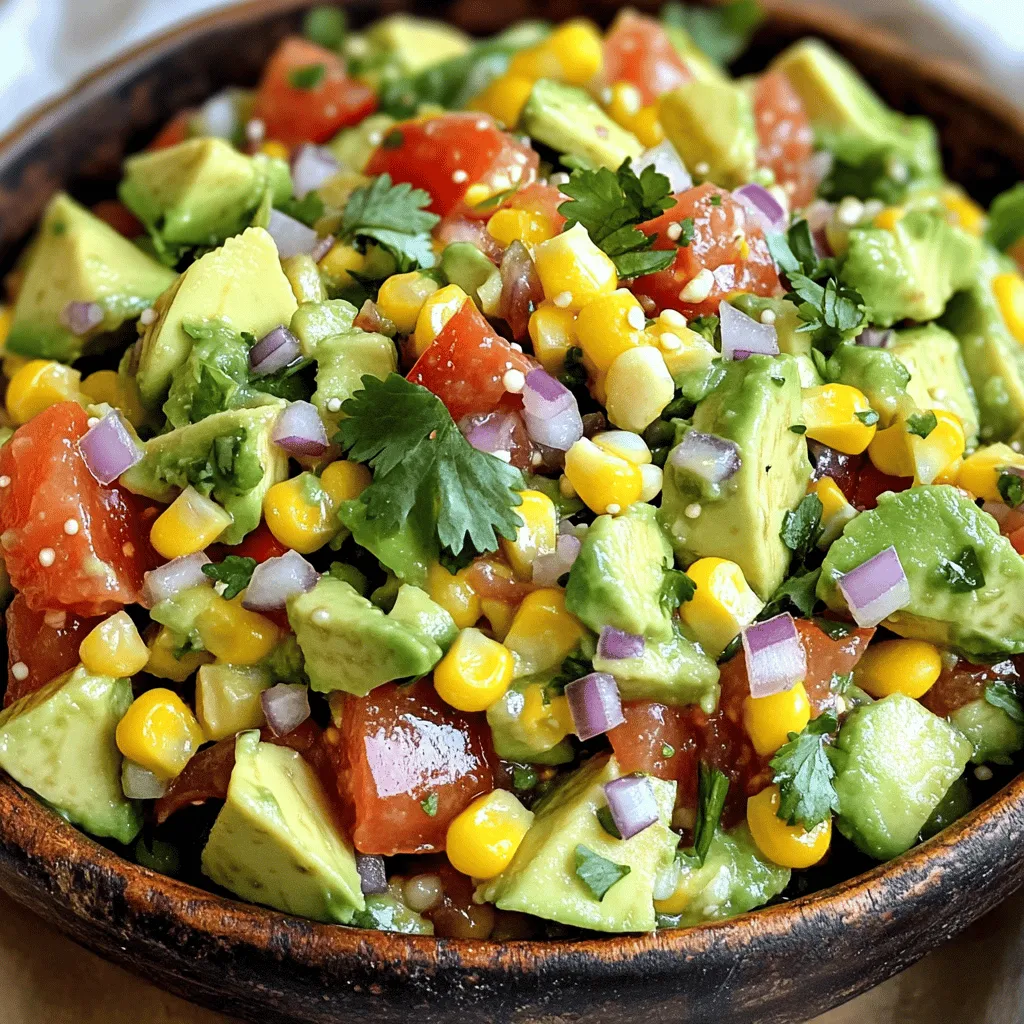 - 2 ripe avocados, diced - 1 cup fresh corn kernels (from about 2 ears of corn) - 1 small red onion, finely chopped - 1 tomato, diced - 1 jalapeño, minced (optional for heat) - 1/4 cup fresh cilantro, chopped - 2 tablespoons lime juice - Salt and pepper to taste When making avocado corn salsa, fresh ingredients are key. Ripe avocados give a creamy texture, while fresh corn adds crunch. You can choose sweet corn from the market or your garden. The red onion provides a nice bite, and a juicy tomato brings moisture and flavor. If you like some heat, add a minced jalapeño. This step is optional but fun! Fresh cilantro brightens the dish. Lime juice not only keeps the avocados green but also adds a zing. Finally, salt and pepper bring all the flavors together. - Mixing bowl - Knife and cutting board - Spatula Having the right tools makes cooking easier. A mixing bowl is great for combining all the ingredients. A sharp knife helps you chop the veggies quickly and safely. A spatula is perfect for gently mixing the salsa without mashing the avocados. For the complete process, you can refer to the Full Recipe. Enjoy every bite of this fresh and colorful salsa! How to boil corn on the cob To start, fill a large pot with water and add salt. Bring the water to a boil. Once boiling, add the corn on the cob. Boil for 3 to 5 minutes. The corn should be tender. After boiling, remove the corn from the water and let it cool. When cool, cut the kernels off the cob. Place the kernels in a large mixing bowl. Dicing avocados, tomatoes, and onions Next, take two ripe avocados. Cut them in half and remove the pit. Scoop out the flesh and dice it into small pieces. Then, take one tomato and dice it. Chop one small red onion finely. Add all these diced ingredients to the bowl with the corn. Incorporating ingredients into the mixing bowl Finally, add one minced jalapeño (optional for heat) and 1/4 cup of chopped fresh cilantro to the mixing bowl. This mix of ingredients creates a colorful and fresh base for your salsa. Adding lime juice for freshness Now, it's time to add flavor. Drizzle 2 tablespoons of fresh lime juice over the mixture. This adds a zesty taste and keeps the avocados from turning brown. Tossing the salsa gently without mashing Using a spatula, gently toss the ingredients together. Be careful not to mash the avocados. You want to keep their shape for a nice texture. Seasoning with salt and pepper Next, season your salsa with salt and pepper to taste. Start with a pinch of each and adjust as needed. The right seasoning brings all the flavors together. Letting the flavors meld Lastly, let the salsa sit for about 15 minutes. This resting time allows the flavors to blend and develop. Then your Avocado Corn Salsa is ready to enjoy! For the complete recipe, check the [Full Recipe]. To make great avocado corn salsa, start with ripe avocados. A ripe avocado feels slightly soft when you press it gently. The skin should be dark green or nearly black. If it is too hard, it is not ready. If it is too mushy, it is overripe. Store avocados at room temperature until they ripen. Once ripe, keep them in the fridge to slow down the process. Lime juice is key to brightening your salsa. Start with two tablespoons, but feel free to adjust based on your taste. If you love citrus, add more lime juice for a tangy kick. You can also add spices to boost flavors. A pinch of cumin or chili powder can add depth and warmth. Experiment with these spices to find your favorite mix. Fresh corn brings sweetness to the salsa. You can boil it, grill it, or microwave it. Boiling takes about 3-5 minutes. Just make sure it stays crunchy. Grilling adds a smoky flavor, while microwaving is quick and easy. No matter how you cook it, aim for that perfect crunch. Enjoy the fresh taste of summer in every bite. {{image_2}} You can change the heat in your avocado corn salsa. If jalapeño isn’t for you, try bell peppers. They add crunch without the spice. For a bit of heat, use serrano peppers. They pack more punch! Adding fruits can take this salsa to new heights. Mango brings a sweet note. Pineapple adds zest and brightness. Both make the salsa fresh and fun. Mix in small pieces for a delightful twist. This salsa shines with tortilla chips. The crisp chips complement the creamy avocados. It’s a perfect snack for parties or game day. You can also use this salsa as a topping. It pairs well with grilled meats. Try it on chicken, fish, or tacos. The fresh flavors elevate any meal. Avocado corn salsa is naturally vegan and gluten-free. This makes it great for many diets. You can serve it confidently at gatherings. If you want a protein boost, add beans. Black beans or chickpeas work well. They make the dish hearty and filling. It's a great way to enjoy a balanced meal. To keep your Avocado Corn Salsa fresh, store it in an airtight container in the fridge. This keeps flavors bright and prevents spills. To stop avocados from browning, add lime juice right before storage. The acid in lime juice slows down browning. You can also place plastic wrap directly on the surface of the salsa. This reduces air contact. Avocado Corn Salsa lasts about 2-3 days in the fridge. After that, it may lose its taste and texture. Look for signs of spoilage like a sour smell or changes in color. If it turns dark brown or mushy, it's time to toss it. You can freeze Avocado Corn Salsa, but the texture may change. If you want to freeze it, use a freezer-safe container. Leave some space at the top for expansion. To thaw, place the container in the fridge overnight. This keeps the salsa cool and helps maintain its flavor. Once thawed, stir well before serving. Avocado Corn Salsa is a fresh and vibrant mix of avocados and sweet corn. This salsa often includes diced tomatoes, onions, and cilantro. It’s great as a dip with tortilla chips or a topping for tacos and grilled meats. The balance of creamy avocados and crunchy corn makes it a crowd-pleaser. To add spice, you can include minced jalapeños or other hot peppers. Start with a small amount and taste as you go. You can also sprinkle in cayenne pepper or a dash of hot sauce for more heat. Adjust these ingredients to fit your taste. Yes, you can prepare this salsa ahead of time. To keep the avocados fresh, add lime juice right before serving. If you make it early, store it in an airtight container in the fridge. This helps keep the flavors fresh, but it’s best eaten within a day. You can customize Avocado Corn Salsa in many ways. Try adding diced mango or pineapple for a sweet twist. Black beans or chickpeas can give you extra protein. Fresh herbs like mint or basil can also add unique flavors. Mix and match to find your favorite combination! For the full recipe, check out the [Full Recipe]. In this post, we explored how to make Avocado Corn Salsa. We covered the fresh ingredients needed, useful kitchen tools, and step-by-step preparation. You learned tips for selecting ripe avocados and enhancing flavors, along with variations and serving ideas. In closing, this salsa is not just simple. It’s fun to make and delicious to eat. Try it with your favorite dishes or as a snack. Enjoy experimenting with your own unique twists!