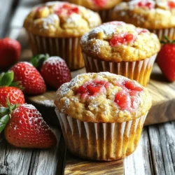 For these tasty muffins, you will need: - 1 cup rolled oats - 1 cup all-purpose flour - 1/2 cup brown sugar - 2 teaspoons baking powder - 1/2 teaspoon baking soda - 1/4 teaspoon salt - 1 teaspoon cinnamon - 2 ripe bananas, mashed - 1/2 cup Greek yogurt (or applesauce for a lighter option) - 1/4 cup honey or maple syrup - 1/4 cup vegetable oil or melted coconut oil - 1 teaspoon vanilla extract - 1 cup fresh strawberries, hulled and diced - Optional: 1/2 cup chopped nuts (walnuts or pecans) You can easily swap some ingredients for a healthier or different taste. Here are some ideas: - Use whole wheat flour instead of all-purpose flour for more fiber. - Replace brown sugar with coconut sugar for a lower glycemic index. - Try almond milk instead of Greek yogurt for a dairy-free option. - Use mashed apples instead of bananas if you want a different flavor. - Maple syrup can be replaced with agave nectar if you prefer. These muffins are not only yummy but also packed with nutrients. Here is an overview of the nutrition per muffin: - Calories: About 150 - Protein: 4 grams - Carbohydrates: 25 grams - Fat: 5 grams - Fiber: 2 grams - Sugar: 7 grams These muffins offer a healthy balance of carbs, protein, and healthy fats, making them a great snack or breakfast option. You can find the full recipe mentioned earlier to create these nutritious treats. First, set your oven to 350°F (175°C). This is the perfect temperature for baking. While the oven warms up, prepare your muffin tin. You can line it with paper liners or lightly grease it. This helps the muffins come out easily once they are baked. In a large bowl, mix together the dry ingredients. Add 1 cup of rolled oats, 1 cup of all-purpose flour, and 1/2 cup of brown sugar. Next, sprinkle in 2 teaspoons of baking powder, 1/2 teaspoon of baking soda, 1/4 teaspoon of salt, and 1 teaspoon of cinnamon. Stir these ingredients well. This step ensures that your muffins have great texture and flavor. For the wet mix, take another bowl. Mash 2 ripe bananas and add them. Then, mix in 1/2 cup of Greek yogurt, or use applesauce for a lighter option. Sweeten it up with 1/4 cup of honey or maple syrup. Pour in 1/4 cup of vegetable oil or melted coconut oil, then add 1 teaspoon of vanilla extract. Mix these until smooth and creamy. This will make your muffins moist and tasty. Now, it’s time to combine the mixtures. Pour the wet ingredients into the bowl of dry ingredients. Gently fold them together, being careful not to overmix. Next, add in 1 cup of fresh strawberries that you have hulled and diced. If you like nuts, you can also fold in 1/2 cup of chopped walnuts or pecans. This adds a nice crunch to your muffins. Spoon the batter into your muffin cups. Fill each one about 2/3 full. This allows space for the muffins to rise. Place the muffin tin in the preheated oven. Bake for 18-20 minutes. To check if they are done, insert a toothpick into the center of a muffin. If it comes out clean, your muffins are ready. Let them cool in the tin for 5 minutes before moving them to a wire rack. Enjoy your warm, delicious muffins! For the full recipe, refer to the earlier section. To get the best muffin texture, measure your flour correctly. Use the spoon-and-level method. This helps avoid dense muffins. Mix dry and wet ingredients gently. Overmixing can lead to tough muffins. You want your batter to be slightly lumpy. This ensures a light and airy texture. Bake them at the right temperature, 350°F (175°C). The time should be about 18-20 minutes. Keep an eye on them during the last few minutes. A toothpick should come out clean when they’re done. One common mistake is not using ripe bananas. Choose bananas that are very soft and spotty. They add more flavor and sweetness. Another mistake is skipping the lining of the muffin tin. This can make your muffins stick and break apart. Don't forget to fold in the strawberries gently. If you crush them, your muffins will turn pink. Lastly, avoid opening the oven too early. This can cause your muffins to sink in the middle. To enhance flavor, try adding spices like nutmeg or ginger. These spices pair well with the fruits. You can also mix in chocolate chips for a sweet treat. For presentation, dust the muffins with powdered sugar. Serve them warm with fresh strawberries on the side. This adds color and freshness to your dish. For a more gourmet touch, top them with a dollop of Greek yogurt. You can find the full recipe for these delicious muffins above. {{image_2}} You can make these muffins gluten-free easily. Just swap the all-purpose flour with a gluten-free blend. Look for a mix that includes xanthan gum, as it helps with texture. You can also use almond flour or oat flour instead. Both options keep the muffins soft and tasty. To make these muffins vegan, replace the Greek yogurt with unsweetened plant yogurt. You can use applesauce, but banana adds more flavor. For the eggs, use flaxseed meal. Mix one tablespoon of flaxseed with three tablespoons of water. Let it sit for a few minutes to thicken. This mixture acts like one egg. You can make these muffins even more fun with extra flavors. Consider adding chocolate chips for a sweet treat. Mix in 1/2 cup of dark or semi-sweet chips. Spices can enhance the taste too. Try adding a pinch of nutmeg or ginger for a warm flavor. You can also add 1/2 cup of chopped nuts like walnuts or pecans for some crunch. For the full recipe, check out the detailed instructions above. To keep your strawberry banana oat muffins fresh, store them in an airtight container. This helps retain moisture and flavor. If you plan to eat them within a few days, keep them at room temperature. For longer storage, the fridge is a good option. Just remember to let them cool completely before sealing them. Freezing muffins is a great way to save them for later. Allow the muffins to cool fully first. Then, wrap each one in plastic wrap. After that, place them in a freezer bag. Label the bag with the date. Muffins can last up to three months in the freezer. When you’re ready to enjoy, just take one out and thaw it at room temperature. To reheat your muffins, remove them from their wrapping. You can use the microwave for quick warming. Heat for about 15-20 seconds. For a crispier texture, consider using your oven. Preheat it to 350°F (175°C) and warm the muffins for about 5-10 minutes. This brings back their fresh-baked taste. Enjoy your muffins warm! For the full recipe, check the earlier section. Yes, you can use frozen strawberries. Just thaw them first. Drain any extra juice. This keeps your muffins from getting too wet. Frozen strawberries also work well and taste great. To reduce the sweetness, cut back on the brown sugar. You can use half of what the recipe calls for. You might also skip the honey or maple syrup. If you like, add more mashed banana for natural sweetness. To ripen bananas fast, place them in a brown paper bag. This traps the ethylene gas, which helps them ripen. You can also place them in a warm spot in your kitchen. If you need them really quick, bake them at 300°F for 15-20 minutes. Check the muffins at 18 minutes. Insert a toothpick into the center of one. If it comes out clean, they are done. If it has wet batter on it, bake for a few more minutes. Watch them closely to avoid overbaking. This blog post covered everything you need for making strawberry banana oat muffins. We talked about the ingredients you need and their substitutions. Then, I shared step-by-step instructions and tips for a perfect texture. I explored fun variations to customize the muffins and gave you storage advice. Baking is all about trying new things. Use these methods to make muffins you'll love. Enjoy your baking journey!