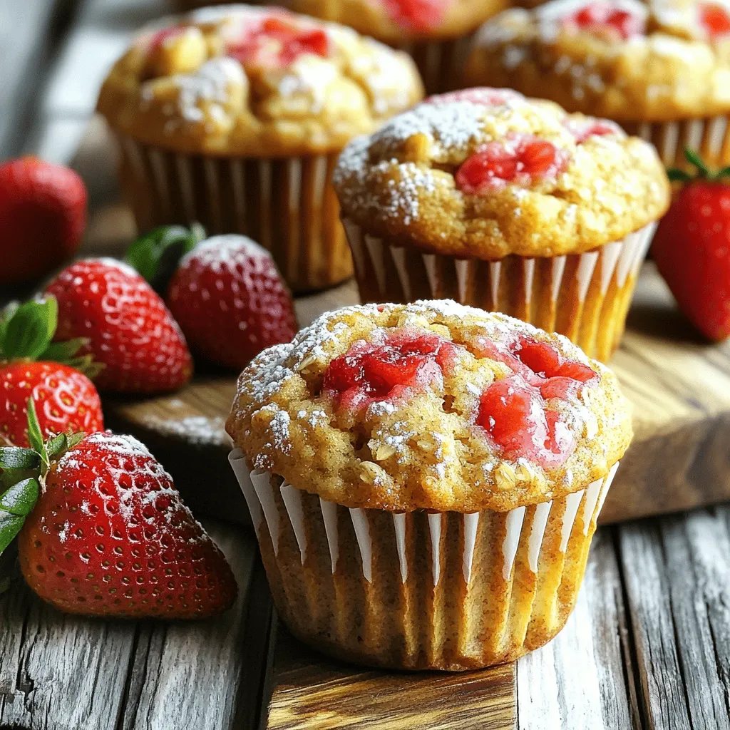 For these tasty muffins, you will need: - 1 cup rolled oats - 1 cup all-purpose flour - 1/2 cup brown sugar - 2 teaspoons baking powder - 1/2 teaspoon baking soda - 1/4 teaspoon salt - 1 teaspoon cinnamon - 2 ripe bananas, mashed - 1/2 cup Greek yogurt (or applesauce for a lighter option) - 1/4 cup honey or maple syrup - 1/4 cup vegetable oil or melted coconut oil - 1 teaspoon vanilla extract - 1 cup fresh strawberries, hulled and diced - Optional: 1/2 cup chopped nuts (walnuts or pecans) You can easily swap some ingredients for a healthier or different taste. Here are some ideas: - Use whole wheat flour instead of all-purpose flour for more fiber. - Replace brown sugar with coconut sugar for a lower glycemic index. - Try almond milk instead of Greek yogurt for a dairy-free option. - Use mashed apples instead of bananas if you want a different flavor. - Maple syrup can be replaced with agave nectar if you prefer. These muffins are not only yummy but also packed with nutrients. Here is an overview of the nutrition per muffin: - Calories: About 150 - Protein: 4 grams - Carbohydrates: 25 grams - Fat: 5 grams - Fiber: 2 grams - Sugar: 7 grams These muffins offer a healthy balance of carbs, protein, and healthy fats, making them a great snack or breakfast option. You can find the full recipe mentioned earlier to create these nutritious treats. First, set your oven to 350°F (175°C). This is the perfect temperature for baking. While the oven warms up, prepare your muffin tin. You can line it with paper liners or lightly grease it. This helps the muffins come out easily once they are baked. In a large bowl, mix together the dry ingredients. Add 1 cup of rolled oats, 1 cup of all-purpose flour, and 1/2 cup of brown sugar. Next, sprinkle in 2 teaspoons of baking powder, 1/2 teaspoon of baking soda, 1/4 teaspoon of salt, and 1 teaspoon of cinnamon. Stir these ingredients well. This step ensures that your muffins have great texture and flavor. For the wet mix, take another bowl. Mash 2 ripe bananas and add them. Then, mix in 1/2 cup of Greek yogurt, or use applesauce for a lighter option. Sweeten it up with 1/4 cup of honey or maple syrup. Pour in 1/4 cup of vegetable oil or melted coconut oil, then add 1 teaspoon of vanilla extract. Mix these until smooth and creamy. This will make your muffins moist and tasty. Now, it’s time to combine the mixtures. Pour the wet ingredients into the bowl of dry ingredients. Gently fold them together, being careful not to overmix. Next, add in 1 cup of fresh strawberries that you have hulled and diced. If you like nuts, you can also fold in 1/2 cup of chopped walnuts or pecans. This adds a nice crunch to your muffins. Spoon the batter into your muffin cups. Fill each one about 2/3 full. This allows space for the muffins to rise. Place the muffin tin in the preheated oven. Bake for 18-20 minutes. To check if they are done, insert a toothpick into the center of a muffin. If it comes out clean, your muffins are ready. Let them cool in the tin for 5 minutes before moving them to a wire rack. Enjoy your warm, delicious muffins! For the full recipe, refer to the earlier section. To get the best muffin texture, measure your flour correctly. Use the spoon-and-level method. This helps avoid dense muffins. Mix dry and wet ingredients gently. Overmixing can lead to tough muffins. You want your batter to be slightly lumpy. This ensures a light and airy texture. Bake them at the right temperature, 350°F (175°C). The time should be about 18-20 minutes. Keep an eye on them during the last few minutes. A toothpick should come out clean when they’re done. One common mistake is not using ripe bananas. Choose bananas that are very soft and spotty. They add more flavor and sweetness. Another mistake is skipping the lining of the muffin tin. This can make your muffins stick and break apart. Don't forget to fold in the strawberries gently. If you crush them, your muffins will turn pink. Lastly, avoid opening the oven too early. This can cause your muffins to sink in the middle. To enhance flavor, try adding spices like nutmeg or ginger. These spices pair well with the fruits. You can also mix in chocolate chips for a sweet treat. For presentation, dust the muffins with powdered sugar. Serve them warm with fresh strawberries on the side. This adds color and freshness to your dish. For a more gourmet touch, top them with a dollop of Greek yogurt. You can find the full recipe for these delicious muffins above. {{image_2}} You can make these muffins gluten-free easily. Just swap the all-purpose flour with a gluten-free blend. Look for a mix that includes xanthan gum, as it helps with texture. You can also use almond flour or oat flour instead. Both options keep the muffins soft and tasty. To make these muffins vegan, replace the Greek yogurt with unsweetened plant yogurt. You can use applesauce, but banana adds more flavor. For the eggs, use flaxseed meal. Mix one tablespoon of flaxseed with three tablespoons of water. Let it sit for a few minutes to thicken. This mixture acts like one egg. You can make these muffins even more fun with extra flavors. Consider adding chocolate chips for a sweet treat. Mix in 1/2 cup of dark or semi-sweet chips. Spices can enhance the taste too. Try adding a pinch of nutmeg or ginger for a warm flavor. You can also add 1/2 cup of chopped nuts like walnuts or pecans for some crunch. For the full recipe, check out the detailed instructions above. To keep your strawberry banana oat muffins fresh, store them in an airtight container. This helps retain moisture and flavor. If you plan to eat them within a few days, keep them at room temperature. For longer storage, the fridge is a good option. Just remember to let them cool completely before sealing them. Freezing muffins is a great way to save them for later. Allow the muffins to cool fully first. Then, wrap each one in plastic wrap. After that, place them in a freezer bag. Label the bag with the date. Muffins can last up to three months in the freezer. When you’re ready to enjoy, just take one out and thaw it at room temperature. To reheat your muffins, remove them from their wrapping. You can use the microwave for quick warming. Heat for about 15-20 seconds. For a crispier texture, consider using your oven. Preheat it to 350°F (175°C) and warm the muffins for about 5-10 minutes. This brings back their fresh-baked taste. Enjoy your muffins warm! For the full recipe, check the earlier section. Yes, you can use frozen strawberries. Just thaw them first. Drain any extra juice. This keeps your muffins from getting too wet. Frozen strawberries also work well and taste great. To reduce the sweetness, cut back on the brown sugar. You can use half of what the recipe calls for. You might also skip the honey or maple syrup. If you like, add more mashed banana for natural sweetness. To ripen bananas fast, place them in a brown paper bag. This traps the ethylene gas, which helps them ripen. You can also place them in a warm spot in your kitchen. If you need them really quick, bake them at 300°F for 15-20 minutes. Check the muffins at 18 minutes. Insert a toothpick into the center of one. If it comes out clean, they are done. If it has wet batter on it, bake for a few more minutes. Watch them closely to avoid overbaking. This blog post covered everything you need for making strawberry banana oat muffins. We talked about the ingredients you need and their substitutions. Then, I shared step-by-step instructions and tips for a perfect texture. I explored fun variations to customize the muffins and gave you storage advice. Baking is all about trying new things. Use these methods to make muffins you'll love. Enjoy your baking journey!