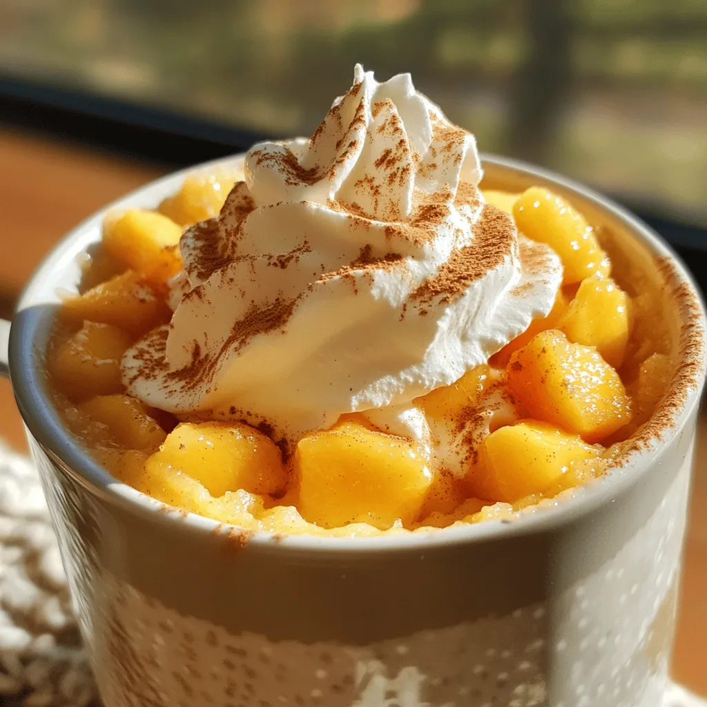 - 1 ripe peach, diced - 1 tablespoon sugar - 1 tablespoon cornstarch - 1/4 cup all-purpose flour Peach cobbler mug cake needs fresh, ripe peaches. They give the best flavor and sweetness. The sugar helps to enhance the peach's natural sweetness. Cornstarch thickens the mixture, making it nice and gooey. All-purpose flour gives the cake its structure. - 1/2 teaspoon cinnamon - Whipped cream or vanilla ice cream Cinnamon adds a warm spice flavor. You can also top your cake with whipped cream or vanilla ice cream for extra richness. These toppings make your dessert even more delightful. - Plant-based alternatives for milk - Alternative sweeteners If you want a dairy-free option, use almond milk or oat milk. You can also choose different sweeteners, like honey or agave syrup, to make it your own. For the complete details on the recipe, check the Full Recipe section! Start by dicing your ripe peach into small pieces. In a microwave-safe mug, combine the diced peach with 1 tablespoon of sugar and 1 tablespoon of cornstarch. Stir everything well to coat the peach evenly. This step ensures the peach gets sweet and thick when cooked. In a separate bowl, measure out 1/4 cup of all-purpose flour, 1/4 teaspoon of baking powder, and a pinch of salt. If you want a warm spice, add a little cinnamon. Mix these dry ingredients together until they are well blended. This mix forms the cake base. Now, add the dry mix to a new bowl. Pour in 1/4 cup of milk, 1 tablespoon of vegetable oil, and 1/2 teaspoon of vanilla extract. Stir until just combined. Don’t overmix; a few lumps are okay. Pour this batter over the peach mixture in the mug. Gently stir it a couple of times to create a ripple effect. This adds a nice touch. Place the mug in the microwave and cook on high for 1 to 1.5 minutes. Check at 1 minute to see if it’s set but still moist. Let it cool for a minute, then top with whipped cream or a scoop of vanilla ice cream. Enjoy! For the complete details, refer to the Full Recipe. To get the best texture in your mug cake, do not overmix. When you mix your wet and dry ingredients, just stir until they come together. If you mix too much, your cake can turn out tough. You want it to be soft and fluffy. The right amount of mixing makes a big difference in your mug cake. Microwave cooking can be tricky. Always check your mug cake at the one-minute mark. It may need more time, but you want to avoid overcooking. The cake should feel set but still moist. If it seems dry, it has cooked too long. Remember, the mug will hold heat, so it will keep cooking even after you stop the microwave. Presentation can make your mug cake more appealing. You can serve it right in the mug for a cozy look. If you want a fancier touch, transfer it to a plate. Add a mint leaf and some diced peaches on top. For a sweet finish, a scoop of whipped cream or vanilla ice cream works great. Enjoy your creation warm from the microwave! {{image_2}} You can swap peaches with many fruits. Berries like blueberries or raspberries work well. Apples also make a great choice. Just dice them finely. Use the same amount as the peach. Each fruit adds its own flavor and sweetness. This gives you fun options to try! For a gluten-free mug cake, use gluten-free flour. Almond flour or oat flour can work, too. If you prefer vegan, replace milk with a plant-based option. Almond milk or oat milk are great choices. You can also use a flax egg instead of the egg for a vegan version. To make your mug cake extra special, think about adding nuts. Chopped walnuts or pecans add crunch. You could also sprinkle in some spices. A pinch of nutmeg or more cinnamon can boost the flavor. These small changes make a big difference. They help personalize your mug cake just how you like it. To keep your peach cobbler mug cake fresh, place it in an airtight container. If you have any leftovers, refrigerate them right away. This cake stays well for about three days in the fridge. Make sure to seal the container tight to avoid drying out. When you want to enjoy your mug cake again, use the microwave. Place the mug cake in the microwave for about 15 to 20 seconds. Check to see if it warms evenly. If it feels cold, heat it for another 10 seconds. Be careful to not overheat, or it may become tough. For the best taste, eat your peach cobbler mug cake within three days. After this time, the flavors start to fade. If you freeze it, it can last up to a month. When ready to eat, thaw it in the fridge overnight before reheating. Enjoy the sweet taste of fresh peaches anytime! Yes, you can! If you do not have a microwave, you can bake the mug cake in an oven. Preheat your oven to 350°F (175°C). Pour the prepared mixture into an oven-safe mug or ramekin and bake for about 20-25 minutes. Keep an eye on it, and use a toothpick to check if it is done. Frozen peaches can change the texture slightly. They may make the cake a bit more moist. This happens because frozen peaches release more juice as they heat up. However, they still work well in the recipe. Just be sure to thaw and drain any excess liquid before using them. You have many tasty options for toppings! Here are some popular choices: - Whipped cream - Vanilla ice cream - Crushed nuts for crunch - A drizzle of caramel sauce - Fresh mint leaves for a pop of color You can find the full recipe in this article. It has all the details you need to make your peach cobbler mug cake just right! This blog post covered the key ingredients for a delicious peach cobbler mug cake. We explored the main items needed, optional ingredients, and how to tweak the recipe for different diets. You learned step-by-step instructions and helpful tips for perfecting your cake. Remember, variations like using other fruits or flavors can make it your own. Don't forget to check the article for the full recipe. Enjoy your baking adventure!