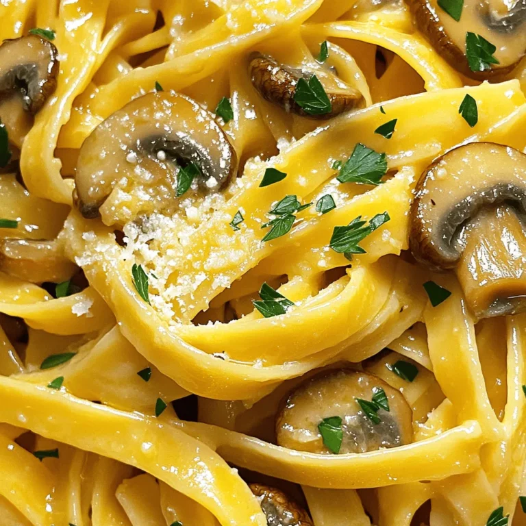 To make this tasty dish, you need the following ingredients: - 250g spaghetti or fettuccine - 200g fresh mushrooms (cremini, shiitake, or button), sliced - 4 cloves garlic, minced - 50g unsalted butter - 2 tablespoons olive oil - 1 teaspoon dried thyme - Salt and pepper to taste - ¼ cup grated Parmesan cheese (optional) - Fresh parsley, chopped (for garnish) You can easily change this dish to suit your taste. Here are some options: - Add a splash of white wine for extra flavor. - Toss in red pepper flakes for a spicy kick. - Include spinach or kale for added greens. - Use different cheese, like goat cheese or feta. If you do not have something on hand, don't worry! You can swap ingredients easily: - For pasta, use any kind you prefer, like penne or gluten-free options. - Instead of butter, try using vegan butter or olive oil for a lighter dish. - If you lack fresh mushrooms, canned ones work too, but fresh is best for taste. - Use fresh herbs like basil or oregano instead of dried thyme for a fresh twist. For the full recipe, check out the detailed cooking steps. Enjoy your cooking! 1. Cook the Pasta: Start by boiling a large pot of salted water. Add 250g of spaghetti or fettuccine. Cook them until they are al dente. This usually takes about 8-10 minutes. Save ½ cup of the pasta water before draining. 2. Sauté the Mushrooms: In a large skillet, heat 2 tablespoons of olive oil and 25g of unsalted butter over medium heat. Once the butter melts, add 200g of sliced mushrooms. Stir and cook for 5-7 minutes until they turn golden brown. 3. Add Garlic and Seasoning: Toss in 4 minced garlic cloves and 1 teaspoon of dried thyme. Stir for 1-2 minutes until the garlic smells great. Add salt and pepper to taste. 4. Combine Pasta and Sauce: Add your drained pasta to the skillet. Toss it with the mushrooms. Gradually pour in the reserved pasta water. This helps create a nice sauce. 5. Finish with Butter and Cheese: Take the skillet off the heat. Stir in the remaining 25g of butter until it melts and coats the pasta. If you like, sprinkle ¼ cup of grated Parmesan cheese on top. 6. Serve: Spoon the pasta onto plates. Garnish with freshly chopped parsley for a pop of color. - Cooking Pasta: Always use plenty of water. This helps the pasta cook evenly. Add salt to enhance the flavor. - Sautéing: Keep the heat at medium. This allows mushrooms to brown without burning. Stir often to avoid sticking. - Creating Sauce: Using reserved pasta water is key. It helps bind the pasta and sauce together. - Prep Ingredients First: Slice mushrooms and mince garlic before cooking. This saves time. - Use Two Pots: Cook pasta in one pot while sautéing mushrooms in another. This speeds up the process. - Stay Organized: Keep your workspace tidy. It helps you focus and cook faster. For more detailed instructions, check the Full Recipe. To cook pasta well, always use a large pot of water. Salt the water before boiling. This adds flavor to your pasta. Add the pasta once the water is boiling. Stir it often to keep it from sticking. Cook until it's al dente, which means firm but not hard. This takes around 8-10 minutes for spaghetti or fettuccine. Always save some pasta water; it helps to make your sauce smooth. For the best sauce, use the pasta water you saved. This water has starch that helps bind the sauce. Start by mixing the drained pasta with the sautéed mushrooms. Gradually add the reserved pasta water. Toss the pasta as you add the water. Stop when the sauce looks creamy and coats the pasta well. If the sauce is too thin, let it cook a bit longer. If it's too thick, add more pasta water. Garlic butter mushroom pasta pairs well with many dishes. A light green salad adds fresh crunch. Garlic bread is a great side for extra flavor. You can also serve it with grilled chicken or shrimp for protein. If you want to keep it simple, roasted vegetables make a nice addition. For a drink, a crisp white wine works well with this meal. For more ideas, check the Full Recipe. {{image_2}} You can change the flavor of your garlic butter mushroom pasta by using different mushrooms. Each type adds a unique taste. Here are some options: - Cremini mushrooms: Earthy and meaty in flavor. - Shiitake mushrooms: Rich and slightly smoky. - Oyster mushrooms: Delicate and sweet. - Portobello mushrooms: Meaty and robust. Mix and match these mushrooms to find your favorite blend. Experimenting with these options can make your dish even more exciting. Adding proteins or vegetables can make your dish heartier. Here are some great options: - Grilled chicken: Adds a nice texture and flavor. - Shrimp: Cooks quickly and gives a seafood twist. - Spinach: Adds color and nutrients. - Broccoli: A healthy crunch that pairs well. These additions not only make the dish filling but also boost its nutritional value. You can easily adapt this recipe to fit vegetarian or vegan diets. Here are some tips: - For a vegetarian version: Skip the Parmesan cheese or use a vegetarian alternative. - For a vegan option: Use plant-based butter and omit the cheese. Nutritional yeast can replace the Parmesan for a cheesy flavor. These swaps make the dish suitable for everyone, keeping it delicious and satisfying! For the full recipe, please refer to the earlier sections. Once you finish your meal, let the pasta cool down. Place it in an airtight container. This helps keep it fresh. Store it in the fridge for up to three days. If you want to enjoy it later, freezing is a good option. When you're ready to eat, take the pasta out of the fridge. You can reheat it in a few ways. The best method is on the stove. Add a splash of water or broth to keep it moist. Heat it over medium-low heat, stirring gently. You can also use the microwave. Just cover it and heat in short bursts, stirring in between. If you want to save the pasta for longer, freezing is great. Divide the pasta into single-serving portions. Use freezer-safe bags or containers. Remove as much air as you can before sealing. Properly stored, it can last up to three months. When you’re ready to eat, thaw it overnight in the fridge or use the microwave. For the best taste, reheat it on the stove. Enjoy your Garlic Butter Mushroom Pasta again with ease! For the full recipe, check out the detailed instructions. Yes, you can use dried mushrooms. Dried mushrooms have a strong flavor. To use them, soak the dried mushrooms in warm water for about 20 minutes. This will help them soften. After soaking, drain and chop them. Then, add them to your dish like fresh mushrooms. The flavor will be rich, making your pasta tasty. To make this dish gluten-free, swap regular pasta for gluten-free pasta. Many brands now offer great options. You can find gluten-free spaghetti or fettuccine in stores. Just follow the cooking instructions on the package. This way, you still enjoy the rich garlic and mushroom flavors without gluten. Some great side dishes include: - Garlic bread: Perfect for soaking up the sauce. - Green salad: Fresh greens add a nice crunch. - Roasted vegetables: Carrots, zucchini, or bell peppers work well. - Steamed broccoli: Adds color and nutrition. These sides balance the meal and keep it light. You can find the Full Recipe for Garlic Butter Mushroom Pasta above to enjoy this dish at home! This blog post covered how to make Garlic Butter Mushroom Pasta. We explored ingredients, steps, and tips for cooking. You learned about customizing your dish and keeping leftovers fresh. Remember to experiment with flavors and textures. Cooking should be fun, so feel free to change things up! Enjoy this tasty dish with your favorite sides. You now have the tools to make a delicious meal when you want. Happy cooking!