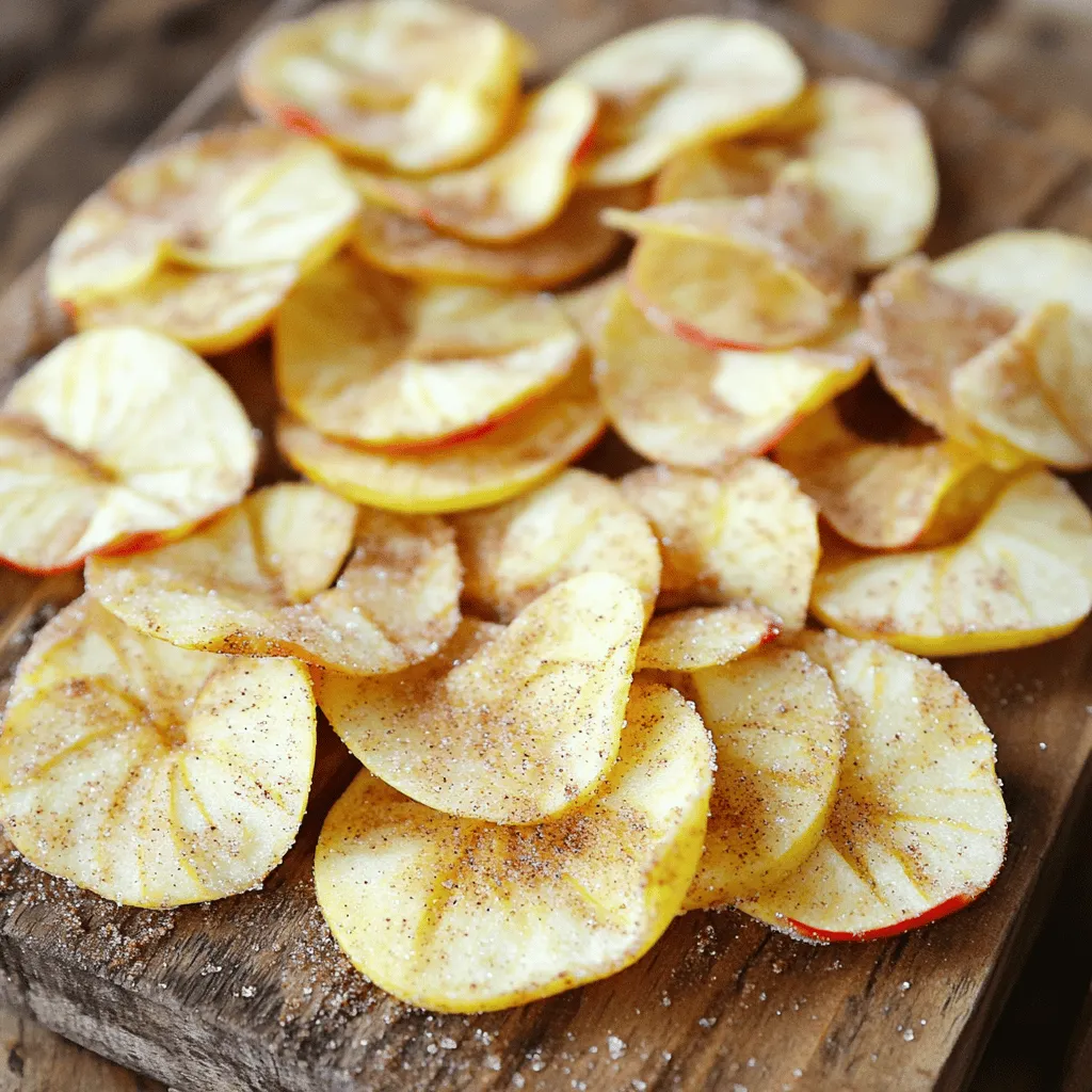 To make cinnamon sugar apple chips, you need just a few simple ingredients: - 2 large apples (such as Fuji or Honeycrisp) - 2 tablespoons granulated sugar - 1 teaspoon ground cinnamon - 1 tablespoon lemon juice - Pinch of salt These ingredients work together to create a tasty snack. The apples give a natural sweetness, while the sugar and cinnamon add flavor. When choosing apples, I like to use Fuji or Honeycrisp. They are sweet and crisp. Their texture holds up well during baking, making them perfect for chips. You can also use Granny Smith apples for a tart option. The tartness balances the sweetness of the sugar. If you want to skip granulated sugar, try using coconut sugar or honey. Both options give a unique flavor. For a healthier twist, consider using Stevia or maple syrup. For cinnamon, you can mix in nutmeg or pumpkin spice for a fun change. Each choice will add a different taste to your apple chips. Start by washing and drying your apples. You can choose Fuji or Honeycrisp for the best flavor. Slice them thinly, about 1/8-inch thick. A sharp knife works well, but a mandoline slicer makes it easier. Thin slices help create that perfect crunch. In a small bowl, combine 2 tablespoons of granulated sugar and 1 teaspoon of ground cinnamon. Add a pinch of salt to enhance the flavor. Mix it well until the sugar and cinnamon blend together. This mixture will coat your apple slices with sweet and spicy goodness. Preheat your oven to 225°F (107°C). Line two baking sheets with parchment paper. Toss the apple slices in lemon juice to prevent browning. Lay them flat on the baking sheets, avoiding overlap. Evenly sprinkle the cinnamon sugar mix over the slices. Bake for 1.5 to 2 hours, flipping halfway. Keep an eye on them to avoid burning. Once they cool, they will become crunchier. Enjoy your healthy snack! For the full recipe, check the section above. To get the best crunch from your apple chips, slice them thinly. Aim for slices about 1/8-inch thick. The thinner the slice, the crispier the chip. Use a sharp knife or a mandoline slicer for even slices. Make sure to lay them out in a single layer on your baking sheets. Overlapping slices can lead to soggy parts. Bake them slowly at a low temperature, around 225°F (107°C), for 1.5 to 2 hours. Flip them halfway through to ensure even baking. Keep a close eye towards the end to avoid burning. Apple slices turn brown quickly after cutting. To keep them looking fresh, toss the slices with lemon juice right after slicing. The citric acid in the lemon juice slows down browning. This step helps your chips stay pretty and tasty. You can also soak the slices in lemon water for a few minutes before baking. Just make sure to dry them well before adding the cinnamon sugar. Finding the right mix of cinnamon and sugar is key. I recommend using 2 tablespoons of granulated sugar and 1 teaspoon of ground cinnamon. This ratio gives a sweet and spicy taste that highlights the apples. If you prefer a stronger cinnamon flavor, feel free to add a bit more cinnamon. Mix the sugar and cinnamon in a small bowl before sprinkling it on the apple slices. This ensures an even coating. Adjust the sweetness by adding or reducing sugar as per your taste. For the full recipe, check out the entire process and enjoy your healthy snack! {{image_2}} You can use many apple types for your chips. Fuji apples are sweet and crisp. Honeycrisp apples are also great, offering a juicy bite. For a tart flavor, try Granny Smith apples. Each type brings a unique taste. Mixing different apples can create a fun flavor blend. Experiment until you find the mix you love! While cinnamon is the star, you can add other spices. Nutmeg offers warmth and depth. Cloves add a sweet and spicy kick. You can mix these spices with cinnamon for more flavor. Start with a small amount and adjust to your taste. This way, you can make your chips unique and flavorful. Want to elevate your apple chips? Try adding toppings! A drizzle of melted chocolate makes them sweeter. Just let the chips cool first. You can also sprinkle a bit of sea salt for a salty-sweet mix. These toppings can transform your snack into a gourmet treat. Feel free to get creative and make it your own! To keep your cinnamon sugar apple chips fresh, store them in an airtight container. Glass jars or plastic containers with tight lids work well. Avoid using paper bags, as they let air in. If you live in a humid area, it’s best to add a few silica gel packets to absorb moisture. This keeps the chips crunchy and tasty. For longer freshness, place your apple chips in a cool, dry spot. A pantry or cupboard works best. Keeping them away from direct sunlight helps too. If you notice any chips losing their crunch, you can re-bake them at a low temperature for a few minutes. This will revive their crispiness. You can freeze apple chips to enjoy later. Just place them in a freezer-safe bag or container. Make sure to remove as much air as possible before sealing. When you’re ready to eat them, thaw in the refrigerator. Reheat them in the oven at 200°F (93°C) for about 10 minutes. This brings back their crunch. You can follow the Full Recipe for best results. To enhance store-bought apple chips, try adding a dash of fresh cinnamon. You can also sprinkle on a bit of sea salt for contrast. Mixing in a touch of vanilla or maple extract can add depth. For a fun twist, pair them with a yogurt dip. This adds creaminess and extra flavor. Yes, you can use honey, agave, or maple syrup. Just remember, these liquids will change the texture. If you prefer a dry sweetener, try stevia or erythritol. Adjust the amount to suit your taste. These alternatives can help you enjoy sweet flavors without refined sugar. Cinnamon sugar apple chips offer several benefits. Apples are high in fiber, which aids digestion. They contain vitamins A and C, boosting your immune system. Cinnamon has antioxidant properties and may help regulate blood sugar. This snack is a low-calorie option compared to many chips. You can enjoy a flavorful crunch without guilt. For the full recipe, check out the details above! Making apple chips is simple and fun. Start by learning about the right apples and flavors. Follow the steps for preparing, mixing, and baking for the best results. Use my tips to make your chips crispy and avoid browning. Don’t be afraid to experiment with variations or toppings. Store your chips well to keep them fresh. Now you have all the tools to create tasty apple chips at home. Enjoy your healthy snack and share it with friends!