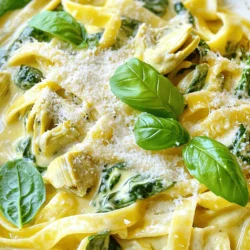 - Fettuccine pasta (8 oz) - Olive oil (1 tablespoon) - Minced garlic (2 cloves) - Artichoke hearts (1 can, 14 oz) - Fresh spinach (4 cups) - Cream cheese (1 cup, softened) - Vegetable broth (1 cup) - Grated Parmesan cheese (1/2 cup) - Red pepper flakes (1/4 teaspoon, optional) - Salt and black pepper to taste - Fresh basil for garnish For this creamy spinach artichoke pasta, fresh ingredients matter. The fettuccine adds a nice bite, while the olive oil gives a smooth texture. Minced garlic brings warmth and flavor, making the dish more inviting. Artichoke hearts are a star here. They add a unique taste that pairs well with spinach. Fresh spinach, of course, is vital. It wilts down and adds color and nutrients. Cream cheese makes the sauce rich and creamy. The vegetable broth helps thin it out, creating a perfect mix. Grated Parmesan cheese enhances flavor, adding a salty kick. Red pepper flakes can give a hint of heat, making every bite exciting. Lastly, season with salt and black pepper to balance all flavors. You can find the full recipe details above, so gather your ingredients and get ready to cook! To start, you need to boil salted water in a large pot. Once the water boils, add in your fettuccine pasta. Cook it until it is al dente, which takes about 8-10 minutes. This texture keeps your pasta firm yet tender. After cooking, drain the pasta, but remember to save about half a cup of that cooking water. This water is useful later for adjusting the sauce. Next, grab a large skillet and heat a tablespoon of olive oil over medium heat. Once the oil is hot, add your minced garlic. You want to sauté the garlic for about one minute. Keep an eye on it; you don’t want it to burn. The goal is to make your kitchen smell amazing. Now it’s time to add the fun stuff! Toss in the chopped artichoke hearts first. Let them cook for 2-3 minutes. Then, add in your fresh spinach. Stir everything together and let the spinach wilt down, which should take about 2 more minutes. Once the veggies are ready, lower the heat. Add in the softened cream cheese, stirring until it melts into the vegetables. Gradually pour in the vegetable broth while you stir. This mixture should become smooth and creamy. Finally, add your cooked fettuccine to the skillet. Toss everything together to coat the pasta well in the creamy sauce. If you find the sauce too thick, use a bit of the reserved pasta water to achieve your desired consistency. For a tasty finish, stir in some grated Parmesan cheese and, if you like, a pinch of red pepper flakes for extra kick. Season with salt and black pepper to taste. For the full recipe, you can check the earlier section. Enjoy a wholesome and tasty meal! To make the sauce creamy, add the vegetable broth slowly. This helps blend everything well. Stir it in while the cream cheese melts. If the sauce gets too thick, use the reserved pasta water to thin it out. Just a little at a time until you reach your desired creaminess. Fresh herbs can boost the taste of your dish. Adding basil or thyme will make it pop. For a touch of brightness, consider lemon zest. This simple step can bring a fresh twist to the flavors. Serving your pasta in deep bowls looks great. Drizzle a bit of olive oil on top for shine. Sprinkle extra Parmesan cheese for a nice finish, and add fresh basil to make it colorful. This not only looks appealing but also adds more flavor. For the full recipe, check the designated section. {{image_2}} You can easily boost this dish with protein. Include grilled chicken or shrimp for a hearty meal. Both options add great flavor and texture. If you're looking for a different pasta, swap fettuccine for whole wheat or gluten-free pasta. These choices keep the meal healthy while still being filling. If you want to make this dish vegan, there are simple swaps. Use cashew cream in place of cream cheese. It gives a rich texture without dairy. For a cheesy flavor, opt for nutritional yeast instead of Parmesan. This keeps the taste while meeting plant-based needs. Adding seasonal ingredients can make your meal even better. Incorporate cherry tomatoes or zucchini for freshness. These veggies add color and a burst of flavor. You can also experiment with different cheese types. Try goat cheese or feta for a new taste twist. Each variation will keep this creamy spinach artichoke pasta exciting and delicious. For the full recipe, check out the ingredients and steps provided. You should store your creamy spinach artichoke pasta in airtight containers. This helps keep the flavors fresh. It's best to eat it within 3-4 days for the best taste. Before you freeze the pasta, allow it to cool completely. Place it in freezer-friendly containers. You can keep it in the freezer for up to 2 months. Just remember to label your containers with the date. When you’re ready to eat, reheat the pasta gently on the stove. Add a splash of broth to keep it creamy. Avoid the microwave, as it can change the texture of the dish. This way, your creamy spinach artichoke pasta stays delicious! For the full recipe, check out the details above. For this creamy spinach artichoke pasta, I recommend fettuccine, penne, or rotini. Each type holds the sauce well. Fettuccine offers a flat surface, letting the sauce cling nicely. Penne's tubes trap the sauce inside, creating a delightful bite. Rotini’s spirals twist the sauce, making every forkful flavorful. Yes, you can make this dish ahead of time. Prepare each component separately. Cook the pasta and make the sauce, then store them in the fridge. Combine everything just before serving to keep it fresh and creamy. This way, you save time on busy days. To add some heat, increase the red pepper flakes. A pinch more can make a difference. You can also add crushed red pepper for an extra kick. Just be sure to taste as you go to get the right spice level. Enjoy the bold flavors! This dish is simple and delicious. We covered the key ingredients like fettuccine, artichokes, and cream cheese. You can adjust the sauce for a creamier texture and add protein for more flavor. seasonal veggies and herbs can give extra taste. Store leftovers well in the fridge or freezer for later. Enjoy making and sharing this tasty meal! It’s great for gatherings or a cozy night in. Keep it fun and experiment with flavors that you love!