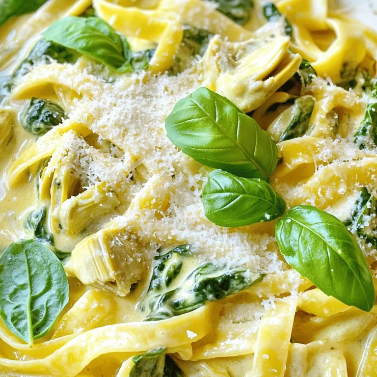 - Fettuccine pasta (8 oz) - Olive oil (1 tablespoon) - Minced garlic (2 cloves) - Artichoke hearts (1 can, 14 oz) - Fresh spinach (4 cups) - Cream cheese (1 cup, softened) - Vegetable broth (1 cup) - Grated Parmesan cheese (1/2 cup) - Red pepper flakes (1/4 teaspoon, optional) - Salt and black pepper to taste - Fresh basil for garnish For this creamy spinach artichoke pasta, fresh ingredients matter. The fettuccine adds a nice bite, while the olive oil gives a smooth texture. Minced garlic brings warmth and flavor, making the dish more inviting. Artichoke hearts are a star here. They add a unique taste that pairs well with spinach. Fresh spinach, of course, is vital. It wilts down and adds color and nutrients. Cream cheese makes the sauce rich and creamy. The vegetable broth helps thin it out, creating a perfect mix. Grated Parmesan cheese enhances flavor, adding a salty kick. Red pepper flakes can give a hint of heat, making every bite exciting. Lastly, season with salt and black pepper to balance all flavors. You can find the full recipe details above, so gather your ingredients and get ready to cook! To start, you need to boil salted water in a large pot. Once the water boils, add in your fettuccine pasta. Cook it until it is al dente, which takes about 8-10 minutes. This texture keeps your pasta firm yet tender. After cooking, drain the pasta, but remember to save about half a cup of that cooking water. This water is useful later for adjusting the sauce. Next, grab a large skillet and heat a tablespoon of olive oil over medium heat. Once the oil is hot, add your minced garlic. You want to sauté the garlic for about one minute. Keep an eye on it; you don’t want it to burn. The goal is to make your kitchen smell amazing. Now it’s time to add the fun stuff! Toss in the chopped artichoke hearts first. Let them cook for 2-3 minutes. Then, add in your fresh spinach. Stir everything together and let the spinach wilt down, which should take about 2 more minutes. Once the veggies are ready, lower the heat. Add in the softened cream cheese, stirring until it melts into the vegetables. Gradually pour in the vegetable broth while you stir. This mixture should become smooth and creamy. Finally, add your cooked fettuccine to the skillet. Toss everything together to coat the pasta well in the creamy sauce. If you find the sauce too thick, use a bit of the reserved pasta water to achieve your desired consistency. For a tasty finish, stir in some grated Parmesan cheese and, if you like, a pinch of red pepper flakes for extra kick. Season with salt and black pepper to taste. For the full recipe, you can check the earlier section. Enjoy a wholesome and tasty meal! To make the sauce creamy, add the vegetable broth slowly. This helps blend everything well. Stir it in while the cream cheese melts. If the sauce gets too thick, use the reserved pasta water to thin it out. Just a little at a time until you reach your desired creaminess. Fresh herbs can boost the taste of your dish. Adding basil or thyme will make it pop. For a touch of brightness, consider lemon zest. This simple step can bring a fresh twist to the flavors. Serving your pasta in deep bowls looks great. Drizzle a bit of olive oil on top for shine. Sprinkle extra Parmesan cheese for a nice finish, and add fresh basil to make it colorful. This not only looks appealing but also adds more flavor. For the full recipe, check the designated section. {{image_2}} You can easily boost this dish with protein. Include grilled chicken or shrimp for a hearty meal. Both options add great flavor and texture. If you're looking for a different pasta, swap fettuccine for whole wheat or gluten-free pasta. These choices keep the meal healthy while still being filling. If you want to make this dish vegan, there are simple swaps. Use cashew cream in place of cream cheese. It gives a rich texture without dairy. For a cheesy flavor, opt for nutritional yeast instead of Parmesan. This keeps the taste while meeting plant-based needs. Adding seasonal ingredients can make your meal even better. Incorporate cherry tomatoes or zucchini for freshness. These veggies add color and a burst of flavor. You can also experiment with different cheese types. Try goat cheese or feta for a new taste twist. Each variation will keep this creamy spinach artichoke pasta exciting and delicious. For the full recipe, check out the ingredients and steps provided. You should store your creamy spinach artichoke pasta in airtight containers. This helps keep the flavors fresh. It's best to eat it within 3-4 days for the best taste. Before you freeze the pasta, allow it to cool completely. Place it in freezer-friendly containers. You can keep it in the freezer for up to 2 months. Just remember to label your containers with the date. When you’re ready to eat, reheat the pasta gently on the stove. Add a splash of broth to keep it creamy. Avoid the microwave, as it can change the texture of the dish. This way, your creamy spinach artichoke pasta stays delicious! For the full recipe, check out the details above. For this creamy spinach artichoke pasta, I recommend fettuccine, penne, or rotini. Each type holds the sauce well. Fettuccine offers a flat surface, letting the sauce cling nicely. Penne's tubes trap the sauce inside, creating a delightful bite. Rotini’s spirals twist the sauce, making every forkful flavorful. Yes, you can make this dish ahead of time. Prepare each component separately. Cook the pasta and make the sauce, then store them in the fridge. Combine everything just before serving to keep it fresh and creamy. This way, you save time on busy days. To add some heat, increase the red pepper flakes. A pinch more can make a difference. You can also add crushed red pepper for an extra kick. Just be sure to taste as you go to get the right spice level. Enjoy the bold flavors! This dish is simple and delicious. We covered the key ingredients like fettuccine, artichokes, and cream cheese. You can adjust the sauce for a creamier texture and add protein for more flavor. seasonal veggies and herbs can give extra taste. Store leftovers well in the fridge or freezer for later. Enjoy making and sharing this tasty meal! It’s great for gatherings or a cozy night in. Keep it fun and experiment with flavors that you love!