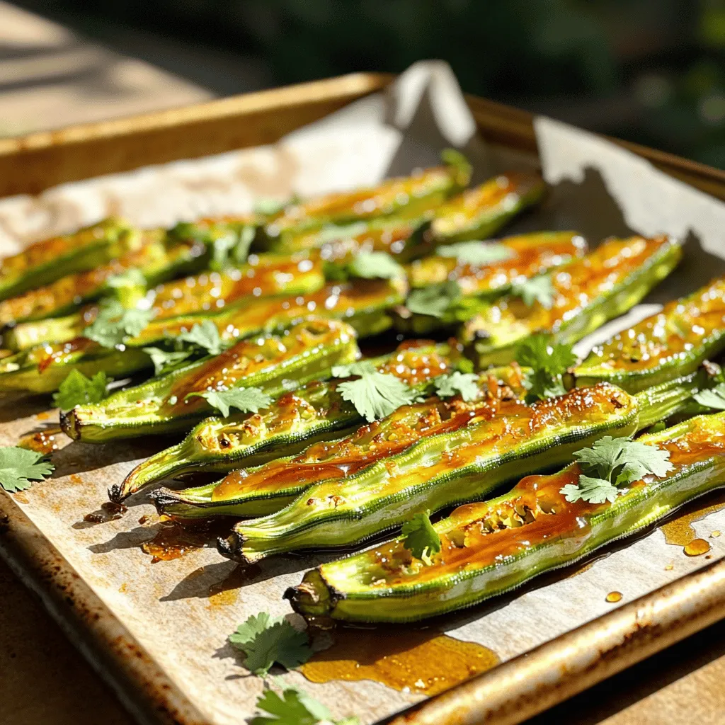 To make Honey Sriracha Roasted Okra, you need: - 1 pound fresh okra, trimmed - 2 tablespoons olive oil - 2 tablespoons honey - 1 tablespoon Sriracha sauce - 1 teaspoon garlic powder - 1 teaspoon onion powder - 1 teaspoon smoked paprika - Salt and pepper to taste - Fresh cilantro or parsley for garnish You will need a few simple tools for this dish: - Baking sheet - Parchment paper - Large mixing bowl - Whisk or spoon for mixing - Knife for trimming okra When choosing okra, look for these signs of freshness: - Bright green color: Avoid dull or brown spots. - Firm texture: Fresh okra should feel crisp, not soft. - Small pods: Smaller pods are usually more tender and tasty. Checking these details ensures you get the best okra for your Honey Sriracha Roasted Okra. For the full recipe, refer to the one provided above. First, gather all your ingredients. You need fresh okra, olive oil, honey, Sriracha sauce, garlic powder, onion powder, and smoked paprika. Don't forget salt and pepper! Preheat your oven to 425°F (220°C). Line a baking sheet with parchment paper. This helps with easy cleanup later. Next, wash the okra under cold water. Trim the ends carefully. Make sure to dry the okra completely with a towel. Dry okra will roast better and get crunchier. In a large mixing bowl, add olive oil, honey, and Sriracha. Then, sprinkle in garlic powder, onion powder, smoked paprika, salt, and pepper. Whisk them together until smooth. Now, add the okra to the bowl. Toss gently to coat each piece with the marinade. This step is key for flavor. Spread the okra on the baking sheet in a single layer. Make sure they have space. Crowded okra will steam instead of roast. Roast the okra in your preheated oven for 20-25 minutes. Stir halfway through to ensure even cooking. The okra should turn crispy and golden brown. Keep an eye on them near the end. When the okra is done, remove it from the oven. Let it cool for a bit before garnishing. Chop fresh cilantro or parsley and sprinkle it on top. This adds a nice pop of color and flavor. Serve the Honey Sriracha Roasted Okra warm. It works great as a side dish or a tasty appetizer. For more details, check the Full Recipe. Enjoy your delicious creation! For the best results, start with fresh okra. Trim the ends and wash them well. Make sure to dry them completely. Excess moisture can make them soggy. Use a baking sheet lined with parchment paper. This helps with easy cleanup and even cooking. Preheat your oven to 425°F (220°C). A hot oven gives you that nice, crispy texture. Spread the okra in a single layer. Crowding the pan can cause steaming instead of roasting. You can easily change the spice level in this dish. If you love heat, add more Sriracha. For a milder taste, cut the Sriracha in half. You can also add sweet chili sauce for flavor without too much heat. Another option is to mix in crushed red pepper flakes. Just a pinch can bring a nice kick. Don’t forget to taste your marinade before tossing the okra. This gives you a chance to adjust the spice. Honey Sriracha roasted okra pairs well with many meals. It works great alongside grilled chicken or fish. You can serve it as a side with rice or quinoa. For a fun twist, add it to tacos or wraps. The sweet and spicy flavor complements fresh greens too. Try it with a salad topped with avocado. This dish also makes a great appetizer for gatherings. Serve it with a yogurt dip or a spicy ranch for extra fun. For the full recipe, check the instructions above. {{image_2}} You can switch up the sauce to change the flavor. Here are some ideas: - Teriyaki sauce: This gives a sweet and savory taste. - BBQ sauce: It adds a smoky flavor with sweetness. - Chili garlic sauce: This packs in heat and garlic flavor. - Lemon herb sauce: A fresh twist with herbs and citrus. Each sauce brings out a new taste in the okra. So, feel free to experiment! Roasting okra with other veggies adds color and taste. Try these combinations: - Bell peppers: They add sweetness and crunch. - Zucchini: It roasts well and has a mild taste. - Carrots: Their sweetness balances the heat. - Red onion: This gives a sweet and sharp flavor. Mix and match any of these veggies. They will roast well alongside the okra. To turn this side dish into a main dish, add protein-rich foods. Here are some options: - Chickpeas: Toss in canned or cooked chickpeas for extra protein. - Quinoa: Serve the roasted okra over quinoa for a hearty meal. - Tofu: Add marinated, cubed tofu for a filling option. These additions make the dish more filling. You can enjoy it as a main course. Check out the Full Recipe for the best results! After enjoying your honey sriracha roasted okra, store any leftovers in an airtight container. Keep it in the fridge if you plan to eat it within a few days. Make sure the okra has cooled down before sealing the container. This helps to keep it fresh and tasty. When you want to enjoy your leftover roasted okra, preheat your oven to 350°F (175°C). Spread the okra on a baking sheet. Heat it for about 10-15 minutes, or until it warms up and gets crispy again. You can also use a microwave, but it may lose some crunch. If you choose the microwave, heat for 1-2 minutes at a time until warm. If you want to save your roasted okra for a longer time, freezing is a great option. Place the cooled okra on a baking sheet in a single layer. Freeze it for 1-2 hours until firm. Then, transfer the okra to a freezer-safe bag or container. This way, you can enjoy your honey sriracha roasted okra later. Just remember to label the bag with the date for easy tracking. The best way to prepare okra is to wash and trim it. Start by cutting off the tops and tails. This helps remove any bitterness. Next, pat the okra dry with a towel. Drying prevents it from getting slimy during cooking. Slice it into rounds or leave it whole, based on your recipe. For Honey Sriracha Roasted Okra, I recommend keeping them whole. This keeps them juicy and tender inside. Yes, you can use frozen okra for this recipe. Frozen okra is often pre-washed and trimmed, which saves time. However, frozen okra may have more moisture. To avoid sogginess, bake it straight from the freezer. Do not thaw it first. This will help achieve that crispy texture you want in roasted okra. You will know the okra is done roasting when it turns golden brown. It should also be crispy on the outside. Keep an eye on it during the last few minutes of cooking. Stir it halfway through to ensure even browning. Use a fork to check the texture. It should feel firm but tender inside. For the best taste, follow the [Full Recipe] closely. Roasting okra can elevate its flavor and make it a tasty dish. We discussed key ingredients, tools, and tips for selecting fresh okra. I provided step-by-step roasting instructions and garnishing ideas. We explored several tricks for perfect results and ways to tailor the spice level to your taste. I covered variations, storage tips, and answers to common questions about okra. Now you’re ready to create your own delicious roasted okra, whether as a side or a main dish. Enjoy making this fun, healthy treat!