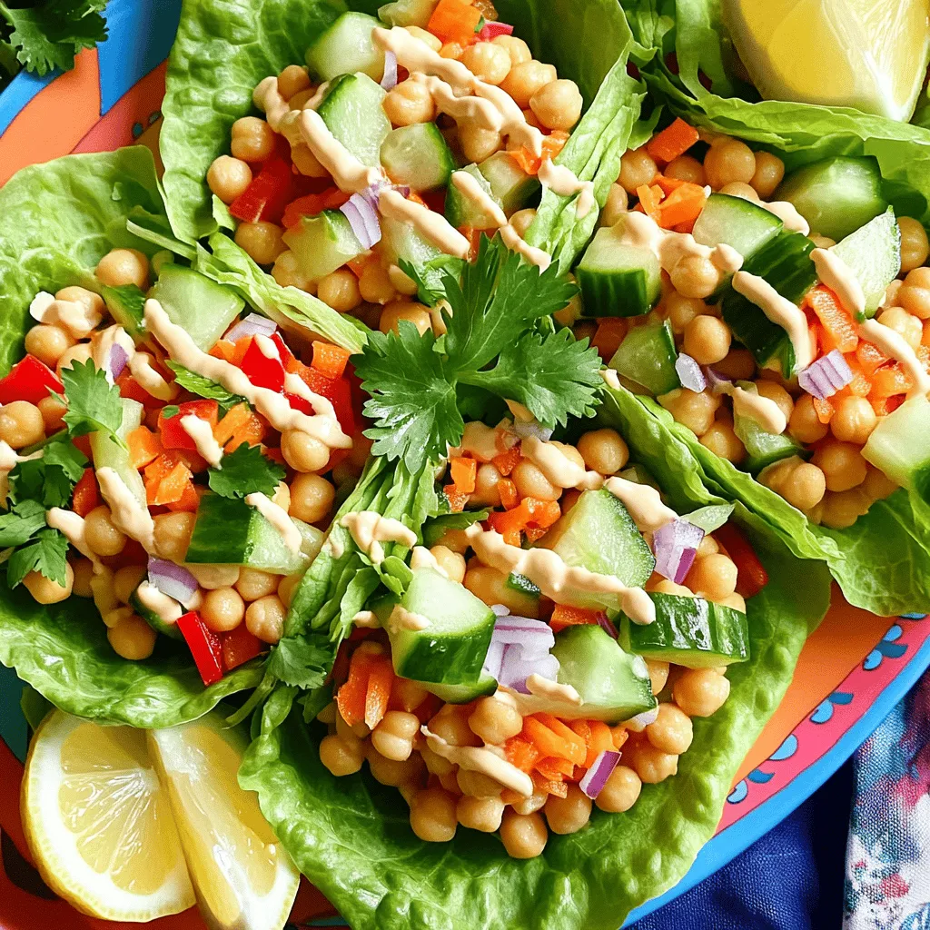 To make your easy chickpea salad wraps, you will need these key items: - 1 can (15 oz) chickpeas, drained and rinsed - 1/2 red bell pepper, diced - 1/2 cucumber, diced - 1 small red onion, finely chopped - 1 carrot, grated - 1/4 cup fresh cilantro, chopped - 3 tablespoons tahini - 2 tablespoons lemon juice - 1 tablespoon olive oil - Salt and pepper to taste - 4 large lettuce leaves or wraps (tortillas or pita) These ingredients pack flavor and nutrients, making your wraps both tasty and healthy. You can add a few items to enhance your wraps even more: - Avocado slices for creaminess - Feta cheese for a salty bite - Cherry tomatoes for extra sweetness - Spices like cumin or paprika for warmth These extras let you customize the dish to fit your taste. Here are the tools that make this recipe easy: - A large mixing bowl for combining ingredients - A fork or potato masher for mashing chickpeas - A small mixing bowl for the tahini dressing - A whisk for smooth dressing mixing - A knife and cutting board for chopping veggies Having these tools on hand will make your cooking process simple and fun! You can find the full recipe in the linked article. Start with your chickpeas. Open a can and drain them well. Rinse them under cold water. In a big bowl, use a fork or potato masher to mash the chickpeas. Leave some pieces whole for texture. This makes the wrap tasty. Next, chop your vegetables. Dice the red bell pepper and cucumber finely. Finely chop the red onion. Grate the carrot. Finally, add the fresh cilantro. Mix these veggies into the bowl with the chickpeas. Now it's time for the dressing. Grab a small bowl and add tahini. Then, squeeze in some fresh lemon juice. Drizzle in olive oil for richness. Whisk these together until smooth. If the mix feels too thick, add a tablespoon of water. This will help get the right consistency. Once smooth, pour this dressing over the chickpea mix. Stir well until everything is coated. Taste it now! You can add salt and pepper as needed. If you want more zing, add extra lemon juice. Now for the fun part: assembling the wraps. Take a large lettuce leaf or a tortilla. Place a big scoop of the chickpea mix in the center. Fold the sides over the filling. Then, roll it up from the bottom to secure everything inside. If you use a tortilla, slice it in half. If you use lettuce, you can serve it whole. Stick it with a toothpick to hold it together. Serve these wraps on a colorful platter for a nice touch. You can find the Full Recipe for more details. To mash chickpeas well, use a fork or potato masher. Mash until coarsely mixed. Leave some whole for a nice bite. This mix gives your salad wraps a great texture. If you over-mash, it may become too smooth. The balance of smooth and chunky makes it tasty. You can add or swap ingredients easily. Love spice? Toss in some diced jalapeños. Want more crunch? Try adding shredded cabbage or radishes. Each person can make their wrap just how they like it. This salad is flexible. Use different veggies or dressings to keep it fresh and exciting. These wraps work for many events. Serve them for lunch, dinner, or picnics. They are quick to prepare and easy to share. For a party, cut them into smaller pieces. Serve with dips like hummus or tzatziki. They are colorful and fun, making them a hit at any meal. Check out the Full Recipe for more details! {{image_2}} You can easily make this wrap vegan and gluten-free. The main ingredients are already plant-based and gluten-free. Use gluten-free wraps or lettuce leaves. Many wraps are made with rice flour or corn, which are great choices. If you need a creamy dressing, try a smooth avocado blend instead of tahini. This way, you keep it rich and tasty. If you want more protein, try using other legumes. Black beans or lentils work great in this wrap. They add a different flavor and texture. You can mix them with chickpeas for a hearty meal. You can also use white beans; they are soft and creamy. Just remember to rinse and drain them well before adding. Don’t be afraid to change the veggies! You can add spinach for extra greens or corn for sweetness. Diced tomatoes add juiciness, while radishes give a nice crunch. You can even mix in some shredded cabbage for a fresh twist. The key is to use what you love and what’s in season. This keeps your wraps exciting and colorful. For the full recipe, check out Chickpea Crunch Wraps. To store leftover wraps, place them in an airtight container. This helps keep them fresh. You can also wrap them in plastic wrap. Keep the wraps in the fridge for up to two days. If you have extra filling, store it separately in another container. This prevents the wraps from getting soggy. To keep your ingredients fresh, store them in a cool, dark place. For vegetables, use the crisper drawer of your fridge. This drawer keeps moisture in, which helps. If you have leftover tahini dressing, store it in a sealed jar in the fridge. It can last for about a week. Remember to give it a good shake before using. If you want to reheat the wraps, do it gently. Use a pan over low heat. This warms them without making them too soft. You can also use a microwave. Just cover them with a damp paper towel. Heat in short bursts of 15 seconds to prevent drying out. Enjoy your wraps warm for the best flavor. For the full recipe, check out the [Full Recipe]. Each wrap contains about 7 grams of fiber. Chickpeas are rich in fiber. They help keep you full and support digestion. The veggies add more fiber, too. For a healthy meal, fiber is key! Yes, you can make these wraps ahead of time. Prepare the chickpea salad a day before. Store it in an airtight container in the fridge. When ready to eat, just assemble the wraps. This saves time and gives you a tasty meal. You can use peanut butter or almond butter instead of tahini. These options add creaminess and flavor. If you want a lighter option, use plain yogurt. Each substitute will give a different taste but will still be delicious. For more ideas, check out the Full Recipe. This blog post covered making easy chickpea salad wraps. We highlighted essential and optional ingredients, along with tools needed. Then, I shared step-by-step instructions for preparing the salad, making the dressing, and assembling the wraps. You learned tips for texture, customization, and serving ideas. Variations include vegan options and alternative veggies. Lastly, I offered storage practices and answers to common questions. These wraps are fun to make and perfect for any meal. Enjoy experimenting with flavors and sharing your creations!