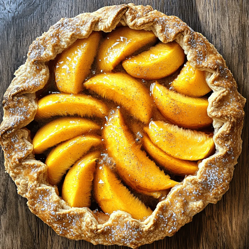 For your Simple Peach Galette, gather these ingredients: - 2 large ripe peaches, pitted and sliced - 1 tablespoon lemon juice - 1 tablespoon granulated sugar - ½ teaspoon vanilla extract - 1 pre-made pie crust (store-bought or homemade) - 1 tablespoon butter, cut into small pieces - 1 egg (for egg wash) - 1 tablespoon coarse sugar (for sprinkling) - A pinch of cinnamon (optional) If you want to switch things up, here are some easy swaps: - Use nectarines instead of peaches for a different flavor. - Swap lemon juice with lime juice for a tangy twist. - Try brown sugar instead of granulated sugar for a richer taste. - For a dairy-free option, use non-dairy butter. You will need a few simple tools to make this galette: - A mixing bowl for the peach filling - A rolling pin to roll out your pie crust - A baking sheet lined with parchment paper - A small bowl for the egg wash - A whisk or fork to mix the egg - A sharp knife for slicing the peaches Now you have everything you need to create this delightful galette! For the full recipe, follow the steps outlined in the next section. Start by preheating your oven to 400°F (200°C). This step is key for a crisp crust. A hot oven helps the galette bake evenly. Next, prepare the peach filling. In a bowl, mix sliced peaches with lemon juice, granulated sugar, and vanilla extract. If you like, add a pinch of cinnamon for warmth. Toss the mixture gently to coat the peaches. Let it sit for about 10 minutes. This helps the flavors blend well. Now, roll out your pie crust on a floured surface into a 12-inch circle. Place the crust on a parchment-lined baking sheet. Spoon the peach mixture into the center, leaving a 2-inch border. Fold the edges over the filling, creating a rustic pleat. This adds a lovely touch. Scatter small pieces of butter over the peaches for richness. In a small bowl, whisk the egg and brush it over the folded crust edges. This gives a golden color when baked. Sprinkle coarse sugar on top for added sweetness. Bake the galette for 25-30 minutes until the crust is golden brown and the peaches bubble. Once baked, let it cool for 10 minutes before slicing. Serve warm for the best taste. For extra delight, pair it with a scoop of vanilla ice cream! Enjoy this Simple Peach Galette with friends and family. For the complete recipe, check the Full Recipe section. When picking peaches, look for ripe ones. They should feel slightly soft but not mushy. Their skin should be smooth and fragrant. I prefer yellow peaches for their sweet taste. White peaches are great if you want something a bit milder. Always avoid peaches with bruises or dark spots. Fresh, local peaches taste best. If they aren’t in season, use frozen peaches as a backup. A good crust makes your galette shine. Use a pre-made pie crust for ease. If you want to make your own, keep the butter cold. This helps create flaky layers. Roll it out evenly to about 12 inches. Don’t worry about it being perfect; rustic is the style! When you fold the edges over the fruit, create pleats. This adds charm and helps keep the filling inside. Serving your peach galette warm is best. It tastes great on its own, but you can add a scoop of vanilla ice cream. The hot fruit and cold ice cream make a delightful mix. You can also drizzle honey or caramel on top for extra sweetness. Pair it with a cup of tea or coffee for a cozy treat. For the full recipe, just follow the steps above! {{image_2}} You can make this galette even better by adding more fruits. Berries like blueberries and raspberries mix well with peaches. You can also try apples for a great crunch. Just use the same method for slicing and mixing. Adjust the sugar if needed, as some fruits are sweeter than others. Feel free to experiment with fruit combinations. Each mix brings a new flavor to enjoy. Changing the spices can give your peach galette a fresh twist. You can add nutmeg for warmth or ginger for a spicy kick. Try mixing in cardamom for a unique taste. These spices can enhance the sweetness of the peaches. Just a pinch is enough to notice the change. Don't be afraid to play around until you find your favorite blend. To make this galette gluten-free, swap the pie crust with a gluten-free option. You can find ready-made crusts or use a blend of gluten-free flours. Almond flour works well for a nutty taste. Just follow the same steps in the Full Recipe. Your gluten-free galette will still be delicious and satisfying. Enjoy it just like the original! To store your leftover galette, let it cool first. Then, cover it with plastic wrap or foil. Place it in the fridge. This keeps it fresh for about three days. If you want to keep it longer, freezing is a great option. When you want to enjoy your galette again, preheat your oven to 350°F (175°C). Place the galette on a baking sheet. Heat it for about 10 to 15 minutes. This warms it up and keeps the crust crisp. You can also use a microwave, but the crust won’t stay crunchy. To freeze the galette, wrap it tightly in plastic wrap. Then, place it in a freezer bag. This helps prevent freezer burn. You can freeze it for up to three months. When you’re ready to eat it, let it thaw in the fridge overnight. Then, reheat it in the oven for the best taste. You’ll love that fresh taste again! For the full recipe, check out the Simple Peach Galette. You can tell your peach galette is done when the crust turns golden brown. The peach juices should bubble up around the edges. The galette usually takes about 25-30 minutes at 400°F (200°C). Keep an eye on it in the last few minutes of baking. Yes, you can use frozen peaches. Just make sure to thaw them first. Drain any extra liquid to avoid a soggy crust. Frozen peaches can be just as tasty, especially when fresh peaches are out of season. Peach galette pairs well with many items. You can serve it warm with vanilla ice cream. Whipped cream also adds a nice touch. A sprinkle of fresh mint can make it look pretty and add flavor. No, a peach galette is not the same as a pie. Galettes have a free-form design and do not require a pie pan. The crust is folded over the filling, giving it a rustic look. Pies usually have a top crust and are more structured. Yes, you can make the galette ahead of time. You can prepare the filling and crust separately. Assemble and bake it when you’re ready to serve. For the best taste, enjoy it fresh out of the oven. You can find the Full Recipe for more details. We covered how to make a simple peach galette. You learned about key ingredients and tools. I shared tips for perfecting your crust and choosing the best peaches. We explored fun variations like adding other fruits or making it gluten-free. Remember to store leftovers properly for later enjoyment. Making a peach galette is easy and tasty. You can adapt it with what you have. Enjoy baking and sharing your delicious creation!
