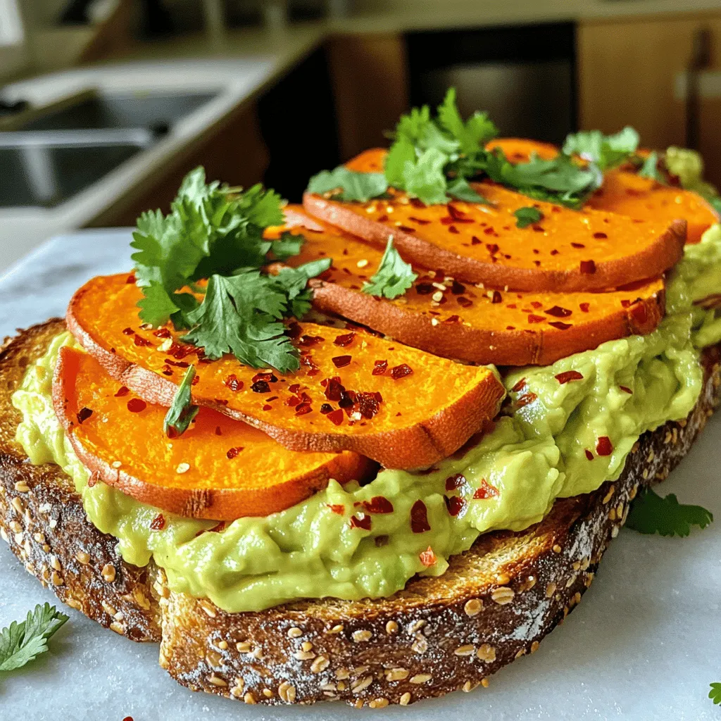 To make Sweet Potato Avocado Toast, you will need: - 1 large sweet potato - 2 ripe avocados - 1 tablespoon olive oil - Salt and pepper to taste - 1 teaspoon chili flakes (optional) - 2 tablespoons lemon juice - Fresh cilantro or parsley, for garnish - Whole grain or sourdough bread (2 slices) Sweet potatoes are packed with vitamins. They are high in fiber and low in fat. This makes them great for digestive health. Avocados are also nutrient-rich. They contain healthy fats that help your heart. They provide vitamins C, E, and K, which are good for skin health. Olive oil adds more healthy fats and brings flavor. It can help reduce inflammation too. Lemon juice adds a fresh taste and vitamin C. Fresh herbs like cilantro or parsley add flavor and nutrients. If you don’t have sweet potatoes, regular potatoes work well. You can also use pumpkin or butternut squash. If you want a creamier spread, try Greek yogurt instead of avocado. If you need a gluten-free option, use gluten-free bread. For those who like spice, you can add jalapeños in place of chili flakes. The goal is to enjoy your meal while fitting your taste and needs. For the complete recipe, check the Full Recipe here! Start by preheating your oven to 400°F (200°C). This step is key. Wash one large sweet potato well. Then, peel it and slice it into ½-inch thick rounds. You want even slices for even cooking. Place these slices on a baking sheet. Drizzle them with 1 tablespoon of olive oil. Add salt and pepper to taste. Toss the slices gently so they are well coated. Spread them out evenly on the sheet. Roast the sweet potato for about 20-25 minutes. Flip them halfway through. They should become tender and slightly caramelized. While the sweet potatoes roast, take two ripe avocados. Cut them in half and remove the pits. Scoop the green flesh into a bowl. Use a fork to mash the avocado. Add 2 tablespoons of lemon juice for flavor. Season with salt, pepper, and chili flakes if you like spice. Mix until everything is combined but still chunky. This will create a creamy topping for your toast. Next, take two slices of whole grain or sourdough bread. Toast them to your preferred level of crispiness. I like to use a toaster or a grill for that nice crunch. Once your sweet potatoes are done roasting, it’s time to assemble your toast. Start with a layer of the mashed avocado on each slice of bread. Then, add a few sweet potato slices on top. Finish with fresh cilantro or parsley for garnish. You can even add more chili flakes if you want a little kick. Enjoy! When picking avocados, look for ones that feel slightly soft. Press gently near the stem. If it gives a little, it's ripe. Avoid any that are too mushy or have dark spots. You want bright green flesh inside. If you find hard avocados, buy them and let them ripen at room temperature. They will be ready in a few days. To get crispy sweet potato slices, slice them evenly, about ½ inch thick. This helps them cook at the same rate. Toss them in olive oil, salt, and pepper to coat. Spread them out on the baking sheet without crowding. When they roast in the oven, the heat will help them crisp up nicely. Flip them halfway for even cooking and browning. For the best toast, use whole grain or sourdough bread. Both options have great flavor and texture. I like to toast them until they are golden brown. This adds crunch and holds the toppings well. You can use a toaster or a skillet for toasting. If using a skillet, heat it on medium and toast each side for a minute or two. With these tips, your Sweet Potato Avocado Toast will turn out perfect every time. For the full recipe, check out the detailed instructions above. {{image_2}} You can make this sweet potato avocado toast vegan by simply sticking to the base recipe. All the ingredients listed are plant-based. Use fresh herbs for extra flavor. Try adding nutritional yeast for a cheesy taste without dairy. You can also top it with slices of radish or cucumber for crunch. If you need a gluten-free option, choose gluten-free bread. Many brands offer tasty choices made from rice, almond, or coconut flour. You can also use sweet potato rounds as the base instead of bread. Just slice the sweet potato into thicker rounds and roast them. They make a great gluten-free base. Mix things up by adding different toppings. Here are some tasty ideas: - Sliced tomatoes give a fresh burst. - Feta cheese adds creaminess and a salty bite. - Balsamic glaze brings a sweet tang. - Smoked paprika adds a smoky kick. - Sriracha gives heat for spice lovers. Feel free to experiment with these flavors. Each combo brings a new twist to your sweet potato avocado toast. For the full recipe, click here! To keep your Sweet Potato Avocado Toast fresh, store the leftovers in an airtight container. Place the sweet potato slices and avocado mixture in separate containers. This keeps the toast from getting soggy. You can store them in the fridge for up to three days. If you want to keep the bread fresh, wrap it in foil or plastic wrap. When you're ready to enjoy your leftovers, reheat the sweet potato slices in the oven. Preheat your oven to 350°F (175°C). Place the sweet potato slices on a baking sheet and heat for about 10 minutes. This way, they stay crispy. You can also toast the bread again to make it crunchy. You can freeze the sweet potato slices, but avoid freezing avocado. It does not thaw well. To freeze sweet potatoes, let them cool completely. Place them in a freezer bag. They will last for up to three months in the freezer. When you’re ready to eat them, thaw overnight in the fridge and reheat as mentioned before. For the best taste, prepare the avocado fresh each time. You can find the Full Recipe for more details. Yes, you can use regular potatoes. They will change the flavor and texture. Sweet potatoes add a rich sweetness and creaminess. Regular potatoes are more starchy and less sweet. If you choose regular potatoes, try adding spices for extra flavor. There are many great toppings for sweet potato avocado toast! Here are a few ideas: - Sliced radishes for crunch - Cherry tomatoes for freshness - Feta cheese for saltiness - Poached eggs for protein - Nuts for a nice crunch These toppings add different tastes and textures to your meal. To make this recipe meal prep-friendly, you can do a few simple things: - Roast extra sweet potato slices to use later. - Mash the avocado just before serving to keep it fresh. - Prepare toppings in advance and store them separately. This way, you can enjoy quick and easy meals throughout the week! For the full recipe, check out the Sweet Potato Avocado Toast section. This blog post covered key ingredients and their benefits, plus simple steps to make your dish. You learned how to prep sweet potatoes and create a tasty avocado mix. I shared tips on choosing ripe avocados and making crispy slices. As you try variations, remember to explore vegan and gluten-free options. Store leftovers well to keep them fresh. With these insights, you’re ready to enjoy a healthy meal anytime. Happy cooking!