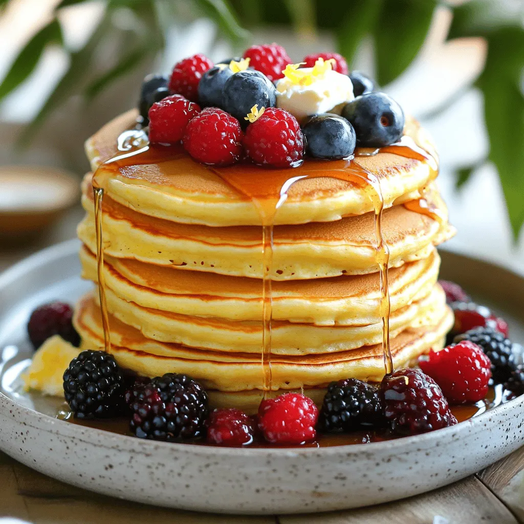 To make tasty lemon ricotta pancakes, gather these simple ingredients: - 1 cup ricotta cheese - 1 cup all-purpose flour - 1 tablespoon baking powder - 1/4 teaspoon salt - 1 tablespoon sugar - 3 large eggs - 1/2 cup milk (or buttermilk for extra fluffiness) - Zest of 1 lemon - 1 tablespoon lemon juice - 1/2 teaspoon vanilla extract - Butter or oil for cooking - Maple syrup and fresh berries for serving These ingredients bring together rich flavors and a fluffy texture. Ricotta cheese adds a creamy touch, while lemon zest provides a bright, fresh flavor. Each component plays a key role in creating the perfect pancake. Make sure to use fresh lemon juice and zest. Fresh ingredients enhance the taste. If you want fluffier pancakes, try using buttermilk instead of regular milk. The acidity in buttermilk helps create a lighter texture. When you combine these ingredients, you create a delightful mix. This mix will turn into pancakes that are both fluffy and flavorful. For a full guide on how to make these pancakes, refer to the Full Recipe provided earlier. Start by mixing your wet ingredients. In a bowl, combine 1 cup of ricotta cheese, 1/2 cup of milk, the zest of 1 lemon, 1 tablespoon of lemon juice, and 1/2 teaspoon of vanilla extract. Whisk until smooth. This mixture gives the pancakes their creamy texture and bright flavor. Next, combine your dry ingredients. In another bowl, mix 1 cup of all-purpose flour, 1 tablespoon of baking powder, 1/4 teaspoon of salt, and 1 tablespoon of sugar. Stir them together to ensure they blend well. Now, separate the egg yolks from the whites. Add the yolks to the ricotta mixture and stir well. Slowly fold the dry mix into the wet mixture. Be gentle; a few lumps are okay. Overmixing will make the pancakes tough. To achieve stiff peaks, start with clean, dry beaters. Place the egg whites in a bowl and beat them until they form stiff peaks. This step adds air to the batter, making the pancakes fluffy. Once the egg whites are ready, gently fold them into the batter. Use a spatula and be careful not to deflate the mixture. You want to keep that airy quality. Preheat your skillet over medium heat. Lightly grease it with butter or oil to prevent sticking. Pour about 1/4 cup of batter onto the skillet for each pancake. Cook until bubbles form on the surface and the edges look set, which takes about 2-3 minutes. When ready, flip the pancakes and cook for another 2-3 minutes until golden brown. Remove them and keep warm while cooking the rest. Enjoy these fluffy lemon ricotta pancakes with maple syrup and fresh berries. For the full recipe, refer back to the ingredients and instructions provided. To get fluffy pancakes, you must not overmix the batter. When you mix, some lumps are okay. Overmixing makes the pancakes dense and chewy. The key is to gently fold the dry ingredients into the wet mixture. Whipping egg whites correctly is crucial for fluffiness. Start with a clean, dry bowl. Beat the egg whites until they form stiff peaks. This means when you pull out the whisk, the peaks stand straight up. Gently fold the whipped egg whites into the batter. This step adds air and makes the pancakes rise. You can add spices or extracts for extra flavor. A pinch of cinnamon or nutmeg works well. Vanilla extract gives a nice aroma. For a twist, try using orange or lime zest instead of lemon. This can change the flavor while keeping the pancakes bright. Seasonal adaptations can also enhance the taste. In summer, add fresh blueberries or strawberries to the batter. In winter, try spices like ginger or cloves. These small changes can make your pancakes unique. Choosing the right skillet or griddle matters. A non-stick skillet is best for easy flipping. Cast iron skillets also work well for even heat. Make sure it is hot before you pour the batter. You can also bake pancakes in the oven. Pour the batter into a greased baking dish. Bake at 350°F for about 15-20 minutes. This method is great for cooking a large batch at once. For the complete method and proportions, check out the Full Recipe. {{image_2}} You can make Lemon Ricotta Pancakes healthier with a few simple swaps. - Flour: Try using almond flour or whole wheat flour instead of all-purpose flour. These options add fiber and nutrients. They also change the taste and texture, making them a bit nutty and heartier. - Sweeteners: Use low-calorie sweeteners like stevia or monk fruit. These swaps cut down on sugar while still keeping the taste sweet. Just remember to adjust the amount since some sweeteners are much sweeter than sugar. Mix things up with fun flavors in your pancakes. - Berries: Add fresh or frozen berries to the batter. Blueberries, raspberries, or strawberries work great. They add sweetness and a pop of color. - Zest Options: You can also change the zest. Use orange or lime zest for a different citrus twist. Each adds a unique flavor that brightens up your pancakes. Think beyond syrup for serving your pancakes. - Toppings: Instead of just syrup, try yogurt or fruit compote. Greek yogurt adds creaminess and protein. Compote can bring extra sweetness and fruitiness. - Sides: Pair your pancakes with eggs or bacon for a full breakfast. This makes your meal more balanced and filling. You can also serve them with a side of fresh fruit for a refreshing touch. For the full recipe, check out the complete guide to making these fluffy delights. To keep your lemon ricotta pancakes fresh, store them in the fridge. Use an airtight container to prevent them from drying out. Place parchment paper between pancakes to keep them from sticking together. They will last for about three days in the refrigerator. If you want to enjoy them later, freezing is a great option. Freezing pancakes is simple. Start by letting them cool completely. Then, stack the pancakes with parchment paper in between each one. Wrap the stack tightly in plastic wrap or foil. Place the wrapped stack in a freezer bag. Make sure to squeeze out any air for best results. They can last up to two months in the freezer. When you are ready to eat, reheat them for optimal texture. You can use a toaster or a microwave. If using the microwave, heat on low power for about 20 to 30 seconds. If you prefer a crispy texture, use a skillet over medium heat. Just a couple of minutes on each side will do. Enjoy your pancakes warm! Yes, you can prepare these pancakes ahead of time. You have two options. First, you can mix the batter and store it in the fridge. Just make sure to cover it well. It can stay fresh for up to 24 hours. When you are ready to cook, give it a quick stir. Second, you can cook the pancakes in advance. After cooking, let them cool on a wire rack. Then, place them in an airtight container. They will last for about three days in the fridge. You can reheat them in a toaster or in a microwave. They will still taste great! Serving these pancakes is fun and easy! I love to stack them high. Use a drizzle of warm maple syrup on top. Fresh berries add color and flavor. You can use strawberries, blueberries, or raspberries. A sprinkle of powdered sugar makes it look fancy. For a creamier touch, add a dollop of whipped cream or yogurt. This adds a nice balance to the lemon flavor. You can also serve them with a side of crispy bacon or sausage for a full breakfast experience. Yes, you can substitute ricotta cheese! Cream cheese is a popular choice. It makes the pancakes rich and creamy. Just soften it first for easy mixing. Cottage cheese is another option. It adds a different texture, but it works well. If you want a dairy-free option, try using silken tofu. Blend it until smooth for the best results. Just know that each cheese will change the flavor a bit. But they will still be delicious! For the full recipe, check out the detailed instructions above. Lemon ricotta pancakes are light and fluffy, perfect for any meal. We covered ingredients, step-by-step instructions, and tips for success. Don't forget to experiment with flavors and toppings to suit your taste. Store leftovers properly for a tasty treat later. Whether you serve them for breakfast or brunch, these pancakes will delight anyone. Enjoy making them and savor each bite.