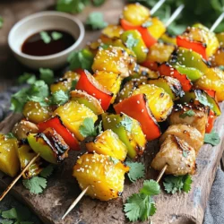 To make Pineapple Teriyaki Chicken Skewers, you need simple and fresh ingredients. Here’s what to gather: - 1 lb chicken breast, cut into 1-inch pieces - 1 cup fresh pineapple, cut into 1-inch cubes - 1 bell pepper (red or yellow), cut into 1-inch pieces - 1 red onion, cut into wedges These main ingredients shine together. The chicken provides protein. The pineapple adds sweetness and a tropical touch. The bell pepper and onion bring color and crunch. The right seasonings make a big difference. Here’s what you need for the marinade: - 1/4 cup soy sauce - 1/4 cup teriyaki sauce - 2 tablespoons honey - 1 tablespoon sesame oil - 2 cloves garlic, minced - 1 teaspoon fresh ginger, grated - Salt and pepper to taste This mix gives the skewers a sweet and savory flavor. The garlic and ginger add depth. Honey balances the salty notes of soy sauce. Choosing the right skewers is key. You can use metal or wooden skewers. If you use wooden skewers, soak them in water for 30 minutes. This prevents them from burning on the grill. When preparing your skewers, keep these tips in mind: - Cut all ingredients into similar sizes for even cooking. - Alternate chicken, pineapple, bell pepper, and onion on the skewer. - Don’t pack the ingredients too tight; they need space to cook. Following these tips ensures your skewers cook evenly and look great on the plate. For the full recipe, you can check out the instructions to make these delicious skewers. To start, you need to mix the marinade. In a medium bowl, combine the soy sauce, teriyaki sauce, honey, sesame oil, minced garlic, grated ginger, salt, and pepper. This mix adds great flavor to the chicken. Then, add the chicken pieces. Make sure all pieces are coated well. Cover the bowl and place it in the fridge. Let it marinate for at least 30 minutes. If you have time, let it sit for up to 2 hours. This will deepen the flavors. If you use wooden skewers, soak them in water for 30 minutes. This step helps prevent burning on the grill. While they soak, preheat your grill to medium-high heat. Now it's time to assemble the skewers. Take the marinated chicken and alternate threading it with pineapple cubes, bell pepper pieces, and onion wedges. This mix gives color and taste. Keep going until all ingredients are used. Place the assembled skewers on the grill. Cook them for about 10 to 12 minutes. Make sure to turn them occasionally. This ensures even cooking and nice grill marks. Use a meat thermometer to check the chicken. The internal temperature should reach 165°F (75°C). In the last few minutes, brush any leftover marinade on the skewers. This adds a tasty glaze. Once cooked, take them off the grill. Let them rest for a few minutes before serving warm. Check out the Full Recipe for more details! Marinating chicken adds flavor and keeps it moist. Start by mixing soy sauce, teriyaki sauce, honey, sesame oil, garlic, ginger, salt, and pepper in a bowl. Make sure the chicken pieces are well coated in this mix. Cover it and place it in the fridge. I recommend marinating for at least 30 minutes. If you have more time, let it sit for up to 2 hours for extra flavor. To get those nice grill marks, preheat your grill or grill pan on medium-high heat. When the grill is hot, place the skewers on it. Do not move them right away; let them cook for about 4-5 minutes. This allows the chicken to sear. Then, turn the skewers 90 degrees to make those perfect cross-hatch marks. Cook for another 4-5 minutes before flipping them over. Repeat this process to both sides. Presentation matters! Serve the skewers on a large platter. For a pop of color, sprinkle fresh cilantro or sesame seeds on top. You can also add a small bowl of extra teriyaki sauce for dipping. This not only looks great but also adds more flavor for your guests. Enjoy your Pineapple Teriyaki Chicken Skewers with friends and family! For the complete recipe, check the [Full Recipe]. {{image_2}} You can mix up your skewers by using different proteins. Shrimp adds a sweet flavor that pairs well with pineapple. Tofu is great for a plant-based option. You can also try beef or pork for a heartier taste. For vegetables, you can swap bell peppers for zucchini or cherry tomatoes. Mushrooms bring a nice earthy flavor, while asparagus adds a fresh crunch. While the teriyaki marinade is tasty, you can try other flavors. A honey-sriracha mix gives a sweet and spicy kick. A citrus marinade with lime juice and zest brightens the dish. You could also use a ginger-soy blend for a more traditional taste. Experiment with different herbs like basil or cilantro to find your favorite. These skewers shine with simple sides. Serve them with fluffy rice or quinoa to soak up the sauce. A fresh salad with cucumbers and carrots adds crunch. Grilled corn on the cob is a fun addition for summer meals. You can also serve the skewers with a side of grilled vegetables for a colorful plate. For a special touch, drizzle extra teriyaki sauce over the sides. This enhances the flavors and makes your meal feel gourmet. Check out the Full Recipe for more ideas! After enjoying your Pineapple Teriyaki Chicken Skewers, it’s smart to store leftovers. Place the skewers in an airtight container. This keeps them fresh and tasty. You can store them in the fridge for up to three days. Make sure to let them cool down first. This step helps prevent moisture buildup. To reheat your skewers, there are a few easy ways. You can use a microwave, oven, or grill. For the microwave, place the skewers on a plate and cover them with a damp paper towel. Heat for 1-2 minutes, checking often to avoid overcooking. If you prefer the oven, preheat it to 350°F (175°C). Place the skewers on a baking sheet and heat for about 10 minutes. For grilling, heat your grill to medium heat and warm the skewers for about 5 minutes, turning them once. If you want to save these skewers for later, freezing works well. Allow the cooked skewers to cool completely. Then, wrap each one tightly in plastic wrap. Place the wrapped skewers in a freezer-safe bag or container. They can last up to three months in the freezer. When you’re ready to eat, thaw them in the fridge overnight. Then, reheat as mentioned above for the best flavor. For the full recipe, check the original cooking guide. Yes, you can use chicken thighs. They are juicier and more flavorful. Chicken thighs work well in this dish. They add a nice texture and taste. Just cut them into 1-inch pieces like the breasts. You should marinate the chicken for at least 30 minutes. This allows the flavors to soak in well. For even better taste, you can marinate for up to 2 hours. Just avoid longer times, as the chicken may become too salty. You can serve rice or quinoa for a filling meal. Steamed broccoli or a fresh salad also works great. Try adding some grilled veggies for extra color and taste. For a fun touch, serve with extra teriyaki sauce for dipping. Check the Full Recipe for more ideas! In this blog post, we covered how to make Pineapple Teriyaki Chicken Skewers. We discussed the main ingredients and essential seasonings. You learned step-by-step how to marinate the chicken and grill it perfectly. We also shared tips for marinade, grilling, and serving suggestions. These skewers offer great flavor and creativity in your cooking. Enjoy experimenting with different ingredients and variations. Remember, practice makes perfect, so keep grilling!