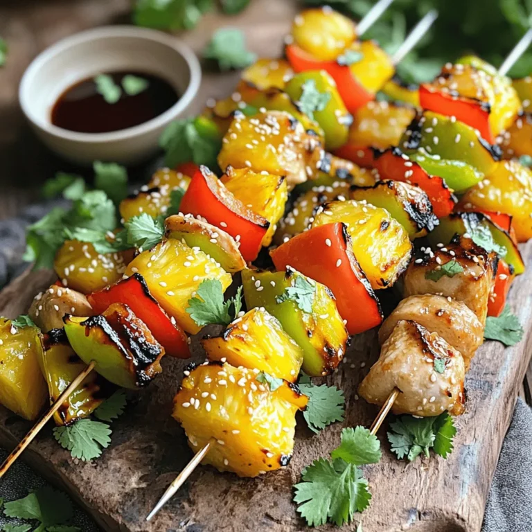 To make Pineapple Teriyaki Chicken Skewers, you need simple and fresh ingredients. Here’s what to gather: - 1 lb chicken breast, cut into 1-inch pieces - 1 cup fresh pineapple, cut into 1-inch cubes - 1 bell pepper (red or yellow), cut into 1-inch pieces - 1 red onion, cut into wedges These main ingredients shine together. The chicken provides protein. The pineapple adds sweetness and a tropical touch. The bell pepper and onion bring color and crunch. The right seasonings make a big difference. Here’s what you need for the marinade: - 1/4 cup soy sauce - 1/4 cup teriyaki sauce - 2 tablespoons honey - 1 tablespoon sesame oil - 2 cloves garlic, minced - 1 teaspoon fresh ginger, grated - Salt and pepper to taste This mix gives the skewers a sweet and savory flavor. The garlic and ginger add depth. Honey balances the salty notes of soy sauce. Choosing the right skewers is key. You can use metal or wooden skewers. If you use wooden skewers, soak them in water for 30 minutes. This prevents them from burning on the grill. When preparing your skewers, keep these tips in mind: - Cut all ingredients into similar sizes for even cooking. - Alternate chicken, pineapple, bell pepper, and onion on the skewer. - Don’t pack the ingredients too tight; they need space to cook. Following these tips ensures your skewers cook evenly and look great on the plate. For the full recipe, you can check out the instructions to make these delicious skewers. To start, you need to mix the marinade. In a medium bowl, combine the soy sauce, teriyaki sauce, honey, sesame oil, minced garlic, grated ginger, salt, and pepper. This mix adds great flavor to the chicken. Then, add the chicken pieces. Make sure all pieces are coated well. Cover the bowl and place it in the fridge. Let it marinate for at least 30 minutes. If you have time, let it sit for up to 2 hours. This will deepen the flavors. If you use wooden skewers, soak them in water for 30 minutes. This step helps prevent burning on the grill. While they soak, preheat your grill to medium-high heat. Now it's time to assemble the skewers. Take the marinated chicken and alternate threading it with pineapple cubes, bell pepper pieces, and onion wedges. This mix gives color and taste. Keep going until all ingredients are used. Place the assembled skewers on the grill. Cook them for about 10 to 12 minutes. Make sure to turn them occasionally. This ensures even cooking and nice grill marks. Use a meat thermometer to check the chicken. The internal temperature should reach 165°F (75°C). In the last few minutes, brush any leftover marinade on the skewers. This adds a tasty glaze. Once cooked, take them off the grill. Let them rest for a few minutes before serving warm. Check out the Full Recipe for more details! Marinating chicken adds flavor and keeps it moist. Start by mixing soy sauce, teriyaki sauce, honey, sesame oil, garlic, ginger, salt, and pepper in a bowl. Make sure the chicken pieces are well coated in this mix. Cover it and place it in the fridge. I recommend marinating for at least 30 minutes. If you have more time, let it sit for up to 2 hours for extra flavor. To get those nice grill marks, preheat your grill or grill pan on medium-high heat. When the grill is hot, place the skewers on it. Do not move them right away; let them cook for about 4-5 minutes. This allows the chicken to sear. Then, turn the skewers 90 degrees to make those perfect cross-hatch marks. Cook for another 4-5 minutes before flipping them over. Repeat this process to both sides. Presentation matters! Serve the skewers on a large platter. For a pop of color, sprinkle fresh cilantro or sesame seeds on top. You can also add a small bowl of extra teriyaki sauce for dipping. This not only looks great but also adds more flavor for your guests. Enjoy your Pineapple Teriyaki Chicken Skewers with friends and family! For the complete recipe, check the [Full Recipe]. {{image_2}} You can mix up your skewers by using different proteins. Shrimp adds a sweet flavor that pairs well with pineapple. Tofu is great for a plant-based option. You can also try beef or pork for a heartier taste. For vegetables, you can swap bell peppers for zucchini or cherry tomatoes. Mushrooms bring a nice earthy flavor, while asparagus adds a fresh crunch. While the teriyaki marinade is tasty, you can try other flavors. A honey-sriracha mix gives a sweet and spicy kick. A citrus marinade with lime juice and zest brightens the dish. You could also use a ginger-soy blend for a more traditional taste. Experiment with different herbs like basil or cilantro to find your favorite. These skewers shine with simple sides. Serve them with fluffy rice or quinoa to soak up the sauce. A fresh salad with cucumbers and carrots adds crunch. Grilled corn on the cob is a fun addition for summer meals. You can also serve the skewers with a side of grilled vegetables for a colorful plate. For a special touch, drizzle extra teriyaki sauce over the sides. This enhances the flavors and makes your meal feel gourmet. Check out the Full Recipe for more ideas! After enjoying your Pineapple Teriyaki Chicken Skewers, it’s smart to store leftovers. Place the skewers in an airtight container. This keeps them fresh and tasty. You can store them in the fridge for up to three days. Make sure to let them cool down first. This step helps prevent moisture buildup. To reheat your skewers, there are a few easy ways. You can use a microwave, oven, or grill. For the microwave, place the skewers on a plate and cover them with a damp paper towel. Heat for 1-2 minutes, checking often to avoid overcooking. If you prefer the oven, preheat it to 350°F (175°C). Place the skewers on a baking sheet and heat for about 10 minutes. For grilling, heat your grill to medium heat and warm the skewers for about 5 minutes, turning them once. If you want to save these skewers for later, freezing works well. Allow the cooked skewers to cool completely. Then, wrap each one tightly in plastic wrap. Place the wrapped skewers in a freezer-safe bag or container. They can last up to three months in the freezer. When you’re ready to eat, thaw them in the fridge overnight. Then, reheat as mentioned above for the best flavor. For the full recipe, check the original cooking guide. Yes, you can use chicken thighs. They are juicier and more flavorful. Chicken thighs work well in this dish. They add a nice texture and taste. Just cut them into 1-inch pieces like the breasts. You should marinate the chicken for at least 30 minutes. This allows the flavors to soak in well. For even better taste, you can marinate for up to 2 hours. Just avoid longer times, as the chicken may become too salty. You can serve rice or quinoa for a filling meal. Steamed broccoli or a fresh salad also works great. Try adding some grilled veggies for extra color and taste. For a fun touch, serve with extra teriyaki sauce for dipping. Check the Full Recipe for more ideas! In this blog post, we covered how to make Pineapple Teriyaki Chicken Skewers. We discussed the main ingredients and essential seasonings. You learned step-by-step how to marinate the chicken and grill it perfectly. We also shared tips for marinade, grilling, and serving suggestions. These skewers offer great flavor and creativity in your cooking. Enjoy experimenting with different ingredients and variations. Remember, practice makes perfect, so keep grilling!