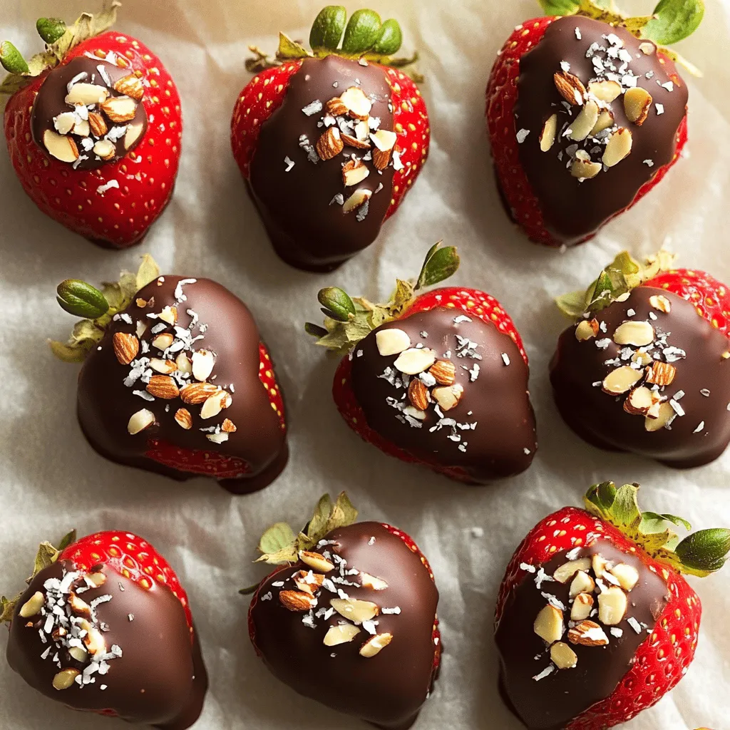 Let's dive into the ingredients you'll need for these chocolate-covered strawberry bites. They are simple yet delicious. Here’s the list: - 1 pound fresh strawberries, stems removed - 1 cup dark chocolate chips (or semi-sweet for a sweeter taste) - 1 tablespoon coconut oil (optional) - 1/2 cup crushed nuts (optional) - 1/4 cup shredded coconut (optional) - Sea salt for sprinkling (optional) These ingredients make the perfect combination for a sweet treat. Fresh strawberries bring a juicy burst of flavor. Dark chocolate adds a rich taste that pairs well with fruit. If you want a smoother chocolate, coconut oil is your friend. You can also customize your bites with nuts or coconut for extra crunch. A sprinkle of sea salt can elevate the sweetness, making each bite even better. When you gather these ingredients, you set the stage for a fun and tasty project. The best part? You can easily find these items at your local store. For the full recipe, check out the complete details on how to create these delightful treats. - Rinse strawberries and pat dry. This keeps the chocolate from sliding off. - Prepare baking sheet with parchment paper. This helps with easy cleanup. - Combine chocolate chips and coconut oil in a microwave-safe bowl. Coconut oil makes the chocolate smooth. - Microwave and stir until smooth. Start with 30 seconds, then stir. Repeat until melted. - Dip strawberries in melted chocolate. Let excess chocolate drip off. - Place on baking sheet and add toppings. Try nuts, coconut, or sea salt. - Refrigerate until chocolate hardens. This takes about 30 minutes. For the full recipe, check the section above. Enjoy your tasty treats! To get the best chocolate-covered strawberries, you must dry your strawberries well. Any water left on them can make the chocolate slide right off. After washing them, pat them dry with a paper towel until no water remains. Choosing the right type of chocolate is also key. Dark chocolate gives a nice deep flavor, while semi-sweet chocolate offers a sweeter taste. You can even try milk chocolate for a creamier bite. Each type adds a unique twist to your treat. For smoother chocolate, I suggest adding a little coconut oil. This helps the chocolate melt evenly and makes it easier to coat the strawberries. Just mix one tablespoon of coconut oil with your chocolate chips before melting. Avoid overheating chocolate, as it can burn quickly. Use a microwave-safe bowl and heat the chocolate in 30-second intervals. Stir in between each interval until it’s fully melted. This keeps your chocolate velvety and perfect for dipping. You can take your chocolate-covered strawberries to the next level with toppings. Try crushed nuts, like almonds or hazelnuts, for a crunchy texture. Shredded coconut adds a tropical twist, while a sprinkle of sea salt can balance the sweetness nicely. Experiment with fillings too! Adding a touch of cream cheese or whipped cream inside the strawberries creates a delightful surprise. Each bite will burst with flavor, making your treat even more exciting. {{image_2}} You can choose from dark, milk, or white chocolate. Dark chocolate has a rich taste. Milk chocolate is sweeter and creamier. White chocolate adds a nice light flavor. You can also try flavored chocolate. Think of options like raspberry or orange. These choices can give your bites a fun twist. For toppings, you can use crushed nuts, shredded coconut, or colorful sprinkles. Nuts add crunch and flavor. Coconut gives a tropical taste. Sprinkles make your bites look festive. If you want something special, try caramel or toffee. Drizzling these on top can make your treats even more exciting. Get creative with stuffed strawberries. You can fill them with cheese or whipped cream. Cheese adds a savory touch, while whipped cream is sweet and fluffy. For a burst of flavor, use infusions like vanilla or almond. These fillings can make each bite a surprise. Check out the Full Recipe for more ideas! To keep your chocolate-covered strawberries fresh, use an airtight container. This helps prevent moisture and keeps them from getting mushy. Layer the strawberries carefully with parchment paper between them. This method avoids sticking. Store the container in the refrigerator. A cool, dry place is best for keeping them fresh. You can store chocolate-covered strawberries for about 2 to 3 days in the fridge. After that, they may start to lose flavor and texture. Watch for signs of spoilage, like a slimy feel or discoloration. If they smell bad or look moldy, it's time to toss them. Freezing is a great way to save extras. To freeze chocolate-covered strawberries, place them on a baking sheet. Make sure they are spaced out. Freeze until solid, then transfer them to a freezer bag. This keeps them from clumping together. When you’re ready to eat, take them out and let them thaw in the fridge for the best texture. Enjoy them cold for a refreshing treat! To make chocolate-covered strawberries, follow these simple steps: 1. Rinse the strawberries under cool water, then pat them dry. Make sure they are completely dry. 2. In a microwave-safe bowl, add dark chocolate chips and coconut oil if you want. Microwave for 30 seconds at a time, stirring after each time. It should take about 1-2 minutes to melt the chocolate smoothly. 3. Line a baking sheet with parchment paper for easy cleanup. 4. Dip each strawberry into the melted chocolate. Let the extra chocolate drip off before placing it on the baking sheet. 5. If you like, sprinkle crushed nuts, shredded coconut, or sea salt on the chocolate before it sets. 6. Chill the baking sheet in the fridge for about 30 minutes until the chocolate hardens. 7. Enjoy your tasty bites chilled or at room temperature. This process makes it easy for beginners to create a delicious treat. Yes, you can use different types of chocolate! Here are some options to consider: - Dark chocolate: Rich and less sweet. - Semi-sweet chocolate: A balanced choice, perfect for many people. - Milk chocolate: Creamy and sweet, great for a sweeter taste. - White chocolate: Sweet and rich, perfect for those who love a creamy flavor. Mixing chocolates can also create a unique taste. Try blending two types to find your favorite flavor. The best way to store chocolate-covered strawberries is in an airtight container. Here are some key tips: - Use a container that seals well to keep moisture out. - Place parchment paper between layers if stacking them to avoid sticking. - Refrigerate the container to keep them fresh. These strawberries are best enjoyed within 1-2 days. Keep an eye out for any signs of spoilage, like a change in color or texture. Chocolate-covered strawberries can be a healthy treat! Here are some nutritional points to consider: - Strawberries: Packed with vitamins and antioxidants, they are low in calories. - Dark chocolate: Contains healthy fats and can be good for heart health in moderation. To make them even healthier, use dark chocolate and skip the extra toppings. You can also control sugar by choosing high-quality chocolate. Enjoy them as an occasional treat, keeping balance in mind. For the full recipe, check out the Chocolate-Covered Strawberry Bites recipe above! Chocolate-covered strawberries are a delightful treat that anyone can master. This simple guide covered ingredients, preparation steps, storage, and FAQs. You learned how to choose chocolate and toppings, and even explored fun variations. Enjoy these sweet bites at any occasion, or just for yourself. With practice, you can create chocolate-covered strawberries that impress. Keep experimenting and have fun with flavors and textures. Your next dessert is only a dip away!
