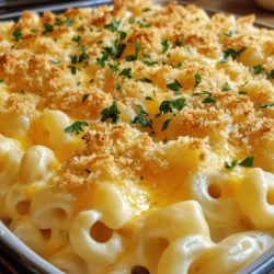 To make my Four Cheese Baked Mac and Cheese, gather these ingredients. Each cheese adds its own flavor, making this dish rich and creamy. - 8 ounces elbow macaroni - 1 cup sharp cheddar cheese, shredded - 1 cup mozzarella cheese, shredded - 1 cup gouda cheese, shredded - 1 cup cream cheese, softened - 3 cups milk - 4 tablespoons butter - 1/4 cup all-purpose flour - 1 teaspoon garlic powder - 1 teaspoon onion powder - 1/2 teaspoon paprika - Salt and pepper to taste - 1 cup breadcrumbs (for topping) - Fresh parsley, chopped (for garnish) Each ingredient plays an important role in the dish. The elbow macaroni gives the perfect shape to hold the cheese. The sharp cheddar brings a nice tang, while the mozzarella adds stretch. Gouda provides a deep, smoky flavor, and cream cheese makes it extra creamy. Butter and flour create a roux, which helps thicken the cheese sauce. The spices, like garlic and onion powder, add warmth. Milk makes everything smooth and rich. Breadcrumbs on top give a nice crunch when baked. Lastly, fresh parsley adds color and a fresh taste. You can find the complete cooking instructions in the Full Recipe. Enjoy making this cheesy delight! Cooking the macaroni Start by boiling a large pot of salted water. Add 8 ounces of elbow macaroni. Cook according to package instructions until al dente. Drain the pasta and set it aside. Preparing the cheese sauce In a separate pot, melt 4 tablespoons of butter over medium heat. Once melted, stir in 1/4 cup of all-purpose flour. Cook this mixture for 1-2 minutes, stirring constantly. This creates a roux, which thickens the sauce. Gradually whisk in 3 cups of milk. Keep whisking until the sauce thickens, which takes about 5-7 minutes. Add 1 teaspoon of garlic powder, 1 teaspoon of onion powder, and 1/2 teaspoon of paprika. Season with salt and pepper to taste. Remove the pot from heat and mix in 1 cup of softened cream cheese until smooth. Slowly add 1 cup of shredded sharp cheddar, 1 cup of shredded mozzarella, and 1 cup of shredded gouda. Stir until all cheese melts and the sauce is creamy. Combining the pasta with the cheese mixture Now, combine the cooked macaroni with the cheese sauce. Make sure every piece of pasta is coated in cheese. This is where the magic happens! Assembling in the baking dish Pour the mac and cheese mixture into a greased baking dish. Spread it evenly to ensure even cooking. Breadcrumb topping preparation In a small bowl, mix 1 cup of breadcrumbs with 1 tablespoon of melted butter. Stir until the breadcrumbs are evenly coated. Sprinkle this mixture over the mac and cheese. Baking time and temperature Preheat your oven to 350°F (175°C). Bake the dish for 25-30 minutes. You want the top to be golden brown and the cheese bubbly. Once baked, let it cool for a few minutes. Garnish with fresh parsley before serving. Enjoy your Four Cheese Baked Mac and Cheese! To make the best cheese sauce, you want a smooth and creamy mix. Start by making a roux. This is a mix of butter and flour. Cook it for one to two minutes over medium heat. This helps thicken your sauce. Then, slowly add the milk. Keep whisking until it thickens, which takes about five to seven minutes. For the cheese to melt well, use shredded cheese. Shredded cheese melts faster and blends better. I like to add the cream cheese first. It gives the sauce a rich and creamy texture. Once the cream cheese is smooth, add cheddar, mozzarella, and gouda. Stir until all the cheese is melted and creamy. To make your mac and cheese even better, add herbs and spices. I like garlic powder, onion powder, and paprika. These spices add depth and warmth to the dish. You can also try adding a pinch of nutmeg for a unique twist. Using a mix of cheeses can change the flavor a lot. Sharp cheddar gives a strong taste, while mozzarella adds stretch. Gouda offers a smoky flavor. You can also experiment with other cheeses like fontina or parmesan. Mixing different cheeses makes your dish more interesting and tasty. Check out the Full Recipe for more ideas. {{image_2}} You can try different types of pasta for a fun twist. Penne, fusilli, or even shells can add new shapes and textures. Each pasta style holds sauce differently, making your dish unique. Changing cheeses can also boost flavor. Try pepper jack for spice or fontina for creaminess. Mixing in blue cheese offers a bold taste. Feel free to experiment with your favorites! For a gluten-free version, swap regular pasta for gluten-free pasta. Many brands offer great options that taste just as good. Just check the cooking times, as they may vary. If you need a vegan option, use plant-based cheese and milk. Nutritional yeast can add a cheesy flavor without dairy. You can also use vegan butter to keep things rich and creamy. To store leftovers, let your Four Cheese Baked Mac and Cheese cool. Once cool, place it in an airtight container. This keeps it fresh for up to three days in the fridge. Make sure to cover it well to avoid drying out. When reheating, use a microwave or oven. If using a microwave, heat in short bursts. Stir between each burst to ensure even heating. If using an oven, preheat it to 350°F (175°C). Cover the dish with foil to keep moisture in. Bake for about 15-20 minutes until hot throughout. If you want to freeze your mac and cheese, start by letting it cool completely. Then, scoop it into freezer-safe containers. Leave some space at the top for expansion. Seal the containers tightly and label them with the date. You can freeze it for up to three months. To defrost, move your mac and cheese to the fridge overnight. If you're in a hurry, you can use the microwave. Heat it on low until it is soft. After thawing, you can reheat it like before for the best results. It takes about 45 minutes to cook Four Cheese Baked Mac and Cheese. You will spend 15 minutes prepping the ingredients and 30 minutes baking. This makes it easy for you to plan your meal. Yes, you can make it in advance. Prepare the dish up to the baking step. Cover it and store it in the fridge for a day. When you are ready, just bake it. You may need to add a few extra minutes to the baking time. The best cheeses for mac and cheese are sharp cheddar, mozzarella, gouda, and cream cheese. These cheeses blend well for a rich flavor. You can also mix in other cheeses for a unique twist. Experiment with your favorites! In this blog post, we explored the delicious world of Four Cheese Baked Mac and Cheese. You learned about key ingredients, how to make a creamy cheese sauce, and the perfect baking method. I shared tips for enhancing flavor and texture, plus fun variations like gluten-free and vegan options. Remember, you can store leftovers and even freeze them for later use. Cooking this dish is rewarding, and you can customize it to suit your taste. Enjoy your cheesy creation, and share it with friends and family!