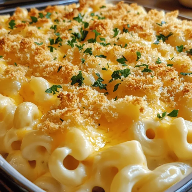 To make my Four Cheese Baked Mac and Cheese, gather these ingredients. Each cheese adds its own flavor, making this dish rich and creamy. - 8 ounces elbow macaroni - 1 cup sharp cheddar cheese, shredded - 1 cup mozzarella cheese, shredded - 1 cup gouda cheese, shredded - 1 cup cream cheese, softened - 3 cups milk - 4 tablespoons butter - 1/4 cup all-purpose flour - 1 teaspoon garlic powder - 1 teaspoon onion powder - 1/2 teaspoon paprika - Salt and pepper to taste - 1 cup breadcrumbs (for topping) - Fresh parsley, chopped (for garnish) Each ingredient plays an important role in the dish. The elbow macaroni gives the perfect shape to hold the cheese. The sharp cheddar brings a nice tang, while the mozzarella adds stretch. Gouda provides a deep, smoky flavor, and cream cheese makes it extra creamy. Butter and flour create a roux, which helps thicken the cheese sauce. The spices, like garlic and onion powder, add warmth. Milk makes everything smooth and rich. Breadcrumbs on top give a nice crunch when baked. Lastly, fresh parsley adds color and a fresh taste. You can find the complete cooking instructions in the Full Recipe. Enjoy making this cheesy delight! Cooking the macaroni Start by boiling a large pot of salted water. Add 8 ounces of elbow macaroni. Cook according to package instructions until al dente. Drain the pasta and set it aside. Preparing the cheese sauce In a separate pot, melt 4 tablespoons of butter over medium heat. Once melted, stir in 1/4 cup of all-purpose flour. Cook this mixture for 1-2 minutes, stirring constantly. This creates a roux, which thickens the sauce. Gradually whisk in 3 cups of milk. Keep whisking until the sauce thickens, which takes about 5-7 minutes. Add 1 teaspoon of garlic powder, 1 teaspoon of onion powder, and 1/2 teaspoon of paprika. Season with salt and pepper to taste. Remove the pot from heat and mix in 1 cup of softened cream cheese until smooth. Slowly add 1 cup of shredded sharp cheddar, 1 cup of shredded mozzarella, and 1 cup of shredded gouda. Stir until all cheese melts and the sauce is creamy. Combining the pasta with the cheese mixture Now, combine the cooked macaroni with the cheese sauce. Make sure every piece of pasta is coated in cheese. This is where the magic happens! Assembling in the baking dish Pour the mac and cheese mixture into a greased baking dish. Spread it evenly to ensure even cooking. Breadcrumb topping preparation In a small bowl, mix 1 cup of breadcrumbs with 1 tablespoon of melted butter. Stir until the breadcrumbs are evenly coated. Sprinkle this mixture over the mac and cheese. Baking time and temperature Preheat your oven to 350°F (175°C). Bake the dish for 25-30 minutes. You want the top to be golden brown and the cheese bubbly. Once baked, let it cool for a few minutes. Garnish with fresh parsley before serving. Enjoy your Four Cheese Baked Mac and Cheese! To make the best cheese sauce, you want a smooth and creamy mix. Start by making a roux. This is a mix of butter and flour. Cook it for one to two minutes over medium heat. This helps thicken your sauce. Then, slowly add the milk. Keep whisking until it thickens, which takes about five to seven minutes. For the cheese to melt well, use shredded cheese. Shredded cheese melts faster and blends better. I like to add the cream cheese first. It gives the sauce a rich and creamy texture. Once the cream cheese is smooth, add cheddar, mozzarella, and gouda. Stir until all the cheese is melted and creamy. To make your mac and cheese even better, add herbs and spices. I like garlic powder, onion powder, and paprika. These spices add depth and warmth to the dish. You can also try adding a pinch of nutmeg for a unique twist. Using a mix of cheeses can change the flavor a lot. Sharp cheddar gives a strong taste, while mozzarella adds stretch. Gouda offers a smoky flavor. You can also experiment with other cheeses like fontina or parmesan. Mixing different cheeses makes your dish more interesting and tasty. Check out the Full Recipe for more ideas. {{image_2}} You can try different types of pasta for a fun twist. Penne, fusilli, or even shells can add new shapes and textures. Each pasta style holds sauce differently, making your dish unique. Changing cheeses can also boost flavor. Try pepper jack for spice or fontina for creaminess. Mixing in blue cheese offers a bold taste. Feel free to experiment with your favorites! For a gluten-free version, swap regular pasta for gluten-free pasta. Many brands offer great options that taste just as good. Just check the cooking times, as they may vary. If you need a vegan option, use plant-based cheese and milk. Nutritional yeast can add a cheesy flavor without dairy. You can also use vegan butter to keep things rich and creamy. To store leftovers, let your Four Cheese Baked Mac and Cheese cool. Once cool, place it in an airtight container. This keeps it fresh for up to three days in the fridge. Make sure to cover it well to avoid drying out. When reheating, use a microwave or oven. If using a microwave, heat in short bursts. Stir between each burst to ensure even heating. If using an oven, preheat it to 350°F (175°C). Cover the dish with foil to keep moisture in. Bake for about 15-20 minutes until hot throughout. If you want to freeze your mac and cheese, start by letting it cool completely. Then, scoop it into freezer-safe containers. Leave some space at the top for expansion. Seal the containers tightly and label them with the date. You can freeze it for up to three months. To defrost, move your mac and cheese to the fridge overnight. If you're in a hurry, you can use the microwave. Heat it on low until it is soft. After thawing, you can reheat it like before for the best results. It takes about 45 minutes to cook Four Cheese Baked Mac and Cheese. You will spend 15 minutes prepping the ingredients and 30 minutes baking. This makes it easy for you to plan your meal. Yes, you can make it in advance. Prepare the dish up to the baking step. Cover it and store it in the fridge for a day. When you are ready, just bake it. You may need to add a few extra minutes to the baking time. The best cheeses for mac and cheese are sharp cheddar, mozzarella, gouda, and cream cheese. These cheeses blend well for a rich flavor. You can also mix in other cheeses for a unique twist. Experiment with your favorites! In this blog post, we explored the delicious world of Four Cheese Baked Mac and Cheese. You learned about key ingredients, how to make a creamy cheese sauce, and the perfect baking method. I shared tips for enhancing flavor and texture, plus fun variations like gluten-free and vegan options. Remember, you can store leftovers and even freeze them for later use. Cooking this dish is rewarding, and you can customize it to suit your taste. Enjoy your cheesy creation, and share it with friends and family!