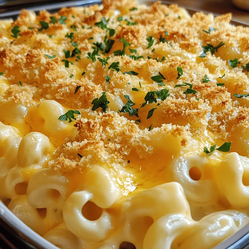 To make my Four Cheese Baked Mac and Cheese, gather these ingredients. Each cheese adds its own flavor, making this dish rich and creamy. - 8 ounces elbow macaroni - 1 cup sharp cheddar cheese, shredded - 1 cup mozzarella cheese, shredded - 1 cup gouda cheese, shredded - 1 cup cream cheese, softened - 3 cups milk - 4 tablespoons butter - 1/4 cup all-purpose flour - 1 teaspoon garlic powder - 1 teaspoon onion powder - 1/2 teaspoon paprika - Salt and pepper to taste - 1 cup breadcrumbs (for topping) - Fresh parsley, chopped (for garnish) Each ingredient plays an important role in the dish. The elbow macaroni gives the perfect shape to hold the cheese. The sharp cheddar brings a nice tang, while the mozzarella adds stretch. Gouda provides a deep, smoky flavor, and cream cheese makes it extra creamy. Butter and flour create a roux, which helps thicken the cheese sauce. The spices, like garlic and onion powder, add warmth. Milk makes everything smooth and rich. Breadcrumbs on top give a nice crunch when baked. Lastly, fresh parsley adds color and a fresh taste. You can find the complete cooking instructions in the Full Recipe. Enjoy making this cheesy delight! Cooking the macaroni Start by boiling a large pot of salted water. Add 8 ounces of elbow macaroni. Cook according to package instructions until al dente. Drain the pasta and set it aside. Preparing the cheese sauce In a separate pot, melt 4 tablespoons of butter over medium heat. Once melted, stir in 1/4 cup of all-purpose flour. Cook this mixture for 1-2 minutes, stirring constantly. This creates a roux, which thickens the sauce. Gradually whisk in 3 cups of milk. Keep whisking until the sauce thickens, which takes about 5-7 minutes. Add 1 teaspoon of garlic powder, 1 teaspoon of onion powder, and 1/2 teaspoon of paprika. Season with salt and pepper to taste. Remove the pot from heat and mix in 1 cup of softened cream cheese until smooth. Slowly add 1 cup of shredded sharp cheddar, 1 cup of shredded mozzarella, and 1 cup of shredded gouda. Stir until all cheese melts and the sauce is creamy. Combining the pasta with the cheese mixture Now, combine the cooked macaroni with the cheese sauce. Make sure every piece of pasta is coated in cheese. This is where the magic happens! Assembling in the baking dish Pour the mac and cheese mixture into a greased baking dish. Spread it evenly to ensure even cooking. Breadcrumb topping preparation In a small bowl, mix 1 cup of breadcrumbs with 1 tablespoon of melted butter. Stir until the breadcrumbs are evenly coated. Sprinkle this mixture over the mac and cheese. Baking time and temperature Preheat your oven to 350°F (175°C). Bake the dish for 25-30 minutes. You want the top to be golden brown and the cheese bubbly. Once baked, let it cool for a few minutes. Garnish with fresh parsley before serving. Enjoy your Four Cheese Baked Mac and Cheese! To make the best cheese sauce, you want a smooth and creamy mix. Start by making a roux. This is a mix of butter and flour. Cook it for one to two minutes over medium heat. This helps thicken your sauce. Then, slowly add the milk. Keep whisking until it thickens, which takes about five to seven minutes. For the cheese to melt well, use shredded cheese. Shredded cheese melts faster and blends better. I like to add the cream cheese first. It gives the sauce a rich and creamy texture. Once the cream cheese is smooth, add cheddar, mozzarella, and gouda. Stir until all the cheese is melted and creamy. To make your mac and cheese even better, add herbs and spices. I like garlic powder, onion powder, and paprika. These spices add depth and warmth to the dish. You can also try adding a pinch of nutmeg for a unique twist. Using a mix of cheeses can change the flavor a lot. Sharp cheddar gives a strong taste, while mozzarella adds stretch. Gouda offers a smoky flavor. You can also experiment with other cheeses like fontina or parmesan. Mixing different cheeses makes your dish more interesting and tasty. Check out the Full Recipe for more ideas. {{image_2}} You can try different types of pasta for a fun twist. Penne, fusilli, or even shells can add new shapes and textures. Each pasta style holds sauce differently, making your dish unique. Changing cheeses can also boost flavor. Try pepper jack for spice or fontina for creaminess. Mixing in blue cheese offers a bold taste. Feel free to experiment with your favorites! For a gluten-free version, swap regular pasta for gluten-free pasta. Many brands offer great options that taste just as good. Just check the cooking times, as they may vary. If you need a vegan option, use plant-based cheese and milk. Nutritional yeast can add a cheesy flavor without dairy. You can also use vegan butter to keep things rich and creamy. To store leftovers, let your Four Cheese Baked Mac and Cheese cool. Once cool, place it in an airtight container. This keeps it fresh for up to three days in the fridge. Make sure to cover it well to avoid drying out. When reheating, use a microwave or oven. If using a microwave, heat in short bursts. Stir between each burst to ensure even heating. If using an oven, preheat it to 350°F (175°C). Cover the dish with foil to keep moisture in. Bake for about 15-20 minutes until hot throughout. If you want to freeze your mac and cheese, start by letting it cool completely. Then, scoop it into freezer-safe containers. Leave some space at the top for expansion. Seal the containers tightly and label them with the date. You can freeze it for up to three months. To defrost, move your mac and cheese to the fridge overnight. If you're in a hurry, you can use the microwave. Heat it on low until it is soft. After thawing, you can reheat it like before for the best results. It takes about 45 minutes to cook Four Cheese Baked Mac and Cheese. You will spend 15 minutes prepping the ingredients and 30 minutes baking. This makes it easy for you to plan your meal. Yes, you can make it in advance. Prepare the dish up to the baking step. Cover it and store it in the fridge for a day. When you are ready, just bake it. You may need to add a few extra minutes to the baking time. The best cheeses for mac and cheese are sharp cheddar, mozzarella, gouda, and cream cheese. These cheeses blend well for a rich flavor. You can also mix in other cheeses for a unique twist. Experiment with your favorites! In this blog post, we explored the delicious world of Four Cheese Baked Mac and Cheese. You learned about key ingredients, how to make a creamy cheese sauce, and the perfect baking method. I shared tips for enhancing flavor and texture, plus fun variations like gluten-free and vegan options. Remember, you can store leftovers and even freeze them for later use. Cooking this dish is rewarding, and you can customize it to suit your taste. Enjoy your cheesy creation, and share it with friends and family!
